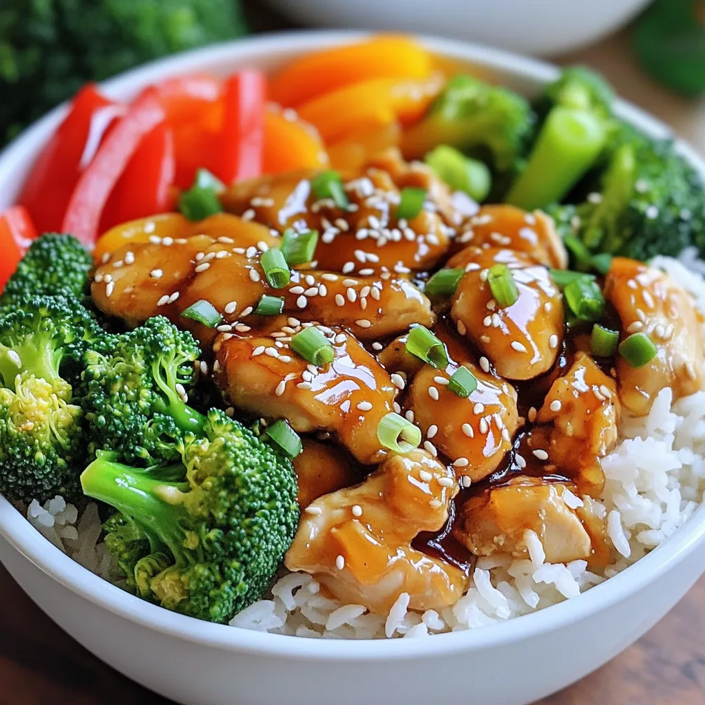 - 1 lb boneless, skinless chicken thighs - 1 cup cooked jasmine rice - 2 tablespoons honey - 2 tablespoons soy sauce - 1 tablespoon sesame oil - 1 tablespoon garlic, minced - 1 tablespoon ginger, minced - 1 cup broccoli florets - 1 red bell pepper, sliced - 2 green onions, sliced - Optional: Mixed greens or baby spinach For Honey Sesame Chicken Rice Bowls, the choice of ingredients matters. I love using tender chicken thighs. They soak up flavors well and stay juicy. You need about one pound. Pair this with one cup of fluffy jasmine rice as the base. Next, the marinade is key. It brings the dish together. Combine two tablespoons of honey for sweetness. Add two tablespoons of soy sauce for saltiness. Pour in one tablespoon of sesame oil for a nutty taste. Don't forget one tablespoon of minced garlic and ginger. These add zing and warmth. For veggies, I use one cup of broccoli florets and one red bell pepper. Slice the bell pepper to make it easy to eat. Green onions add a pop of color and flavor. I sometimes add mixed greens or baby spinach for extra crunch. Each ingredient adds to the taste and looks great in the bowl. Marinating chicken makes it juicy and full of flavor. The marinade adds depth to the meat. I mix honey, soy sauce, sesame oil, minced garlic, and minced ginger. After that, I add the diced chicken thighs and stir well. Let it marinate for at least 15 minutes. This short wait makes a big difference in taste. While the chicken marinates, I prepare the vegetables. I steam the broccoli florets for about 4-5 minutes. The broccoli should be tender but still bright green. It adds a nice crunch to the dish. Set the steamed broccoli aside as you continue cooking. For cooking, I use a non-stick skillet. I heat it over medium heat to avoid burning. Once hot, I add the marinated chicken and the marinade. I cook it for about 8-10 minutes. I stir frequently to ensure even cooking. The chicken is done when it turns golden brown and caramelized. In the last 2-3 minutes of cooking, I add the sliced red bell pepper. This gives the pepper time to soften slightly. It blends well with the chicken and adds color. To serve, I scoop cooked jasmine rice into bowls. I then top it with the honey sesame chicken and steamed broccoli. Finally, I sprinkle sesame seeds and sliced green onions on top. If I want extra flavor, I drizzle honey or soy sauce over it. This dish looks and tastes amazing! To make the best marinade for honey sesame chicken, mix honey, soy sauce, sesame oil, minced garlic, and minced ginger. Use a medium bowl and stir well. Add diced chicken thighs and coat them fully. Let the chicken sit for at least 15 minutes. This helps the flavors soak in. For an even better taste, marinate it longer if you have time. To stop chicken from sticking, use a non-stick skillet and heat it first. Add the marinated chicken and the marinade to the skillet. Cook on medium heat for about 8-10 minutes. Stir often to ensure even cooking. Look for the chicken to turn golden brown. This means it is caramelizing nicely. In the last few minutes, add sliced red bell pepper. This will soften and mix with the chicken. To make a lovely presentation, start with a scoop of jasmine rice in each bowl. Top it with honey sesame chicken and steamed broccoli. Sprinkle sesame seeds and sliced green onions on top. If you want, add a few leaves of mixed greens or baby spinach for color. This adds freshness and makes your dish pop. For extra flavor, drizzle a bit of honey or soy sauce over the top. {{image_2}} You can swap chicken for other proteins. Tofu works well for a vegetarian dish. Use firm tofu, cut into cubes, and marinate just like chicken. Shrimp is another option. Cook it for a shorter time, about 3-5 minutes until pink. Want to change the flavor? Try different sauces. Teriyaki sauce offers a sweet twist. Hoisin sauce adds a rich, savory taste. For a kick, add spice! Sriracha brings heat, while chili flakes can spice things up. Rice is great, but you can switch it up. Brown rice gives more fiber. Cauliflower rice is a low-carb choice. Other grains like quinoa or farro add unique textures and flavors. Quinoa is fluffy, and farro is chewy. Both make your bowl exciting! To keep your Honey Sesame Chicken Rice Bowls fresh, use airtight containers. Glass or plastic works well. Let the bowls cool to room temperature before sealing. This helps prevent moisture build-up. Store them in the fridge for up to three days. If you want to keep them longer, consider freezing them. When you’re ready to enjoy leftovers, safely reheat the chicken rice bowls in the microwave. Use a microwave-safe dish and cover it with a lid or microwave-safe wrap. Heat in short bursts, stirring every minute. This helps the dish heat evenly. To keep the chicken juicy, add a splash of water or broth before reheating. Avoid overheating, which can dry out the chicken. To freeze the components, first cool them completely. Store the chicken, rice, and veggies in separate bags or containers. This way, they won’t lose their texture. Use freezer-safe bags to save space. Label them with the date and contents. For the best taste, use them within three months. When you’re ready to eat, thaw them overnight in the fridge. Reheat as mentioned above for a quick meal. The total cooking time for Honey Sesame Chicken Rice Bowls is about 30 minutes. This includes 15 minutes for marinating the chicken and another 15 minutes for cooking. You will find it quick and easy to prepare this meal! Yes, you can make these rice bowls ahead of time! Just prepare the chicken and veggies, then store them in the fridge. They will stay fresh for up to three days. When you're ready to eat, simply reheat on the stove or in the microwave. To add spice, try adding sriracha or chili flakes to the marinade. You can also include sliced jalapeños when you cook the chicken. This will give your dish a nice kick while keeping the sweet flavor of honey. You can serve these rice bowls with a fresh salad or steamed vegetables. Some good options include: - Cucumber salad - Edamame - Garlic green beans - Asian slaw These sides will complement the flavors and make your meal even better! In this blog post, we covered how to make Honey Sesame Chicken Rice Bowls. I provided a list of key ingredients, including chicken, rice, and fresh veggies. You learned about marinating chicken and cooking tips for the best results. Try different flavors or proteins for fun variations. Remember to store leftovers in good containers to keep them fresh. These bowls are simple, tasty, and perfect for any meal. Enjoy your cooking adventure!