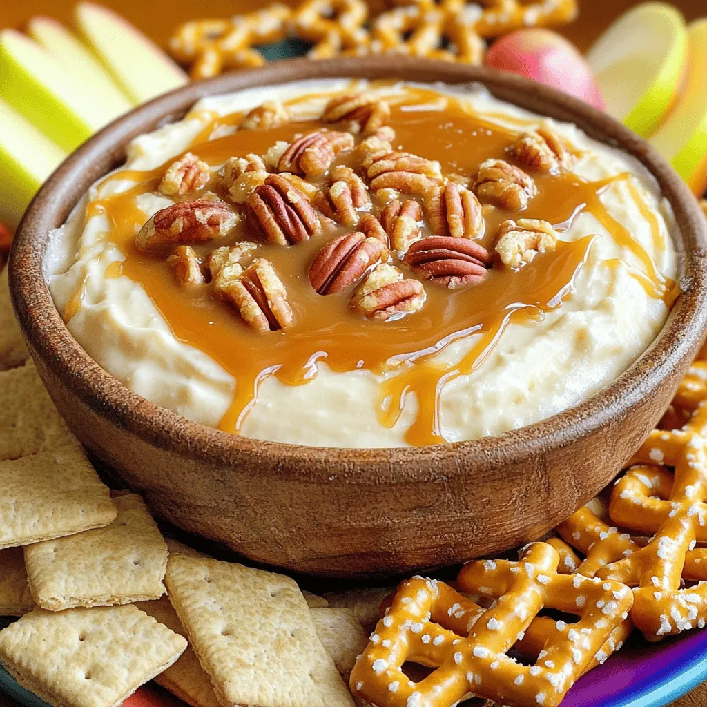 To make this creamy dip, you need a few key items: - 1 (8-ounce) package cream cheese, softened - 1 cup powdered sugar - 1 teaspoon vanilla extract - 1 cup sour cream - 1/2 cup caramel sauce (plus extra for drizzling) - 1/2 cup chopped pecans (toasted if preferred) - 1 teaspoon ground cinnamon These ingredients work together to create a rich and smooth flavor. The cream cheese gives the dip its base. The powdered sugar adds sweetness. The caramel sauce brings a gooey texture. The pecans add crunch, which makes each bite fun. While the dip is great on its own, you can make it even better with some extras: - Graham crackers - Apple slices - Pretzel sticks You can also add a drizzle of extra caramel sauce on top. Some chopped pecans make a nice touch too. A cinnamon stick can add a pop of color and flavor. If you need to swap some items, don’t worry! Here are a few ideas: - Use Greek yogurt instead of sour cream for a tangy twist. - Substitute maple syrup for caramel sauce if you want a different flavor. - If you don't have pecans, walnuts or almonds work well too. These swaps can change the taste a bit, but they still keep the dip tasty and fun! Start with your cream cheese. Place it in a medium mixing bowl. I like to use an electric mixer for this step. Beat the cream cheese until it is smooth and fluffy. This usually takes about one minute. Next, gradually add the powdered sugar. Mix until it combines well. You want a creamy texture, free of lumps. Then, stir in the vanilla extract and sour cream. Keep mixing until the dip is lush and smooth. Now it’s time to add flavor. Pour in the caramel sauce. Mix it into the base until everything is well combined. The dip should now have a rich, sweet flavor. Next, fold in the chopped pecans and ground cinnamon. This adds crunch and warmth to your dip. Make sure the pecans and cinnamon spread evenly. Transfer your dip into a serving bowl. Drizzle extra caramel sauce over the top. This adds a lovely shine. For a crunchy finish, top with more chopped pecans. Serve the dip with graham crackers, apple slices, or pretzel sticks. This gives a nice mix of sweet and salty flavors. To make it pretty, arrange the dippers on a colorful platter. You can even add a cinnamon stick for a fun touch. Enjoy your tasty treat! To get the best dip, start with softened cream cheese. It mixes well and avoids lumps. Beat it with an electric mixer until it's fluffy. Gradually add powdered sugar, mixing after each addition. This keeps the dip creamy and smooth. After adding sour cream and vanilla, mix until it's fully blended. If you want a lighter dip, you can fold in whipped cream at the end. This adds air and makes it even fluffier! To toast pecans, start by chopping them if they are whole. Spread the nuts on a baking sheet. Place them in an oven set to 350°F. Toast for about 5 to 7 minutes. Keep an eye on them; they burn easily! You want them golden brown and fragrant. Toasting enhances their flavor and crunch. Always let them cool before adding them to the dip. For a fun and colorful display, use a bright platter. Arrange your dippers like graham crackers, apple slices, or pretzel sticks around the dip. Drizzle extra caramel sauce on top for an eye-catching finish. You can also sprinkle more chopped pecans on top. For a special touch, add a cinnamon stick as a garnish. This makes your dip look fancy and inviting. {{image_2}} You can easily add chocolate chips to this dip. Just mix in 1/2 cup of mini chocolate chips after you fold in the pecans. This adds a sweet and rich flavor. It makes the dip even more fun and tasty. The chocolate pairs well with the caramel and cream cheese. You can serve it with graham crackers or fruit for a sweet treat. For a lighter dip, switch cream cheese for Greek yogurt. Use low-fat sour cream too. You can also cut the powdered sugar in half. This keeps the dip tasty but cuts down on calories. Use fresh fruit, like strawberries or bananas, for a fresh twist. These swaps make it healthier while still being delicious. Try adding seasonal spices to change the flavor. In fall, mix in pumpkin spice for a cozy feel. For summer, add a splash of lemon juice for brightness. You can even fold in some chopped fresh apples for a crunchy texture. Each season offers a chance to change the dip. This keeps it exciting and new every time you make it. Store leftover caramel pecan cheesecake dip in an airtight container. Keep it in the fridge. This dip stays fresh for about three days. If you want to enjoy it later, cover it well. It’s best to use it within that time frame for the best taste. You can freeze this dip for up to two months. Transfer it to a freezer-safe container. Make sure to leave some space at the top. The dip will expand as it freezes. When ready to eat, thaw it overnight in the fridge. To refresh the dip, let it sit at room temperature for 30 minutes. If it seems too thick, mix in a splash of milk or cream. You can also reheat it gently in the microwave. Use short intervals to avoid melting it too much. Stir well after each interval until it's smooth again. Yes, you can make this dip ahead of time. It stays fresh in the fridge for about three days. Just make sure to cover it well. This way, it will taste great when you serve it. If you need a substitute for cream cheese, try mascarpone cheese. You can also use Greek yogurt for a lighter option. Both will give you a creamy texture. The dip lasts for about three days in the fridge. After that, it may lose its taste and texture. Always check for any signs of spoilage before you dig in. Yes, you can use different nuts like walnuts or almonds. They can add a nice crunch and flavor. Just chop them up and mix them in. Yes, this dip is very kid-friendly. The sweet caramel and creamy texture make it a hit. Serve it with apple slices or graham crackers for a fun snack. To make it dairy-free, use a vegan cream cheese alternative. You can also replace sour cream with a plant-based yogurt. Just make sure all your ingredients are dairy-free. To give the dip a kick, add a pinch of cayenne pepper or chili powder. Start with a small amount and adjust to your taste. It will add an interesting twist to the sweet flavors. Absolutely! Store-bought caramel sauce works great in this recipe. It saves you time and still tastes delicious. Just drizzle it on top when serving. Caramel pecan cheesecake dip combines rich flavors and creamy texture for a perfect snack. We reviewed essential ingredients and substitutions to suit your taste. The step-by-step guide helps you mix and serve with ease. You learned tips for the best consistency and ways to toast pecans. Variations let you explore flavors while storage tips keep your dip fresh. Enjoy making this tasty treat again and again!
