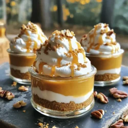 To make these No-Bake Caramel Pumpkin Pie Cups, you need the following: - 1 cup graham cracker crumbs - 1/4 cup unsalted butter, melted - 1/4 cup brown sugar - 1 cup pumpkin puree - 1/2 cup cream cheese, softened - 1/2 cup powdered sugar - 1/2 teaspoon vanilla extract - 1 teaspoon pumpkin pie spice - 1 cup whipped cream (store-bought or homemade) - 1/4 cup caramel sauce (for drizzling) - Optional: chopped pecans or walnuts for topping You can switch some ingredients for different flavors. Try these: - Use coconut oil instead of butter for a dairy-free option. - Swap brown sugar with maple syrup for a richer taste. - Replace cream cheese with silken tofu for a vegan option. - Use a gluten-free graham cracker for a gluten-free crust. Accurate measuring makes a big difference in baking. Here are some tips: - Use a dry measuring cup for the graham cracker crumbs. - Pack brown sugar into the cup firmly to get the right amount. - Level off the powdered sugar with a straight edge for accuracy. - For pumpkin puree, scoop it directly from the can without packing. - Use a kitchen scale if possible for precise measurements. These tips help ensure your No-Bake Caramel Pumpkin Pie Cups turn out perfectly delicious! To make the crust, you need three simple ingredients: graham cracker crumbs, melted butter, and brown sugar. 1. In a mixing bowl, combine 1 cup of graham cracker crumbs, 1/4 cup of melted unsalted butter, and 1/4 cup of brown sugar. 2. Mix well until the crumbs are evenly coated. The mixture should feel like wet sand. 3. Next, divide this mixture evenly into your serving cups or small jars. 4. Press it down firmly to form a solid layer at the bottom. This step is key for a sturdy crust. Now, let’s create that creamy pumpkin filling that makes these cups special. 1. In another bowl, whisk together 1 cup of pumpkin puree, 1/2 cup of softened cream cheese, 1/2 cup of powdered sugar, 1/2 teaspoon of vanilla extract, and 1 teaspoon of pumpkin pie spice. 2. Keep whisking until the mixture is smooth and creamy. 3. Once it’s well combined, gently fold in 1 cup of whipped cream. This adds lightness to your filling. 4. Make sure not to deflate the whipped cream too much. You want it fluffy! Now comes the fun part—putting it all together! 1. Spoon the pumpkin filling generously on top of the graham cracker crusts in each cup. 2. Be generous! You want a good layer of filling. 3. Drizzle 1/4 cup of caramel sauce over the pumpkin layer. This adds a rich, sweet touch. 4. If you want extra crunch, sprinkle some chopped pecans or walnuts on top. 5. Finally, refrigerate the cups for at least 2 hours. This helps the layers set nicely before serving. Before you serve, top them with more whipped cream and a final drizzle of caramel sauce. Enjoy! To make great whipped cream, start with cold heavy cream. Use a clean bowl and beaters. Whip the cream on medium speed. This helps to build air and volume. When it thickens, add powdered sugar. This will sweeten it and help it hold its shape. Keep whipping until soft peaks form. Don’t over-whip. If it looks grainy, you have gone too far. Chill your No-Bake Caramel Pumpkin Pie Cups for at least two hours. This helps the layers set well. Cover them with plastic wrap to keep them fresh. If you stack them, place parchment paper between cups. This will prevent sticking. Keep them in the coldest part of your fridge. This helps keep the texture creamy and smooth. Avoid these common mistakes for the best results. First, don’t skip chilling the cups. This step is key for texture. Second, don’t over-mix the pumpkin filling. You want it smooth but not runny. Lastly, watch the whipped cream. If you whip it too much, it can turn to butter. Keep it light and fluffy for the best taste. {{image_2}} You can change up the toppings for your No-Bake Caramel Pumpkin Pie Cups. Try adding chocolate chips for a sweet twist. Crushed cookies add a fun crunch. You could also use coconut flakes for a tropical touch. Consider a mix of nuts for added flavor and texture. If you're feeling adventurous, drizzle some melted chocolate on top too! To make these cups dairy-free or vegan, swap the cream cheese for a vegan cream cheese. Use coconut cream in place of whipped cream for a rich texture. Replace regular butter with coconut oil or a plant-based butter. For the caramel sauce, choose a vegan brand or make your own with coconut milk and sugar. These changes keep the dessert creamy and delicious! You can adjust the flavors based on the season. For a winter twist, add a hint of peppermint extract to the filling. In spring, mix in fresh berries for a fruity flavor. For summer, use lemon zest to brighten the taste. Each adjustment gives your cups a unique flair and keeps them exciting year-round! To store your No-Bake Caramel Pumpkin Pie Cups, place them in an airtight container. If you use jars, just cover them tightly with lids. Keep the cups in the fridge. This method keeps the flavors fresh and the texture nice. No-bake desserts like these pumpkin cups stay good in the fridge for about 3 to 5 days. After that, they may lose flavor and texture. Always check for any signs of spoilage before eating. You can freeze these cups, too! To do this, let them set in the fridge first. After that, cover them with plastic wrap and then foil. They can last up to 2 months in the freezer. When ready to eat, thaw them in the fridge overnight. Enjoy the sweet, creamy taste even after freezing! Yes, you can make these cups ahead of time. I often prepare them a day in advance. This gives the layers time to set and flavors to blend. Just cover them tightly with plastic wrap and store them in the fridge until you are ready to serve. They taste even better after chilling! If you can’t find pumpkin puree, use mashed sweet potatoes. They have a similar texture and sweet flavor. You can also use butternut squash puree as a good choice. Just make sure to check for added sugar in the store-bought versions. Both will work well in this recipe. To make the crust gluten-free, use gluten-free graham cracker crumbs. Many brands offer tasty options. You can also use crushed gluten-free cookies or almond flour as a base. Mix them with melted butter and sugar just like the recipe states. It’s that easy! This blog post covered all you need to make delicious no-bake pumpkin cups. We discussed the right ingredients, how to create the perfect crust, and tips for perfect whipped cream. You learned variations to suit your taste and how to store leftovers properly. Remember, slight changes can make your dessert unique. Use the tips and tricks to avoid mistakes. Embrace your creativity and enjoy making these tasty treats!