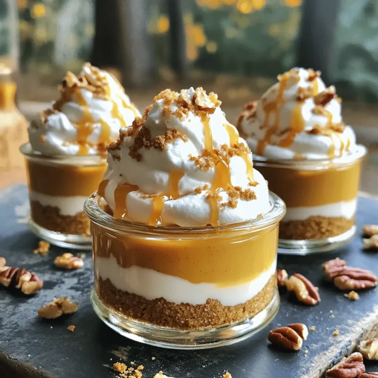 To make these No-Bake Caramel Pumpkin Pie Cups, you need the following: - 1 cup graham cracker crumbs - 1/4 cup unsalted butter, melted - 1/4 cup brown sugar - 1 cup pumpkin puree - 1/2 cup cream cheese, softened - 1/2 cup powdered sugar - 1/2 teaspoon vanilla extract - 1 teaspoon pumpkin pie spice - 1 cup whipped cream (store-bought or homemade) - 1/4 cup caramel sauce (for drizzling) - Optional: chopped pecans or walnuts for topping You can switch some ingredients for different flavors. Try these: - Use coconut oil instead of butter for a dairy-free option. - Swap brown sugar with maple syrup for a richer taste. - Replace cream cheese with silken tofu for a vegan option. - Use a gluten-free graham cracker for a gluten-free crust. Accurate measuring makes a big difference in baking. Here are some tips: - Use a dry measuring cup for the graham cracker crumbs. - Pack brown sugar into the cup firmly to get the right amount. - Level off the powdered sugar with a straight edge for accuracy. - For pumpkin puree, scoop it directly from the can without packing. - Use a kitchen scale if possible for precise measurements. These tips help ensure your No-Bake Caramel Pumpkin Pie Cups turn out perfectly delicious! To make the crust, you need three simple ingredients: graham cracker crumbs, melted butter, and brown sugar. 1. In a mixing bowl, combine 1 cup of graham cracker crumbs, 1/4 cup of melted unsalted butter, and 1/4 cup of brown sugar. 2. Mix well until the crumbs are evenly coated. The mixture should feel like wet sand. 3. Next, divide this mixture evenly into your serving cups or small jars. 4. Press it down firmly to form a solid layer at the bottom. This step is key for a sturdy crust. Now, let’s create that creamy pumpkin filling that makes these cups special. 1. In another bowl, whisk together 1 cup of pumpkin puree, 1/2 cup of softened cream cheese, 1/2 cup of powdered sugar, 1/2 teaspoon of vanilla extract, and 1 teaspoon of pumpkin pie spice. 2. Keep whisking until the mixture is smooth and creamy. 3. Once it’s well combined, gently fold in 1 cup of whipped cream. This adds lightness to your filling. 4. Make sure not to deflate the whipped cream too much. You want it fluffy! Now comes the fun part—putting it all together! 1. Spoon the pumpkin filling generously on top of the graham cracker crusts in each cup. 2. Be generous! You want a good layer of filling. 3. Drizzle 1/4 cup of caramel sauce over the pumpkin layer. This adds a rich, sweet touch. 4. If you want extra crunch, sprinkle some chopped pecans or walnuts on top. 5. Finally, refrigerate the cups for at least 2 hours. This helps the layers set nicely before serving. Before you serve, top them with more whipped cream and a final drizzle of caramel sauce. Enjoy! To make great whipped cream, start with cold heavy cream. Use a clean bowl and beaters. Whip the cream on medium speed. This helps to build air and volume. When it thickens, add powdered sugar. This will sweeten it and help it hold its shape. Keep whipping until soft peaks form. Don’t over-whip. If it looks grainy, you have gone too far. Chill your No-Bake Caramel Pumpkin Pie Cups for at least two hours. This helps the layers set well. Cover them with plastic wrap to keep them fresh. If you stack them, place parchment paper between cups. This will prevent sticking. Keep them in the coldest part of your fridge. This helps keep the texture creamy and smooth. Avoid these common mistakes for the best results. First, don’t skip chilling the cups. This step is key for texture. Second, don’t over-mix the pumpkin filling. You want it smooth but not runny. Lastly, watch the whipped cream. If you whip it too much, it can turn to butter. Keep it light and fluffy for the best taste. {{image_2}} You can change up the toppings for your No-Bake Caramel Pumpkin Pie Cups. Try adding chocolate chips for a sweet twist. Crushed cookies add a fun crunch. You could also use coconut flakes for a tropical touch. Consider a mix of nuts for added flavor and texture. If you're feeling adventurous, drizzle some melted chocolate on top too! To make these cups dairy-free or vegan, swap the cream cheese for a vegan cream cheese. Use coconut cream in place of whipped cream for a rich texture. Replace regular butter with coconut oil or a plant-based butter. For the caramel sauce, choose a vegan brand or make your own with coconut milk and sugar. These changes keep the dessert creamy and delicious! You can adjust the flavors based on the season. For a winter twist, add a hint of peppermint extract to the filling. In spring, mix in fresh berries for a fruity flavor. For summer, use lemon zest to brighten the taste. Each adjustment gives your cups a unique flair and keeps them exciting year-round! To store your No-Bake Caramel Pumpkin Pie Cups, place them in an airtight container. If you use jars, just cover them tightly with lids. Keep the cups in the fridge. This method keeps the flavors fresh and the texture nice. No-bake desserts like these pumpkin cups stay good in the fridge for about 3 to 5 days. After that, they may lose flavor and texture. Always check for any signs of spoilage before eating. You can freeze these cups, too! To do this, let them set in the fridge first. After that, cover them with plastic wrap and then foil. They can last up to 2 months in the freezer. When ready to eat, thaw them in the fridge overnight. Enjoy the sweet, creamy taste even after freezing! Yes, you can make these cups ahead of time. I often prepare them a day in advance. This gives the layers time to set and flavors to blend. Just cover them tightly with plastic wrap and store them in the fridge until you are ready to serve. They taste even better after chilling! If you can’t find pumpkin puree, use mashed sweet potatoes. They have a similar texture and sweet flavor. You can also use butternut squash puree as a good choice. Just make sure to check for added sugar in the store-bought versions. Both will work well in this recipe. To make the crust gluten-free, use gluten-free graham cracker crumbs. Many brands offer tasty options. You can also use crushed gluten-free cookies or almond flour as a base. Mix them with melted butter and sugar just like the recipe states. It’s that easy! This blog post covered all you need to make delicious no-bake pumpkin cups. We discussed the right ingredients, how to create the perfect crust, and tips for perfect whipped cream. You learned variations to suit your taste and how to store leftovers properly. Remember, slight changes can make your dessert unique. Use the tips and tricks to avoid mistakes. Embrace your creativity and enjoy making these tasty treats!