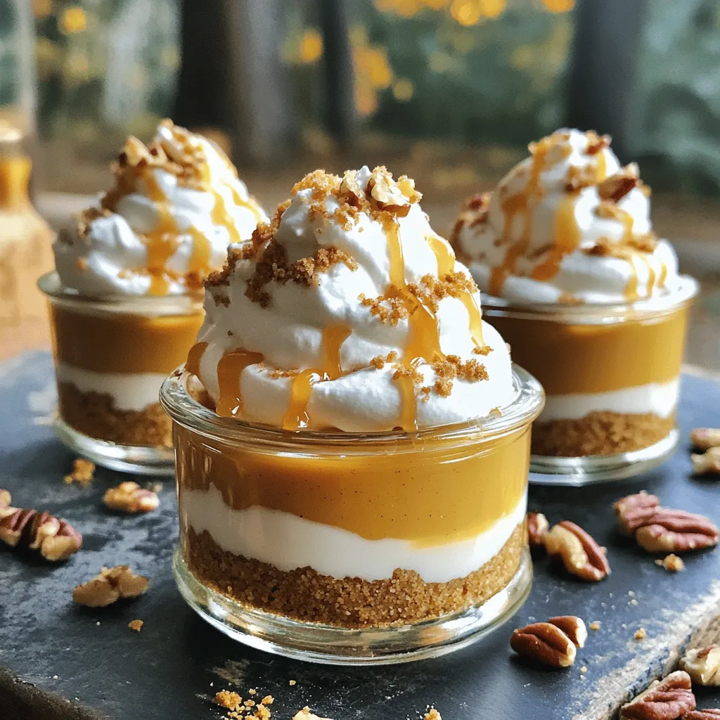 To make these No-Bake Caramel Pumpkin Pie Cups, you need the following: - 1 cup graham cracker crumbs - 1/4 cup unsalted butter, melted - 1/4 cup brown sugar - 1 cup pumpkin puree - 1/2 cup cream cheese, softened - 1/2 cup powdered sugar - 1/2 teaspoon vanilla extract - 1 teaspoon pumpkin pie spice - 1 cup whipped cream (store-bought or homemade) - 1/4 cup caramel sauce (for drizzling) - Optional: chopped pecans or walnuts for topping You can switch some ingredients for different flavors. Try these: - Use coconut oil instead of butter for a dairy-free option. - Swap brown sugar with maple syrup for a richer taste. - Replace cream cheese with silken tofu for a vegan option. - Use a gluten-free graham cracker for a gluten-free crust. Accurate measuring makes a big difference in baking. Here are some tips: - Use a dry measuring cup for the graham cracker crumbs. - Pack brown sugar into the cup firmly to get the right amount. - Level off the powdered sugar with a straight edge for accuracy. - For pumpkin puree, scoop it directly from the can without packing. - Use a kitchen scale if possible for precise measurements. These tips help ensure your No-Bake Caramel Pumpkin Pie Cups turn out perfectly delicious! To make the crust, you need three simple ingredients: graham cracker crumbs, melted butter, and brown sugar. 1. In a mixing bowl, combine 1 cup of graham cracker crumbs, 1/4 cup of melted unsalted butter, and 1/4 cup of brown sugar. 2. Mix well until the crumbs are evenly coated. The mixture should feel like wet sand. 3. Next, divide this mixture evenly into your serving cups or small jars. 4. Press it down firmly to form a solid layer at the bottom. This step is key for a sturdy crust. Now, let’s create that creamy pumpkin filling that makes these cups special. 1. In another bowl, whisk together 1 cup of pumpkin puree, 1/2 cup of softened cream cheese, 1/2 cup of powdered sugar, 1/2 teaspoon of vanilla extract, and 1 teaspoon of pumpkin pie spice. 2. Keep whisking until the mixture is smooth and creamy. 3. Once it’s well combined, gently fold in 1 cup of whipped cream. This adds lightness to your filling. 4. Make sure not to deflate the whipped cream too much. You want it fluffy! Now comes the fun part—putting it all together! 1. Spoon the pumpkin filling generously on top of the graham cracker crusts in each cup. 2. Be generous! You want a good layer of filling. 3. Drizzle 1/4 cup of caramel sauce over the pumpkin layer. This adds a rich, sweet touch. 4. If you want extra crunch, sprinkle some chopped pecans or walnuts on top. 5. Finally, refrigerate the cups for at least 2 hours. This helps the layers set nicely before serving. Before you serve, top them with more whipped cream and a final drizzle of caramel sauce. Enjoy! To make great whipped cream, start with cold heavy cream. Use a clean bowl and beaters. Whip the cream on medium speed. This helps to build air and volume. When it thickens, add powdered sugar. This will sweeten it and help it hold its shape. Keep whipping until soft peaks form. Don’t over-whip. If it looks grainy, you have gone too far. Chill your No-Bake Caramel Pumpkin Pie Cups for at least two hours. This helps the layers set well. Cover them with plastic wrap to keep them fresh. If you stack them, place parchment paper between cups. This will prevent sticking. Keep them in the coldest part of your fridge. This helps keep the texture creamy and smooth. Avoid these common mistakes for the best results. First, don’t skip chilling the cups. This step is key for texture. Second, don’t over-mix the pumpkin filling. You want it smooth but not runny. Lastly, watch the whipped cream. If you whip it too much, it can turn to butter. Keep it light and fluffy for the best taste. {{image_2}} You can change up the toppings for your No-Bake Caramel Pumpkin Pie Cups. Try adding chocolate chips for a sweet twist. Crushed cookies add a fun crunch. You could also use coconut flakes for a tropical touch. Consider a mix of nuts for added flavor and texture. If you're feeling adventurous, drizzle some melted chocolate on top too! To make these cups dairy-free or vegan, swap the cream cheese for a vegan cream cheese. Use coconut cream in place of whipped cream for a rich texture. Replace regular butter with coconut oil or a plant-based butter. For the caramel sauce, choose a vegan brand or make your own with coconut milk and sugar. These changes keep the dessert creamy and delicious! You can adjust the flavors based on the season. For a winter twist, add a hint of peppermint extract to the filling. In spring, mix in fresh berries for a fruity flavor. For summer, use lemon zest to brighten the taste. Each adjustment gives your cups a unique flair and keeps them exciting year-round! To store your No-Bake Caramel Pumpkin Pie Cups, place them in an airtight container. If you use jars, just cover them tightly with lids. Keep the cups in the fridge. This method keeps the flavors fresh and the texture nice. No-bake desserts like these pumpkin cups stay good in the fridge for about 3 to 5 days. After that, they may lose flavor and texture. Always check for any signs of spoilage before eating. You can freeze these cups, too! To do this, let them set in the fridge first. After that, cover them with plastic wrap and then foil. They can last up to 2 months in the freezer. When ready to eat, thaw them in the fridge overnight. Enjoy the sweet, creamy taste even after freezing! Yes, you can make these cups ahead of time. I often prepare them a day in advance. This gives the layers time to set and flavors to blend. Just cover them tightly with plastic wrap and store them in the fridge until you are ready to serve. They taste even better after chilling! If you can’t find pumpkin puree, use mashed sweet potatoes. They have a similar texture and sweet flavor. You can also use butternut squash puree as a good choice. Just make sure to check for added sugar in the store-bought versions. Both will work well in this recipe. To make the crust gluten-free, use gluten-free graham cracker crumbs. Many brands offer tasty options. You can also use crushed gluten-free cookies or almond flour as a base. Mix them with melted butter and sugar just like the recipe states. It’s that easy! This blog post covered all you need to make delicious no-bake pumpkin cups. We discussed the right ingredients, how to create the perfect crust, and tips for perfect whipped cream. You learned variations to suit your taste and how to store leftovers properly. Remember, slight changes can make your dessert unique. Use the tips and tricks to avoid mistakes. Embrace your creativity and enjoy making these tasty treats!