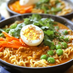 - 200g ramen noodles - 2 tablespoons peanut butter (smooth or crunchy) - 2 tablespoons chili crisp oil - 2 tablespoons soy sauce - 1 tablespoon sesame oil - 1 teaspoon rice vinegar To start, you need the right main ingredients for this tasty meal. Ramen noodles are the base of the dish. They are quick to cook and absorb flavors well. Peanut butter adds creaminess and richness. Chili crisp oil brings heat and crunch. Soy sauce adds depth, while sesame oil and rice vinegar give a nice balance to the flavors. - 1-2 scallions, finely chopped - 1 carrot, julienned - ½ cup snap peas, trimmed - 1 boiled egg, halved (optional) - Toasted sesame seeds for garnish - Fresh cilantro, for garnish Next, I love to add some vegetables to my ramen. Scallions give a fresh taste. Carrots add a sweet crunch. Snap peas bring a nice green element and keep things bright. The boiled egg is optional but adds protein and a creamy texture. Finally, sesame seeds and fresh cilantro make great garnishes. They elevate the dish and add more flavor. To cook the ramen, start with a large pot. Fill it with water and bring it to a boil. Once the water is bubbling, add 200g of ramen noodles. Cook them for about 3-4 minutes, following the package instructions. When the noodles are tender, drain them and set them aside. This step is easy, but timing is key to avoid mushy noodles. Next, you will prepare the sauce. In a mixing bowl, add 2 tablespoons of peanut butter, 2 tablespoons of chili crisp oil, 2 tablespoons of soy sauce, 1 tablespoon of sesame oil, and 1 teaspoon of rice vinegar. Use a whisk or fork to mix these ingredients together until the sauce is smooth. This sauce is the star of the dish, so make sure it's well combined. Now, it's time to sauté the vegetables. Heat a pan over medium heat and add a drizzle of sesame oil. Once the oil is warm, toss in the chopped scallions, julienned carrot, and snap peas. Sauté these for about 2-3 minutes. The goal is to make them tender but still crisp. Keep an eye on them to avoid overcooking. For the final assembly, add the cooked ramen noodles to the pan with the sautéed vegetables. Pour the peanut butter sauce over the noodles. Toss everything together gently until the noodles are fully coated in sauce. This step combines all the flavors into one delicious dish. Once mixed well, divide the ramen into bowls. If you like, top each bowl with a halved boiled egg, a sprinkle of toasted sesame seeds, and some fresh cilantro. Enjoy your tasty and quick meal! To make the sauce just right, taste as you go. Start with the basic mix of peanut butter, chili crisp oil, soy sauce, sesame oil, and rice vinegar. If you like it sweeter, add a bit more peanut butter. If you want it spicier, add more chili crisp oil. You can also add a splash of lime juice for a bright flavor. Experiment until it fits your taste. When cooking ramen noodles, timing is key. Follow the package instructions carefully. Usually, 3-4 minutes is enough. Keep an eye on them. Test a noodle to check if it is al dente—firm but not hard. Drain them quickly to stop the cooking process. Rinse them briefly under cold water to keep them from sticking together. Garnishes add fun and flavor. You can use halved boiled eggs for richness. Toasted sesame seeds add a nice crunch. Fresh cilantro gives a fresh taste. You can also add chili flakes for extra heat or diced avocado for creaminess. Feel free to mix and match based on what you love! {{image_2}} You can add protein to your Chili Crisp Peanut Butter Ramen. Here are some tasty choices: - Chicken: Cook bite-sized pieces in a pan until golden. - Tofu: Use firm tofu, cut into cubes, and sauté until crispy. - Shrimp: Sauté shrimp until pink and tender. Adding protein makes the meal more filling and adds flavor. Want more heat? You can easily boost the spice level. Here’s how: - Add an extra tablespoon of chili crisp oil for more flavor. - Toss in sliced fresh chili peppers, like jalapeños or Thai chilis. - If you like it very hot, use a hot sauce of your choice. This will give your ramen a fiery kick that pairs well with the creamy peanut butter. If you want to keep it vegetarian or vegan, here are some swaps: - Replace chicken with tofu or tempeh for protein. - Use vegetable broth instead of chicken broth if you need a base. - Ensure your chili crisp and soy sauce are vegan-friendly. These changes keep your dish delicious without any animal products. Store leftovers in an airtight container. This helps keep the ramen fresh. You can keep it in the fridge for up to three days. Make sure to cool the ramen completely before sealing it. This step prevents moisture build-up that can make the noodles soggy. To reheat ramen, place it in a pot over medium heat. Add a splash of water or broth to keep it moist. Stir gently as it heats up. You can also use the microwave. Place the ramen in a bowl and cover it with a damp paper towel. Heat for one to two minutes, stirring halfway through. You can freeze this dish for later. Divide the ramen into portions and place them in freezer-safe bags. Squeeze out the air before sealing. This helps prevent freezer burn. The ramen can last for about a month in the freezer. To eat, thaw it overnight in the fridge and reheat as usual. Chili crisp is a spicy oil blend. It contains chili flakes, garlic, and onions. People use it to add flavor and heat. It works well in many dishes, like ramen or rice. Yes, you can use other noodles. Try udon, soba, or even egg noodles. Rice noodles are a great gluten-free option. Just cook them according to package directions. To make this dish gluten-free, use gluten-free ramen noodles. Check labels on soy sauce and chili crisp. Choose gluten-free versions to ensure safety. To reduce heat, use less chili crisp oil. You can also add more peanut butter. Mix in coconut milk for creaminess. Adding more veggies can help balance the spice, too. In this blog post, we explored how to make a tasty ramen dish. We covered key ingredients like ramen noodles, peanut butter, and chili crisp oil. You learned step-by-step instructions for cooking perfect noodles and making a flavorful sauce. We shared tips to customize your ramen with vegetables and toppings. My final thoughts: Experiment with flavors and ingredients. Enjoy this easy dish any way you like!