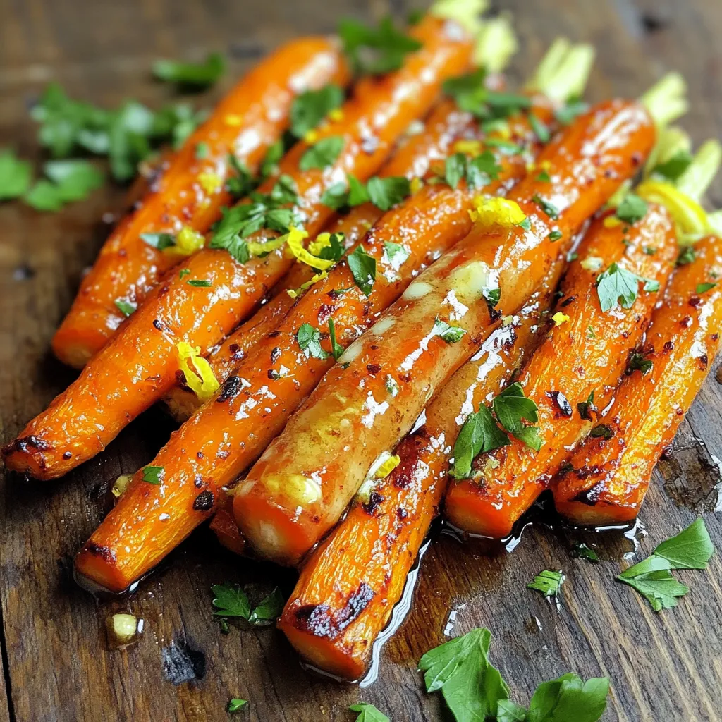 - 1 pound baby carrots, peeled - 4 tablespoons unsalted butter, melted - 4 cloves garlic, minced - 2 tablespoons fresh parsley, chopped - 1 teaspoon honey - Zest of 1 lemon - Salt and pepper to taste Gathering the right ingredients makes all the difference. Baby carrots are sweet and tender, perfect for roasting. You want fresh, bright orange ones for the best flavor. Unsalted butter adds richness. It helps the garlic flavor shine. Use good quality butter for the best taste. Garlic is the star here. Minced garlic gives a strong, tasty kick. The more garlic, the better! Fresh parsley adds color. It also brings a nice, light taste. Chop it finely so it mixes well. Honey adds a touch of sweetness. It balances the garlic and lemon. Just a teaspoon does the trick. Lemon zest brightens up the dish. It adds a fresh and zesty flavor. Make sure to zest only the yellow part, not the white. Lastly, don't forget salt and pepper. They enhance all the flavors. Adjust them to your taste. This mix of ingredients creates a simple and tasty dish. First, set your oven to 425°F (220°C). This high heat helps the carrots roast evenly. Preheating is key for a good texture. It takes just a few minutes. Next, grab a large mixing bowl. In it, combine 4 tablespoons of melted unsalted butter, 4 minced garlic cloves, and 1 teaspoon of honey. Add the zest of 1 lemon for freshness. Don't forget a pinch of salt and pepper. Mix everything well until combined. This mixture boosts flavor. Now, take 1 pound of peeled baby carrots. Add them to the bowl with the garlic butter mixture. Toss the carrots gently. Make sure each carrot gets a nice coat of the mixture. This step ensures every bite is tasty. Spread the coated carrots on a baking sheet. Use parchment paper to keep them from sticking. Place the baking sheet in the preheated oven. Roast for about 25-30 minutes. Stir the carrots halfway through. This helps them cook evenly and get that lovely caramel color. Once done, take the carrots out of the oven. They should be tender and slightly caramelized. Sprinkle 2 tablespoons of chopped fresh parsley on top for color and flavor. Serve the warm carrots as a delightful side dish. Enjoy the simple yet rich tastes! Roasting carrots brings out their natural sweetness. Start with baby carrots for quick prep. If you use larger carrots, cut them into equal pieces. This helps them cook evenly. Always dry the carrots well before roasting. Moisture can prevent them from caramelizing nicely. Garlic butter is key for flavor. Try adding spices like cumin or paprika for a twist. Fresh herbs like thyme or dill also work well. A squeeze of lemon juice adds brightness. For a sweet touch, a bit of brown sugar pairs nicely with honey. Use a sturdy mixing bowl for the garlic butter mix. A vegetable peeler makes quick work of peeling carrots. For even coating, a large spoon helps mix everything. A baking sheet lined with parchment paper keeps cleanup easy. Finally, a good chef’s knife ensures even cuts if you use larger carrots. {{image_2}} You can change the flavor of garlic butter roasted carrots by adding herbs and spices. Try thyme or rosemary for an earthy taste. A pinch of cumin gives a warm, smoky flavor. You can even add a dash of paprika for some heat. Experiment with what you like best! Each herb brings its own twist to the dish. Baby carrots are sweet and tender, but you can also use other types. Try using rainbow carrots for a colorful plate. They add a fun look and a mix of flavors. If you can find them, use purple or yellow carrots for a unique taste. Larger carrots work too; just slice them into even pieces for roasting. To make this dish more exciting, you can add sweet elements. Drizzle maple syrup instead of honey. This swap gives the carrots a rich, sweet glaze. You could also toss in some chopped pecans or walnuts for crunch. The mix of sweet and savory makes each bite interesting and yummy! After enjoying your garlic butter roasted carrots, store any leftovers in an airtight container. This keeps them fresh and tasty for later. Place the container in the fridge. They will last for up to three days. To reheat, you can follow the steps below. To reheat your leftover carrots, preheat your oven to 350°F (175°C). Spread the carrots on a baking sheet. Warm them for about 10-15 minutes. This helps restore their flavor. You can also use the microwave. Heat them in a bowl for about one minute. Stir and check if they are warm enough. You can freeze garlic butter roasted carrots for longer storage. First, let the carrots cool completely. Then, place them in a freezer-safe bag or container. Remove as much air as possible to prevent freezer burn. They can stay in the freezer for up to three months. When you're ready to use them, thaw in the fridge overnight. Reheat as mentioned above for a tasty side dish. Yes, you can use regular carrots. Just peel and cut them into sticks. Aim for similar size pieces to ensure even cooking. This helps them roast well and get tender. The carrots are done when they are tender and slightly caramelized. Use a fork to test them. They should be soft but not mushy. Look for a nice golden color for the best flavor. Yes, you can make this recipe vegan. Swap out the butter for a plant-based alternative. Use coconut oil or vegan butter. The garlic and honey can be replaced with maple syrup for sweetness. These carrots pair well with many dishes. Try serving them with roasted chicken or grilled fish. They also go great with quinoa or rice. Add a fresh salad for a complete meal. This blog covered how to make garlic butter roasted carrots with simple ingredients. We discussed the best practices for roasting, tips to enhance flavor, and creative variations. You now know how to store leftovers and reheat them easily. Remember, this dish is tasty and versatile, perfect for any meal. Try different herbs and spices to make it your own. Enjoy these carrots as a side dish or a healthy snack. Happy cooking!