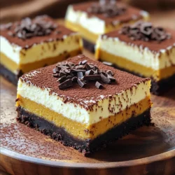 To make a crust for the Chocolate Pumpkin Cheesecake Bars, you need three key items: - 1 ½ cups graham cracker crumbs - ½ cup unsweetened cocoa powder - ½ cup unsalted butter, melted These ingredients mix together to form a rich, chocolatey base that holds the filling nicely. The cheesecake filling brings the flavor of fall to your bars. Here’s what you need: - 1 cup cream cheese, softened - 1 cup pumpkin puree (canned or fresh) - ¾ cup powdered sugar - ½ teaspoon vanilla extract - 1 teaspoon ground cinnamon - ½ teaspoon ground nutmeg - ½ teaspoon ground ginger - 1 cup whipped topping (like Cool Whip) This combination makes the filling smooth and creamy with a wonderful pumpkin spice flavor. To make these bars extra special, consider adding a few garnishes: - Dark chocolate shavings for a touch of elegance - A sprinkle of cocoa powder for a rich look - A dollop of extra whipped topping for creaminess These small touches enhance both the look and taste of your dessert. First, grab a medium bowl. In it, mix 1 ½ cups of graham cracker crumbs and ½ cup of unsweetened cocoa powder. Add ½ cup of melted unsalted butter. Stir until the mix looks like wet sand. Next, take a greased 9x9 inch baking pan and press the mixture firmly into the bottom. This forms the crust. Once done, place the pan in the freezer for about 15 minutes. This helps the crust set. Now, we’ll make the cheesecake filling. Take a large mixing bowl and beat 1 cup of softened cream cheese until it’s smooth and creamy. Then, add in 1 cup of pumpkin puree. Next, mix in ¾ cup of powdered sugar and ½ teaspoon of vanilla extract. Don’t forget to add 1 teaspoon of ground cinnamon, ½ teaspoon of ground nutmeg, and ½ teaspoon of ground ginger. Stir everything together until the mixture is smooth and well combined. After the filling is ready, gently fold in 1 cup of whipped topping. This makes the filling light and fluffy. Now, take the crust out of the freezer. Pour the cheesecake filling over the crust and spread it evenly with a spatula. Smooth the top to make it look nice. Cover the pan with plastic wrap and place it in the fridge. Let it chill for at least 4 hours. This allows the filling to firm up. Once set, cut the cheesecake into bars and add dark chocolate shavings on top for a tasty finish. To get a creamy, smooth texture, start with soft cream cheese. This helps mix easily. When adding the pumpkin puree and sugar, mix slowly. Don’t rush it. The key is to fold in the whipped topping gently. This keeps the filling light and airy. If you mix too fast, it can become dense. You can swap ingredients for your taste. Instead of graham cracker crumbs, use crushed cookies for a different flavor. If you want a bit more sweetness, try adding more sugar to the filling. You can also replace the pumpkin puree with sweet potato for a unique twist. If you don't have ground spices, use pumpkin pie spice as an easy option. Presentation matters when serving dessert. Cut the bars into neat squares for a tidy look. Use a sharp knife for clean cuts. To make it special, add dark chocolate shavings on top. You can also sprinkle cocoa powder around the bars on the plate. Serve them on a nice platter. A dollop of extra whipped topping adds a nice touch. For a fun twist, add a few chocolate chips on top! {{image_2}} You can change flavors to keep things fun. Try adding peanut butter for a nutty twist. Mixing in some maple syrup gives a sweet touch. If you love spices, add a hint of cardamom or cloves. These changes create unique taste profiles that can surprise your guests. If you need gluten-free options, swap graham crackers for gluten-free crumbs. You can use coconut oil instead of butter for a dairy-free crust. For a vegan take, use a vegan cream cheese and plant-based whipped topping. These swaps still give you that creamy texture while meeting your dietary needs. Toppings can make a big difference. Consider crushed nuts for crunch or fresh fruit for freshness. You can also drizzle caramel or chocolate sauce on top for extra flair. For the crust, try a chocolate cookie crust for a richer taste. This simple change can elevate your dessert even more. To store leftover cheesecake bars, place them in an airtight container. If you don’t have a container, you can wrap them tightly with plastic wrap. This keeps them fresh and prevents them from absorbing other smells in the fridge. Make sure to refrigerate them as soon as you're done serving. If you want to freeze the bars, cut them into squares first. Then, wrap each piece in plastic wrap. This helps keep them from getting freezer burn. After wrapping, place the bars in a freezer-safe bag or container. These bars can last up to three months in the freezer. When you are ready to eat them, let them thaw in the fridge overnight. These cheesecake bars stay fresh in the fridge for up to five days. Keep them covered to maintain their flavor and texture. If you notice any off smells or changes in texture, it’s best to toss them. For the best taste, enjoy them within a few days. Yes, you can make these cheesecake bars ahead of time. In fact, they taste even better after chilling. I recommend making them a day in advance. Just store them in the fridge, covered, until you are ready to serve. This way, the flavors have time to blend, and the texture firms up nicely. If you want to swap out whipped topping, there are a few great options. You can use heavy cream whipped to soft peaks. This gives a rich flavor. Another option is Greek yogurt for a tangy twist. Just keep in mind that using yogurt will change the taste a bit. Choose what fits your taste best! The cheesecake filling is set when it feels firm to the touch. After chilling for at least 4 hours, gently press the surface with your finger. If it springs back, it’s ready! You can also look for a slight sheen on the top. This shows that it has set well and is ready to cut into bars. You learned how to create delicious cheesecake bars, from crust to filling. The main ingredients make a great base, while tips ensure the best texture. You can customize flavors and toppings to fit your taste. Remember to store leftovers properly to keep them fresh. Enjoy experimenting with variations and impress your friends with your cheesecake skills. With these steps, you're ready to create something tasty. Now, go ahead and make your own cheesecake bars!