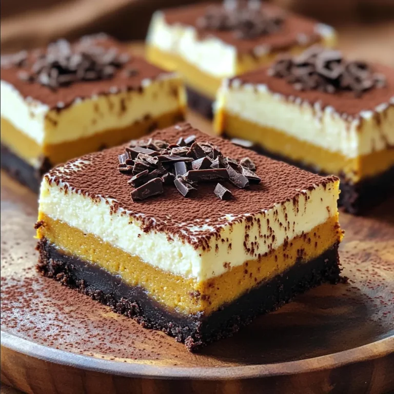 To make a crust for the Chocolate Pumpkin Cheesecake Bars, you need three key items: - 1 ½ cups graham cracker crumbs - ½ cup unsweetened cocoa powder - ½ cup unsalted butter, melted These ingredients mix together to form a rich, chocolatey base that holds the filling nicely. The cheesecake filling brings the flavor of fall to your bars. Here’s what you need: - 1 cup cream cheese, softened - 1 cup pumpkin puree (canned or fresh) - ¾ cup powdered sugar - ½ teaspoon vanilla extract - 1 teaspoon ground cinnamon - ½ teaspoon ground nutmeg - ½ teaspoon ground ginger - 1 cup whipped topping (like Cool Whip) This combination makes the filling smooth and creamy with a wonderful pumpkin spice flavor. To make these bars extra special, consider adding a few garnishes: - Dark chocolate shavings for a touch of elegance - A sprinkle of cocoa powder for a rich look - A dollop of extra whipped topping for creaminess These small touches enhance both the look and taste of your dessert. First, grab a medium bowl. In it, mix 1 ½ cups of graham cracker crumbs and ½ cup of unsweetened cocoa powder. Add ½ cup of melted unsalted butter. Stir until the mix looks like wet sand. Next, take a greased 9x9 inch baking pan and press the mixture firmly into the bottom. This forms the crust. Once done, place the pan in the freezer for about 15 minutes. This helps the crust set. Now, we’ll make the cheesecake filling. Take a large mixing bowl and beat 1 cup of softened cream cheese until it’s smooth and creamy. Then, add in 1 cup of pumpkin puree. Next, mix in ¾ cup of powdered sugar and ½ teaspoon of vanilla extract. Don’t forget to add 1 teaspoon of ground cinnamon, ½ teaspoon of ground nutmeg, and ½ teaspoon of ground ginger. Stir everything together until the mixture is smooth and well combined. After the filling is ready, gently fold in 1 cup of whipped topping. This makes the filling light and fluffy. Now, take the crust out of the freezer. Pour the cheesecake filling over the crust and spread it evenly with a spatula. Smooth the top to make it look nice. Cover the pan with plastic wrap and place it in the fridge. Let it chill for at least 4 hours. This allows the filling to firm up. Once set, cut the cheesecake into bars and add dark chocolate shavings on top for a tasty finish. To get a creamy, smooth texture, start with soft cream cheese. This helps mix easily. When adding the pumpkin puree and sugar, mix slowly. Don’t rush it. The key is to fold in the whipped topping gently. This keeps the filling light and airy. If you mix too fast, it can become dense. You can swap ingredients for your taste. Instead of graham cracker crumbs, use crushed cookies for a different flavor. If you want a bit more sweetness, try adding more sugar to the filling. You can also replace the pumpkin puree with sweet potato for a unique twist. If you don't have ground spices, use pumpkin pie spice as an easy option. Presentation matters when serving dessert. Cut the bars into neat squares for a tidy look. Use a sharp knife for clean cuts. To make it special, add dark chocolate shavings on top. You can also sprinkle cocoa powder around the bars on the plate. Serve them on a nice platter. A dollop of extra whipped topping adds a nice touch. For a fun twist, add a few chocolate chips on top! {{image_2}} You can change flavors to keep things fun. Try adding peanut butter for a nutty twist. Mixing in some maple syrup gives a sweet touch. If you love spices, add a hint of cardamom or cloves. These changes create unique taste profiles that can surprise your guests. If you need gluten-free options, swap graham crackers for gluten-free crumbs. You can use coconut oil instead of butter for a dairy-free crust. For a vegan take, use a vegan cream cheese and plant-based whipped topping. These swaps still give you that creamy texture while meeting your dietary needs. Toppings can make a big difference. Consider crushed nuts for crunch or fresh fruit for freshness. You can also drizzle caramel or chocolate sauce on top for extra flair. For the crust, try a chocolate cookie crust for a richer taste. This simple change can elevate your dessert even more. To store leftover cheesecake bars, place them in an airtight container. If you don’t have a container, you can wrap them tightly with plastic wrap. This keeps them fresh and prevents them from absorbing other smells in the fridge. Make sure to refrigerate them as soon as you're done serving. If you want to freeze the bars, cut them into squares first. Then, wrap each piece in plastic wrap. This helps keep them from getting freezer burn. After wrapping, place the bars in a freezer-safe bag or container. These bars can last up to three months in the freezer. When you are ready to eat them, let them thaw in the fridge overnight. These cheesecake bars stay fresh in the fridge for up to five days. Keep them covered to maintain their flavor and texture. If you notice any off smells or changes in texture, it’s best to toss them. For the best taste, enjoy them within a few days. Yes, you can make these cheesecake bars ahead of time. In fact, they taste even better after chilling. I recommend making them a day in advance. Just store them in the fridge, covered, until you are ready to serve. This way, the flavors have time to blend, and the texture firms up nicely. If you want to swap out whipped topping, there are a few great options. You can use heavy cream whipped to soft peaks. This gives a rich flavor. Another option is Greek yogurt for a tangy twist. Just keep in mind that using yogurt will change the taste a bit. Choose what fits your taste best! The cheesecake filling is set when it feels firm to the touch. After chilling for at least 4 hours, gently press the surface with your finger. If it springs back, it’s ready! You can also look for a slight sheen on the top. This shows that it has set well and is ready to cut into bars. You learned how to create delicious cheesecake bars, from crust to filling. The main ingredients make a great base, while tips ensure the best texture. You can customize flavors and toppings to fit your taste. Remember to store leftovers properly to keep them fresh. Enjoy experimenting with variations and impress your friends with your cheesecake skills. With these steps, you're ready to create something tasty. Now, go ahead and make your own cheesecake bars!