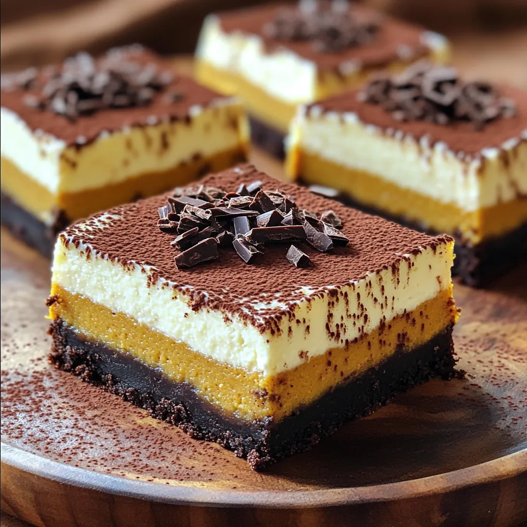 To make a crust for the Chocolate Pumpkin Cheesecake Bars, you need three key items: - 1 ½ cups graham cracker crumbs - ½ cup unsweetened cocoa powder - ½ cup unsalted butter, melted These ingredients mix together to form a rich, chocolatey base that holds the filling nicely. The cheesecake filling brings the flavor of fall to your bars. Here’s what you need: - 1 cup cream cheese, softened - 1 cup pumpkin puree (canned or fresh) - ¾ cup powdered sugar - ½ teaspoon vanilla extract - 1 teaspoon ground cinnamon - ½ teaspoon ground nutmeg - ½ teaspoon ground ginger - 1 cup whipped topping (like Cool Whip) This combination makes the filling smooth and creamy with a wonderful pumpkin spice flavor. To make these bars extra special, consider adding a few garnishes: - Dark chocolate shavings for a touch of elegance - A sprinkle of cocoa powder for a rich look - A dollop of extra whipped topping for creaminess These small touches enhance both the look and taste of your dessert. First, grab a medium bowl. In it, mix 1 ½ cups of graham cracker crumbs and ½ cup of unsweetened cocoa powder. Add ½ cup of melted unsalted butter. Stir until the mix looks like wet sand. Next, take a greased 9x9 inch baking pan and press the mixture firmly into the bottom. This forms the crust. Once done, place the pan in the freezer for about 15 minutes. This helps the crust set. Now, we’ll make the cheesecake filling. Take a large mixing bowl and beat 1 cup of softened cream cheese until it’s smooth and creamy. Then, add in 1 cup of pumpkin puree. Next, mix in ¾ cup of powdered sugar and ½ teaspoon of vanilla extract. Don’t forget to add 1 teaspoon of ground cinnamon, ½ teaspoon of ground nutmeg, and ½ teaspoon of ground ginger. Stir everything together until the mixture is smooth and well combined. After the filling is ready, gently fold in 1 cup of whipped topping. This makes the filling light and fluffy. Now, take the crust out of the freezer. Pour the cheesecake filling over the crust and spread it evenly with a spatula. Smooth the top to make it look nice. Cover the pan with plastic wrap and place it in the fridge. Let it chill for at least 4 hours. This allows the filling to firm up. Once set, cut the cheesecake into bars and add dark chocolate shavings on top for a tasty finish. To get a creamy, smooth texture, start with soft cream cheese. This helps mix easily. When adding the pumpkin puree and sugar, mix slowly. Don’t rush it. The key is to fold in the whipped topping gently. This keeps the filling light and airy. If you mix too fast, it can become dense. You can swap ingredients for your taste. Instead of graham cracker crumbs, use crushed cookies for a different flavor. If you want a bit more sweetness, try adding more sugar to the filling. You can also replace the pumpkin puree with sweet potato for a unique twist. If you don't have ground spices, use pumpkin pie spice as an easy option. Presentation matters when serving dessert. Cut the bars into neat squares for a tidy look. Use a sharp knife for clean cuts. To make it special, add dark chocolate shavings on top. You can also sprinkle cocoa powder around the bars on the plate. Serve them on a nice platter. A dollop of extra whipped topping adds a nice touch. For a fun twist, add a few chocolate chips on top! {{image_2}} You can change flavors to keep things fun. Try adding peanut butter for a nutty twist. Mixing in some maple syrup gives a sweet touch. If you love spices, add a hint of cardamom or cloves. These changes create unique taste profiles that can surprise your guests. If you need gluten-free options, swap graham crackers for gluten-free crumbs. You can use coconut oil instead of butter for a dairy-free crust. For a vegan take, use a vegan cream cheese and plant-based whipped topping. These swaps still give you that creamy texture while meeting your dietary needs. Toppings can make a big difference. Consider crushed nuts for crunch or fresh fruit for freshness. You can also drizzle caramel or chocolate sauce on top for extra flair. For the crust, try a chocolate cookie crust for a richer taste. This simple change can elevate your dessert even more. To store leftover cheesecake bars, place them in an airtight container. If you don’t have a container, you can wrap them tightly with plastic wrap. This keeps them fresh and prevents them from absorbing other smells in the fridge. Make sure to refrigerate them as soon as you're done serving. If you want to freeze the bars, cut them into squares first. Then, wrap each piece in plastic wrap. This helps keep them from getting freezer burn. After wrapping, place the bars in a freezer-safe bag or container. These bars can last up to three months in the freezer. When you are ready to eat them, let them thaw in the fridge overnight. These cheesecake bars stay fresh in the fridge for up to five days. Keep them covered to maintain their flavor and texture. If you notice any off smells or changes in texture, it’s best to toss them. For the best taste, enjoy them within a few days. Yes, you can make these cheesecake bars ahead of time. In fact, they taste even better after chilling. I recommend making them a day in advance. Just store them in the fridge, covered, until you are ready to serve. This way, the flavors have time to blend, and the texture firms up nicely. If you want to swap out whipped topping, there are a few great options. You can use heavy cream whipped to soft peaks. This gives a rich flavor. Another option is Greek yogurt for a tangy twist. Just keep in mind that using yogurt will change the taste a bit. Choose what fits your taste best! The cheesecake filling is set when it feels firm to the touch. After chilling for at least 4 hours, gently press the surface with your finger. If it springs back, it’s ready! You can also look for a slight sheen on the top. This shows that it has set well and is ready to cut into bars. You learned how to create delicious cheesecake bars, from crust to filling. The main ingredients make a great base, while tips ensure the best texture. You can customize flavors and toppings to fit your taste. Remember to store leftovers properly to keep them fresh. Enjoy experimenting with variations and impress your friends with your cheesecake skills. With these steps, you're ready to create something tasty. Now, go ahead and make your own cheesecake bars!