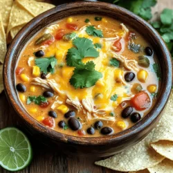 To make a delicious chicken enchilada soup, gather these key items: - 2 lbs boneless, skinless chicken breasts - 1 can (15 oz) black beans, rinsed and drained - 1 can (15 oz) corn, drained - 1 can (10 oz) enchilada sauce (red or green) - 1 can (28 oz) diced tomatoes with green chilies - 1 medium onion, diced - 4 cloves garlic, minced - 2 cups chicken broth - 1 teaspoon ground cumin - 1 teaspoon chili powder - 1/2 teaspoon smoked paprika - Salt and pepper to taste - 1 cup heavy cream (or coconut milk for a dairy-free option) - 1 cup shredded cheddar cheese (plus more for topping) These ingredients create a hearty base for the soup. Chicken breasts add protein, while beans and corn give texture. The spices and sauces bring depth and flavor. Consider these optional items to enhance your soup: - 1 can (4 oz) diced green chiles - 1 teaspoon lime juice - 1 teaspoon garlic powder - 1 teaspoon onion powder Adding diced green chiles gives more heat, while lime juice brightens the flavors. Garlic and onion powder can boost taste if you want more garlic or onion flavor without extra chopping. Toppings make your soup fun and special. Try these: - Fresh cilantro, chopped - Lime wedges - Extra shredded cheddar cheese - Avocado slices - Sour cream or Greek yogurt - Tortilla chips These toppings add color and texture. Cilantro and lime give freshness. Cheese and sour cream add creaminess, while chips offer a crunchy bite. Each topping allows for personal touches and makes each bowl unique. Start by placing the chicken breasts at the bottom of the slow cooker. This helps the chicken cook well and stay juicy. Next, chop the onion and mince the garlic. You can use a knife or a food processor for this. Add the diced onion and minced garlic on top of the chicken. Now it’s time to add the fun stuff! Layer in the black beans, corn, and diced tomatoes with their juice. Then, pour in the enchilada sauce, which adds great flavor. Sprinkle the ground cumin, chili powder, smoked paprika, salt, and pepper on top. This spice mix gives the soup its tasty kick! Cover the slow cooker and set it to low for 6 to 8 hours. If you’re short on time, you can set it to high for 3 to 4 hours. The longer cooking time makes the flavors blend well. You’ll know it’s ready when the chicken is tender and easy to shred. Once the cooking time is up, carefully take out the chicken breasts. Use two forks to shred them into bite-sized pieces. Return the shredded chicken to the soup. Now, add the heavy cream or coconut milk and the shredded cheddar cheese. Stir everything together and let it cook for 15 to 30 more minutes. This makes the soup creamy and rich. Serve the soup hot, garnished with fresh cilantro and extra cheese. The lime wedge on the side adds a fresh zing! Enjoy your savory chicken enchilada soup. To get the best flavor, layer your ingredients well. Start with chicken at the bottom. Follow with your beans, corn, and tomatoes. This order helps the chicken cook evenly. Use fresh garlic and onion for a punch of flavor. It’s key to chop them small. Make sure to stir the soup halfway through cooking. This helps mix the spices and flavors. You can switch out the chicken for beef or turkey if you like. If you want to make it lighter, use chicken thighs instead of breasts. For a vegetarian option, swap the chicken for extra beans or lentils. If you’re low on chicken broth, water works too, but the broth adds more flavor. You can also use different beans, like pinto or kidney beans, based on what you have. To make this soup dairy-free, use coconut milk instead of heavy cream. Coconut milk gives a nice creaminess and a hint of sweetness. For cheese, try a vegan cheese that melts well. There are many brands available now. You can also skip the cheese altogether and add avocado for creaminess. This makes the soup rich and tasty without dairy. {{image_2}} If you like heat, add more spices. Try using a spicy enchilada sauce. You can also add chopped jalapeños. A teaspoon of cayenne pepper gives an extra kick. Adjust the spice level based on your taste. This soup can warm you up on cold days! To make a vegetarian version, skip the chicken. Replace it with two cans of beans. Black beans and pinto beans work well. You can add more corn and diced bell peppers for flavor. Use vegetable broth instead of chicken broth. This option is tasty and satisfying! Feel free to add more veggies to the soup. Chopped zucchini or bell peppers add great texture. You can also toss in some spinach or kale for nutrients. Carrots can add a hint of sweetness. Mix and match your favorites to make it your own! To store your chicken enchilada soup, let it cool first. Once cool, place it in an airtight container. This helps keep it fresh. You can store it in the fridge for up to four days. Make sure to label the container with the date. This way, you won’t forget when you made it! When you are ready to enjoy leftovers, pour the soup into a pot. Heat it over medium heat. Stir it often to ensure even heating. You can also use the microwave. Just place the soup in a bowl and cover it. Heat for one to two minutes, stirring halfway through. Check the soup to make sure it is hot throughout. If it is not hot enough, heat it a bit longer. Freezing is a great option for longer storage. To freeze, let the soup cool completely. Then, pour it into freezer-safe bags or containers. Leave some space for expansion as the soup freezes. Label the bags with the date. You can freeze the soup for up to three months. When you are ready to eat it, just thaw it in the fridge overnight. Heat it on the stove or in the microwave when ready to serve. Enjoy your tasty meal again! Yes, you can use frozen chicken. Just add the frozen chicken breasts to the slow cooker. Increase the cooking time to 8-10 hours on low or 4-5 hours on high. This helps the chicken cook fully and stay juicy. You can serve the soup with many tasty sides. Here are some ideas: - Tortilla chips for dipping - Warm tortillas for wrapping - A fresh salad for crunch - Avocado slices for creaminess These sides add more flavor and texture to your meal. To change the spice level, you can: - Add more chili powder for heat. - Use spicier enchilada sauce. - Include jalapeños or hot sauce. - Reduce the spice by using less chili powder or mild sauce. Taste as you go to find your perfect balance. Yes, you can! To cook on the stovetop: 1. Sauté the onion and garlic in a pot. 2. Add the chicken, beans, corn, tomatoes, and enchilada sauce. 3. Pour in the chicken broth and spices. 4. Bring to a boil, then reduce heat and simmer for 30-40 minutes. 5. Shred the chicken, return it to the pot, and stir in cream and cheese. This method cooks faster but still tastes great! This article covered all you need for Chicken Enchilada Soup. We listed key ingredients, tips for the best flavor, and how to cook it right. You learned about variations to fit your taste and how to store leftovers. I hope you feel ready to make this soup for yourself. Enjoy it anytime, and don’t hesitate to try new twists on the recipe! Your kitchen adventure awaits.