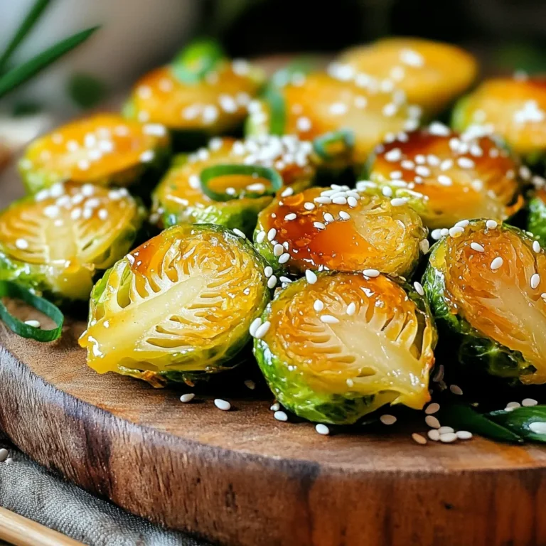 To create the perfect Honey Sriracha Brussels Sprouts, you need just a few simple items. Here’s what you’ll need: - 1 lb Brussels sprouts, halved - 3 tablespoons olive oil - 3 tablespoons honey - 2 tablespoons Sriracha sauce - 1 tablespoon soy sauce - 2 cloves garlic, minced - Salt and pepper to taste - Sesame seeds (for garnish) - Green onions, chopped (for garnish) These ingredients blend together beautifully. The Brussels sprouts are the star of the show. They have a mild, nutty flavor that pairs well with the sweet and spicy mix. The olive oil helps the sprouts roast to a golden crisp. Honey adds sweetness, while Sriracha brings a kick of heat. Soy sauce adds depth, and garlic gives a nice savory note. Salt and pepper finish the mix. For garnish, sesame seeds and green onions make the dish look appealing and add extra flavor. When combined, these ingredients create a side dish that is both tasty and eye-catching. You’ll love how easy it is to make these Honey Sriracha Brussels Sprouts! - Preheat the oven to 400°F (200°C). - Prepare Brussels sprouts by halving them. First, set your oven to 400°F (200°C). This temperature helps the Brussels sprouts get crispy. While the oven heats, take your Brussels sprouts and cut them in half. This step allows them to cook evenly and soak up the flavors. - Combine olive oil, honey, Sriracha, and other ingredients in a bowl. - Toss Brussels sprouts to ensure even coating. Next, grab a large mixing bowl. Add 3 tablespoons of olive oil, 3 tablespoons of honey, and 2 tablespoons of Sriracha sauce. Then, add 1 tablespoon of soy sauce and 2 minced garlic cloves. Season with salt and pepper. Mix all these ingredients together. Once it’s well combined, toss in the halved Brussels sprouts. Make sure each sprout gets a nice coating of that flavorful mixture. - Spread on a baking sheet lined with parchment paper. - Roast for 20-25 minutes, stirring halfway. Now, take a baking sheet and line it with parchment paper. Spread the coated Brussels sprouts out in a single layer. This helps them roast better. Place them in the oven and roast for 20-25 minutes. Remember to stir them halfway through. This action ensures even cooking and helps achieve that golden color. - Cool slightly and garnish before serving. When the Brussels sprouts are done, carefully take out the baking sheet. Let them cool for a few minutes. This step helps the flavors settle. For the final touch, transfer the sprouts to a serving platter. Drizzle a bit more honey on top. Then, sprinkle sesame seeds and chopped green onions for a fresh look. Enjoy your tasty, sweet, and spicy side dish! To make sure your Brussels sprouts stay crispy, avoid overcrowding the baking sheet. Give them space to breathe while roasting. This helps them crisp up nicely. Stir the sprouts halfway through cooking. This way, they cook evenly and get that perfect golden brown. Want to boost the flavor? Try adding lime juice for a fresh twist. The tartness of lime brightens the dish. You can also play around with the Sriracha levels. Use more if you like it hot or less for a milder kick. These Brussels sprouts pair well with many main dishes. Try them with grilled chicken or fish for a tasty meal. You can also serve them alongside rice or quinoa for a hearty side. Add a simple salad to round out your plate. {{image_2}} You can make this dish vegan by replacing honey with maple syrup. Maple syrup gives a sweet touch similar to honey. It also adds a unique flavor that pairs well with Sriracha. You might enjoy the new taste while keeping it plant-based! If you love heat, add chili flakes for an extra kick. Just a pinch can enhance the flavor. Adjust the amount to suit your taste. This change makes the dish even more exciting and bold. Your taste buds will thank you for the added spice! You can swap Brussels sprouts for other veggies. Cauliflower works great and adds a different texture. Green beans are also a good choice and cook quickly. These swaps let you enjoy new flavors while keeping the dish delicious. To store leftovers, let the Brussels sprouts cool down first. Place them in an airtight container. This helps keep them fresh. Store them in the fridge. They will stay good for about three days. When you want to eat them again, check for any signs of spoilage before using. You can freeze honey Sriracha Brussels sprouts, but it is best to do this before cooking. To freeze, wash and halve the Brussels sprouts. Toss them with olive oil and seasonings, then spread them on a baking sheet. Freeze them for about an hour. After they are firm, transfer them to a freezer bag. You can keep them in the freezer for up to three months. To reheat Brussels sprouts, I recommend using the oven. Preheat it to 350°F (175°C). Spread the sprouts on a baking sheet. Bake them for 10-15 minutes. This helps keep them crispy. You can also reheat them in a skillet over medium heat. Stir them often to avoid burning. Enjoy your tasty leftovers! You should roast Brussels sprouts for 20 to 25 minutes. The timing depends on their size. If your sprouts are small, check them at 20 minutes. Larger sprouts may need the full 25 minutes. Look for a golden color and crisp edges for the best results. Yes, you can prepare these sprouts ahead of time. Toss them in olive oil, honey, and Sriracha. Store them in the fridge for up to 24 hours. When ready to cook, just spread them on a baking sheet and roast. These Brussels sprouts pair well with many dishes. Try serving them with grilled chicken or tofu. They also taste great alongside rice or quinoa. For a complete meal, add a fresh salad or roasted potatoes. You learned how to make Honey Sriracha Brussels sprouts from scratch. First, you gathered fresh ingredients and prepared them for roasting. Then, you mixed the flavorful sauce and tossed it all together. After roasting and garnishing, you created a tasty dish perfect for any meal. Try these tips and variations to make it your own. With simple swaps, you can cater to your taste. Enjoy sharing this dish with friends and family. Cook, taste, and have fun in the kitchen!