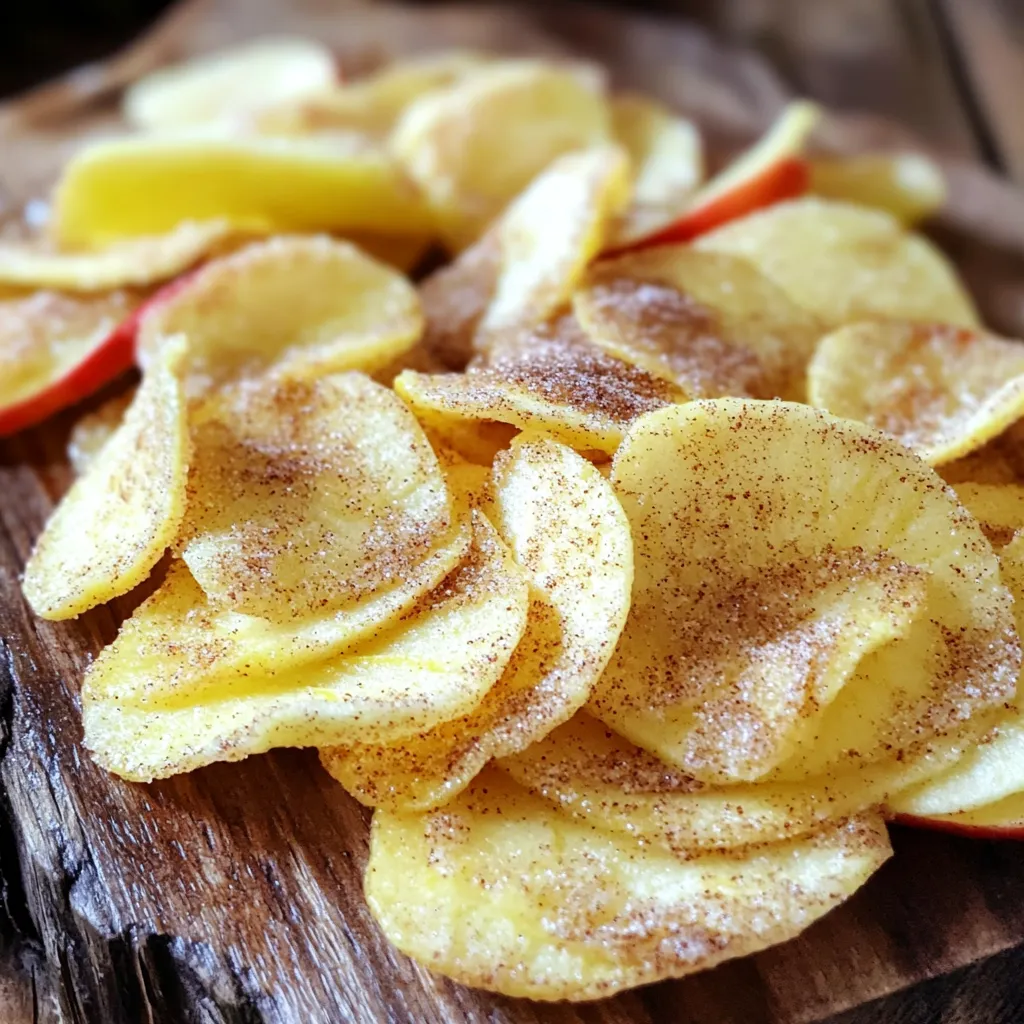 To make Air Fryer Cinnamon Sugar Apple Chips, you need the following items: - 2 large apples (Fuji or Honeycrisp work well) - 1 tablespoon cinnamon - 2 tablespoons granulated sugar (or coconut sugar) - A pinch of salt - Cooking spray or olive oil spray You can add some fun twists to your apple chips. Try these options: - Nutmeg for extra spice - Vanilla extract for sweetness - Brown sugar for a richer flavor Choosing the right apples makes a big difference. Here are my tips: - Pick firm apples. They hold up well during cooking. - Look for apples with vibrant color. This means they are fresh. - Avoid apples with bruises or soft spots. These can ruin your chips. By following these steps, you will create a tasty and healthy snack that everyone loves! First, wash the apples well. Clean them to remove dirt or wax. Next, slice the apples thinly, about 1/8 inch thick. I like using a mandoline slicer for this task. It makes the slices even. If you don’t have one, a sharp knife works too. Be careful while slicing. Don’t forget to take out any seeds. In a small bowl, mix the cinnamon, sugar, and a pinch of salt. I use two tablespoons of granulated sugar, but you can try coconut sugar for a healthy twist. Stir well until everything blends. This mix adds great flavor to the apple slices. Set your air fryer to 350°F (175°C). Let it preheat for 3 to 5 minutes. This step helps cook the chips evenly. Arrange the apple slices in a single layer in the basket. Avoid overlapping, as this leads to uneven cooking. Depending on your air fryer size, you may need to cook in batches. Air fry the slices for 10 to 15 minutes. Check them every 5 minutes to avoid burning. They should turn a nice golden brown and be crispy. Once done, carefully take them out and let them cool on a wire rack. This cooling step helps them crisp up even more. Enjoy those tasty apple chips! To get that perfect crispiness in your apple chips, slice them thinly. Aim for about 1/8 inch. This thinness helps them cook evenly. A mandoline slicer works best for this. If you use a knife, take your time to keep the slices even. After slicing, pat the apple slices dry with a paper towel. Removing moisture helps them crisp up well. Don’t skip this step! When you coat them with the cinnamon sugar, use just enough spray. Too much can make them soggy. Check them often while air frying. Every air fryer is different. Gently shake the basket every five minutes. This helps them cook evenly and prevents burning. If you want to skip the regular cooking spray, consider using olive oil. It’s a great alternative and adds flavor. You can also use coconut oil spray for a hint of sweetness. Another option is to use a pastry brush. Brush a thin layer of melted coconut oil on the apple slices. This method gives you control over the amount you use. For a healthier choice, try using apple juice. Just a light spritz can add sweetness. However, be careful not to soak them. If you have any leftover apple chips, store them in an airtight container. This keeps them fresh and crispy. You can also use a zip-top bag. Just squeeze out all the air before sealing. To keep them crunchy, add a small packet of silica gel. This helps absorb moisture. If you don’t have that, try placing a piece of bread in the container. It can help control moisture too. Enjoy your apple chips within a week for the best taste. If they start to get soft, you can pop them back in the air fryer for a few minutes to crisp them up again. {{image_2}} You can change your cinnamon sugar mix for fun flavors. Try adding nutmeg for warmth or vanilla for sweetness. You can also use brown sugar instead of white. This will give your apple chips a rich taste. For a spicy kick, add a pinch of cayenne or chili powder. Mix and match to find your favorite blend! Not all apples are the same. Each type brings a unique taste. Fuji apples are sweet and crisp, while Honeycrisp offers a juicy crunch. Granny Smith apples add a nice tartness. You can even mix different types for a fun flavor combo. Choose what you love to create your perfect snack. Air fryer cinnamon sugar apple chips are great alone, but there are more ways to enjoy them! You can serve them with yogurt for a tasty dip. They also pair well with cheese for a sweet and salty snack. Try adding them to salads for a crunchy topping. You can even crumble them over oatmeal for breakfast. The options are endless! Each serving of air fryer cinnamon sugar apple chips has about 150 calories. This includes two large apples, sugar, and cinnamon. If you use coconut sugar, the calories might be lower. Remember, serving size matters. If you eat more, the calories add up fast. Apples offer many health benefits. They are low in calories and high in fiber. One apple has about 4 grams of fiber. This helps with digestion. Apples also contain vitamin C, which boosts your immune system. Eating apples can help lower the risk of heart disease, too. Plus, they are a great snack for kids and adults alike! You can swap out granulated sugar for healthier options. Coconut sugar is a great choice. It has a lower glycemic index. This means it won’t spike your blood sugar as much. You can also use honey or maple syrup. Just remember, these may change the flavor a bit. Adjust the amount based on your taste. This way, you can enjoy your apple chips without the extra calories! Apple chips can last up to one week. Store them in an airtight container. If you keep them in a cool, dry place, they will stay crispy longer. If they lose their crunch, you can re-crisp them in the air fryer for a few minutes. Yes, you can use other sweeteners. Coconut sugar is a great choice for a healthier option. You can also try honey or maple syrup. Just be mindful of the amount, as these are more liquid than granulated sugar. The best air fryer temperature for apple chips is 350°F (175°C). This temperature allows the apples to cook evenly. It also helps them become crispy without burning. Always check your apple chips every five minutes to make sure they don’t overcook. Making apple chips is simple and fun. We covered the ingredients, steps, and tips to create tasty, crispy snacks. Choosing the right apples and perfecting your cinnamon sugar mix are key. Remember, you can add your twist with flavors and variations. These chips not only taste great but are also healthy. Enjoy experimenting with different apples and sweeteners. With the right methods, your homemade apple chips can be a hit. Happy cooking and snacking!