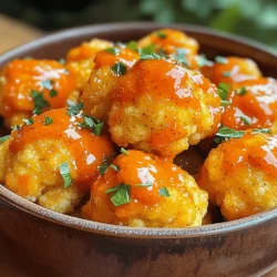 - 1 medium head of cauliflower, cut into bite-sized florets - 1 cup all-purpose flour - 1 teaspoon garlic powder - 1 teaspoon onion powder - 1 teaspoon smoked paprika - 1/2 teaspoon cayenne pepper (adjust to taste) - 1 cup water - 1/2 teaspoon salt - 1 cup buffalo sauce (store-bought or homemade) - 2 tablespoons melted butter (for tossing) - Fresh parsley, chopped (for garnish) The cauliflower is the star of this dish. It gives a nice texture. Flour helps create a crispy coating. Garlic powder adds flavor. Onion powder brings sweetness. Smoked paprika gives a warm, smoky taste. Cayenne pepper brings heat, but you can adjust it. Water combines with flour to create the batter. Buffalo sauce adds the classic spicy flavor. Finally, melted butter helps the sauce stick. You can use fresh parsley to add a pop of color and freshness. Other garnishes may include green onions or even a drizzle of ranch dressing. These options can enhance the look and taste of your bites. Feel free to mix and match the garnishes to your liking. Start by preheating your air fryer to 400°F (200°C). While it heats up, wash the cauliflower head. Cut it into small, bite-sized florets. Make sure the pieces are even in size. This helps them cook evenly. In a large mixing bowl, add the flour, garlic powder, onion powder, smoked paprika, cayenne pepper, and salt. Whisk these dry ingredients together. Gradually pour in the water while mixing. Keep mixing until you form a smooth batter. It should be thick enough to coat the florets but still pourable. Dip each cauliflower floret into the batter. Make sure to coat each piece fully. Let any extra batter drip off before placing them in the air fryer basket. Lightly spray the basket with cooking spray. Arrange the coated florets in a single layer. You may need to cook them in batches. Air fry for 10-12 minutes until they turn golden brown and crispy. Don’t forget to shake the basket halfway through for even cooking. After cooking, toss the bites in a bowl with melted butter and buffalo sauce. Coat each piece well. Finally, return them to the air fryer for another 2-3 minutes. This step gives them a nice crispy glaze. Once done, remove them from the air fryer and garnish with chopped parsley. Enjoy your tasty snack! To get that amazing crunch, follow these tips. First, make sure your air fryer is preheated. A hot fryer helps the batter cook fast and crisp up. Use a light coat of cooking spray on the basket. This step keeps the bites from sticking and helps them brown. When you place the cauliflower florets in the air fryer, give them space. This helps air flow and cooks them evenly. Shake the basket halfway through cooking. This motion helps all sides get that nice golden color. If you don’t have an air fryer, you can still enjoy these bites. Try baking them in the oven. Preheat the oven to 425°F (220°C). Spread the coated florets on a baking sheet lined with parchment paper. Bake for about 20 to 25 minutes. Flip them halfway to get that crispiness. You can also try frying them in hot oil. Heat oil in a deep pot to 350°F (175°C). Fry the bites in small batches for 3 to 4 minutes. Drain them on paper towels to remove extra oil. Buffalo sauce can be spicy, so adjust it to fit your taste. If you want less heat, reduce the cayenne pepper in the batter. You can also mix in some honey or maple syrup for a sweet touch. For a spicier kick, use a hotter buffalo sauce. You can even add fresh jalapeños to the batter for extra heat. Always taste before tossing the bites in sauce. This way, you can find the perfect balance for your palate. {{image_2}} You can easily change the taste of your cauliflower bites. Try adding spices like cumin or chili powder for a different kick. For a sweeter taste, mix in some honey or maple syrup with the buffalo sauce. You can even use different sauces. Teriyaki or barbecue sauce makes a fun twist. Experiment with flavors to find your favorite! To make this dish vegan, swap the butter for a plant-based option. You can use olive oil or vegan butter. For a gluten-free version, replace all-purpose flour with gluten-free flour. You can also use chickpea flour for a nutty flavor. Always check the sauce for gluten-free labels, as some brands may contain gluten. Buffalo cauliflower bites are great as a snack or appetizer. Serve them with a side of ranch or blue cheese dressing. You can also add fresh veggies like carrots and celery for crunch. Pair them with a cold drink for a fun game day treat. If you want to elevate your dish, sprinkle some chopped green onions or cilantro on top before serving. To store your leftover Air Fryer Buffalo Cauliflower Bites, let them cool first. Place them in an airtight container. They stay fresh for about 3 to 5 days in the fridge. I often use parchment paper between layers. This prevents sticking and keeps them crispy for longer. To reheat, I suggest using the air fryer again. Set it to 350°F (175°C). Cook for about 5-7 minutes. This helps restore their crispiness. You may also use an oven at the same temperature. Just spread them out on a baking sheet. Avoid using the microwave; it makes them soggy. If you want to freeze these bites, do it before tossing them in sauce. Place the uncooked coated cauliflower on a baking sheet. Freeze them until solid, then transfer to a freezer bag. They can last up to 3 months in the freezer. When ready to cook, just air fry them straight from the freezer. Cook for a few extra minutes to ensure they are hot and crispy. Air Fryer Buffalo Cauliflower Bites can last up to 3 days in the fridge. Just keep them in an airtight container. The bites may lose some crispness when stored, but they will still taste great. Reheat them in the air fryer to bring back their crunch. Yes, you can make these buffalo cauliflower bites ahead of time. You can prepare the batter and coat the cauliflower florets. Store the coated florets in the fridge for up to 24 hours. When ready to cook, just air fry them. This saves time during busy days. These bites pair well with various dips and sides. Here are some great options: - Ranch dressing - Blue cheese dressing - Celery sticks - Carrot sticks - A fresh salad Feel free to mix and match your favorites! This blog post covers everything you need to make tasty Air Fryer Buffalo Cauliflower Bites. We started with a full list of ingredients and their roles, including optional garnishes. Then, I provided step-by-step instructions on preparing the cauliflower and making the batter. Next, I shared tips to achieve the perfect crispiness and variations for extra flavor. Finally, we reviewed storage info and answered key FAQs. Try these bites today, and enjoy delicious flavors without the fuss!