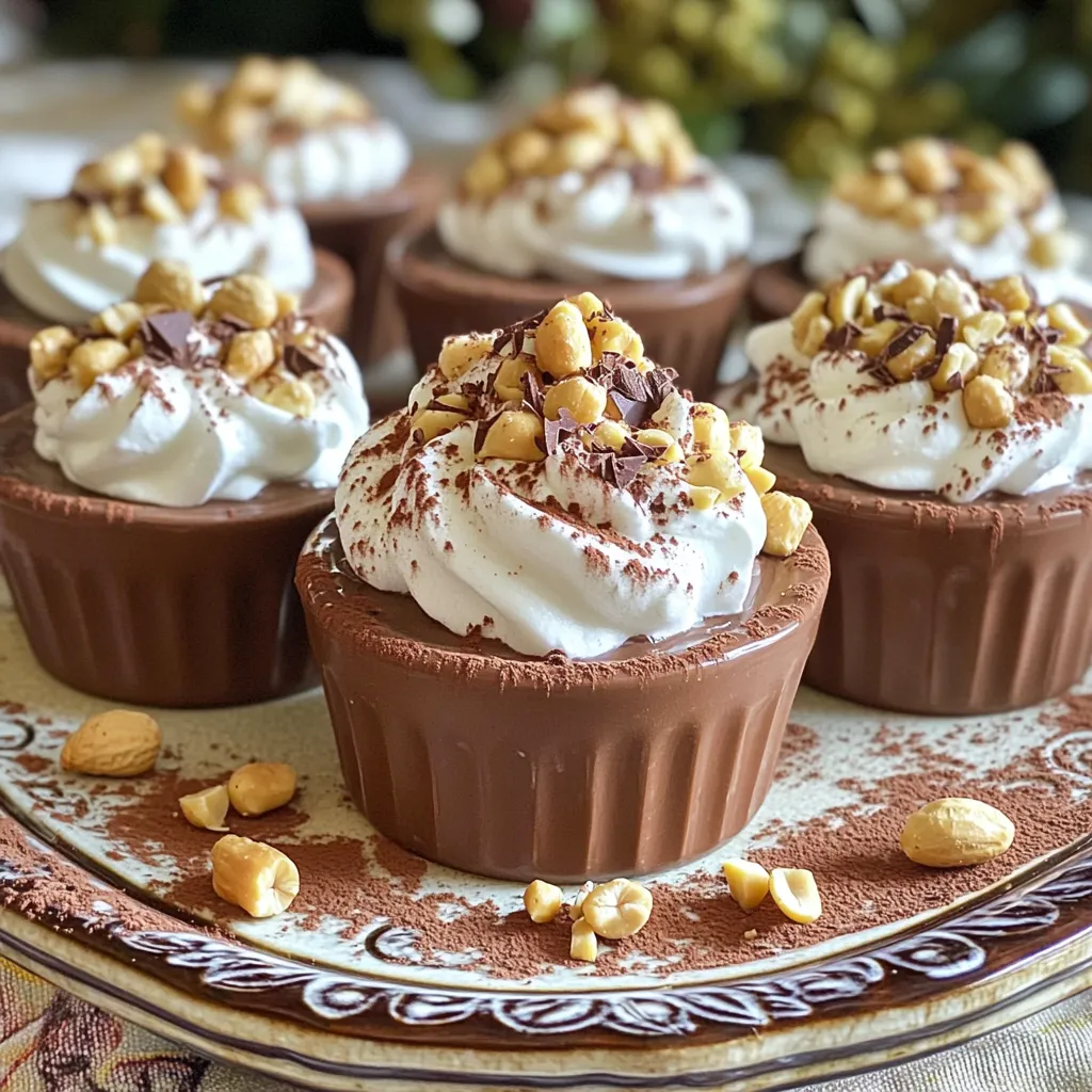 To make these delicious Chocolate Peanut Butter Pudding Cups, gather these simple items: - 1 cup milk (dairy or non-dairy) - 1/4 cup unsweetened cocoa powder - 1/4 cup granulated sugar - 2 tablespoons cornstarch - 1/4 teaspoon salt - 1/4 cup creamy peanut butter - 1 teaspoon vanilla extract - 1/2 cup whipped cream (optional, for topping) - Chopped peanuts and chocolate shavings (for garnish) You can add fun toppings to make your pudding cups even better. Here are my favorite options: - Whipped cream for a light, fluffy layer - Chopped peanuts for a nice crunch - Chocolate shavings for extra chocolate flavor - A sprinkle of sea salt to enhance the sweetness If you need to swap ingredients, here are some great alternatives: - Use almond milk or oat milk instead of dairy milk. - Substitute maple syrup for granulated sugar for a natural sweetener. - Use arrowroot powder instead of cornstarch for a gluten-free option. - Try crunchy peanut butter for a different texture and flavor. - For a nut-free version, replace peanut butter with sunflower seed butter. These simple swaps ensure everyone can enjoy this treat! To start, grab a medium saucepan and whisk together the following: - 1 cup milk (dairy or non-dairy) - 1/4 cup unsweetened cocoa powder - 1/4 cup granulated sugar - 2 tablespoons cornstarch - 1/4 teaspoon salt Mix these ingredients well until they blend smoothly. Then, place the saucepan over medium heat. Stir the mix often. In about 5 to 7 minutes, it will thicken and bubble. This is your rich chocolate pudding base. Once your chocolate mixture thickens, remove it from heat. Now, add in 1/4 cup of creamy peanut butter and 1 teaspoon of vanilla extract. Stir well until the peanut butter melts completely. This will give your pudding a creamy and nutty flavor. Make sure no lumps remain. This step is key for a smooth texture. Let the pudding cool for about 10 minutes at room temperature. After it cools, pour it into your favorite serving cups or bowls. Cover each cup with plastic wrap, pressing it onto the pudding surface. This helps stop a skin from forming. Place the cups in the fridge for at least 2 hours to chill and set. When ready to serve, top with whipped cream if you like. Add chopped peanuts and chocolate shavings for a nice crunch and look. To get a smooth pudding, whisk well. Mix the milk, cocoa, sugar, cornstarch, and salt in the pan. Stir constantly as it heats. This keeps it from clumping. When it thickens, it should coat the back of a spoon. If it gets too thick, add a splash of milk to lighten it. Let it cool slightly before pouring into cups. This step helps in forming a nice texture. You can add a pinch of cinnamon or sea salt for depth. They boost the chocolate and peanut butter taste. Also, use high-quality cocoa powder. It makes a big difference in flavor. For extra richness, try adding a splash of coffee. It pairs well with chocolate. Lastly, don’t skip the vanilla! It rounds out the flavors perfectly. One mistake is not stirring enough. It can lead to lumps in your pudding. Another is skipping the cooling step. This can cause a skin to form on top. Make sure to cover the pudding tightly with plastic wrap. Always press it against the surface. Lastly, don't rush the chilling time. Let it set for at least two hours for the best results. {{image_2}} You can easily make this pudding vegan. Just swap the milk for a non-dairy option. Almond, soy, or oat milk works great. Use maple syrup instead of granulated sugar. For added creaminess, try cashew butter in place of peanut butter. Follow the same steps, and you will have a tasty vegan treat! Want to spice up your pudding? Add a few drops of mint extract for a fresh twist. You can also mix in a teaspoon of instant coffee for a rich flavor. If you love spices, try a pinch of cinnamon or chili powder. Each option gives your pudding a unique taste. These pudding cups are perfect for any event. For a birthday party, top them with colorful sprinkles. If you have a fancy dinner, serve them in glass cups for a chic look. You can also add fresh berries for a bright touch. No matter the occasion, these pudding cups will impress your guests! Store leftover chocolate peanut butter pudding cups in the fridge. Use an airtight container to keep them fresh. If you used whipped cream, cover the cups well. This will help them stay tasty for up to three days. You can freeze these pudding cups for longer storage. First, let the pudding cool completely. Then, place them in freezer-safe containers. Leave some space at the top, as the pudding will expand when frozen. They can last up to three months in the freezer. To enjoy your frozen pudding, move it to the fridge to thaw overnight. If you need it faster, you can use the microwave. Heat it in short bursts, stirring in between. This helps keep the pudding smooth. Do not heat it too long, or it may become lumpy. Yes, you can use other nut butters. Almond butter or cashew butter works well. Each will give a unique flavor. Just make sure the nut butter is smooth. Chunky nut butter may change the texture. The chocolate peanut butter pudding lasts about four days in the fridge. Store it in an airtight container. This keeps it fresh and tasty longer. Make sure to cover it to prevent it from drying out. You can definitely make this pudding in advance. It sets well when chilled overnight. Just cover the cups tightly with plastic wrap. This helps keep it smooth and creamy for serving. You can use almond, soy, or oat milk as dairy-free options. These milks work great in this recipe. They add flavor without changing the pudding's texture. Just make sure the milk is unsweetened for best results. This blog post covers all the steps to create delicious chocolate peanut butter pudding. You learned about key ingredients and optional toppings to customize your treat. I shared tips to perfect the texture and avoid common mistakes. We discussed fun variations, including vegan options and flavor twists. Finally, I offered storage advice for your leftovers. Enjoy making this pudding! With practice, you'll create a dish that's both tasty and satisfying.
