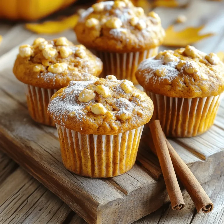 To make these Pumpkin Spice Energy Muffins, gather the following main ingredients: - 1 cup canned pumpkin puree - 1/2 cup Greek yogurt - 1/4 cup honey or maple syrup - 2 large eggs - 1 teaspoon vanilla extract - 1 1/2 cups whole wheat flour - 1 teaspoon baking soda - 1 teaspoon baking powder - 2 teaspoons pumpkin pie spice - 1/2 teaspoon salt - 1/2 cup rolled oats These ingredients create a moist muffin packed with flavor and energy. The pumpkin puree gives a rich taste, while Greek yogurt adds protein. You can boost your muffins with these tasty add-ins: - 1/2 cup chopped walnuts or pecans - 1/4 cup dark chocolate chips These optional ingredients add crunch and a touch of sweetness. Feel free to mix and match based on your taste. If you need to swap some ingredients, here are great options: - Use applesauce instead of Greek yogurt for a dairy-free version. - Substitute agave syrup for honey if you prefer a vegan option. - For a gluten-free option, replace whole wheat flour with almond or coconut flour. These substitutions keep the muffins delicious while catering to different dietary needs. Adjust as you like! Start by preheating your oven to 350°F (175°C). I like to line a muffin tin with paper liners. You can also grease it with cooking spray if you prefer. In a large bowl, mix together one cup of canned pumpkin puree, half a cup of Greek yogurt, and a quarter cup of honey or maple syrup. Add two large eggs and one teaspoon of vanilla extract. Whisk until the mixture is smooth and combined. In another bowl, sift together one and a half cups of whole wheat flour, one teaspoon of baking soda, one teaspoon of baking powder, two teaspoons of pumpkin pie spice, and half a teaspoon of salt. Gradually add this dry mix to the wet mixture. Use a spatula and stir gently until just combined. Avoid over-mixing, as this keeps the muffins light and fluffy. Now, fold in half a cup of rolled oats. If you like nuts, add half a cup of chopped walnuts or pecans. You can also mix in a quarter cup of dark chocolate chips for a sweet touch. Once your batter is ready, scoop it into the muffin tin, filling each cup about two-thirds full. Bake them in the preheated oven for 18 to 20 minutes. A toothpick should come out clean when inserted into the center. After baking, remove the muffins from the oven. Let them cool in the tin for about five minutes. Then, transfer them to a wire rack to cool completely. For a nice touch, serve the muffins on a rustic wooden board. A light sprinkle of powdered sugar and a few cinnamon sticks can add to the autumn vibe. Enjoy these muffins with a warm cup of coffee or tea for a cozy snack! To get the best texture for your muffins, start with canned pumpkin puree. It gives a moist base. Use whole wheat flour for a hearty bite. Avoid over-mixing your batter; this can make muffins dense. Stir just until the dry and wet ingredients combine. Let the batter sit for a few minutes before baking. This helps the oats soak up moisture, leading to a fluffier muffin. When mixing, use a large bowl for the wet ingredients. Whisk together the pumpkin, Greek yogurt, honey, eggs, and vanilla until smooth. In another bowl, sift the dry ingredients. This ensures your baking powder and soda spread evenly. Gradually add the dry mix to the wet ingredients. Use a spatula to fold in the oats and nuts gently. This keeps the muffins light and airy. Store leftover muffins in an airtight container. They stay fresh at room temperature for about three days. For longer storage, place them in the fridge for up to a week. You can also freeze muffins. Wrap each one in plastic wrap, then place them in a freezer bag. They last for about three months in the freezer. When ready to eat, thaw them in the fridge overnight. {{image_2}} To make gluten-free pumpkin spice energy muffins, swap whole wheat flour for a gluten-free blend. Look for a mix that contains a balance of flours, like almond and brown rice flour. This change keeps the muffins moist and fluffy. Check the package for measurements, as they may differ. Add a bit of xanthan gum if your mix does not contain it. This gum helps bind the ingredients together. To create a vegan version, replace the eggs with flax eggs. Mix one tablespoon of flaxseed meal with two and a half tablespoons of water. Let it sit for five minutes to thicken. Use plant-based yogurt for the Greek yogurt. Maple syrup works well as a sweetener. These small swaps keep the muffins tasty while fitting a vegan diet. You can change the flavor of your muffins easily. Add dried fruits, like cranberries or raisins, for a sweet touch. For a nutty crunch, try almonds or hazelnuts instead of walnuts or pecans. If you love chocolate, use more dark chocolate chips. You could also add a pinch of cayenne pepper for a spicy kick. Each change brings a new twist to these delicious muffins! Each Pumpkin Spice Energy Muffin contains about 150 calories. This number may vary based on optional add-ins. The muffins provide a balanced snack for energy throughout the day. You can enjoy one without guilt. - Pumpkin Puree: Full of fiber and vitamins A and C. It aids digestion and boosts immunity. - Greek Yogurt: Packed with protein and probiotics. It helps with gut health and keeps you full. - Honey or Maple Syrup: Natural sweeteners that provide quick energy. They also contain antioxidants. - Whole Wheat Flour: Offers more fiber than white flour. This can help regulate blood sugar. - Oats: Great for heart health, they lower cholesterol and provide lasting energy. - Nuts: Walnuts or pecans add healthy fats and protein. They support brain health and keep you satisfied. These muffins are perfect for a quick energy boost. The combination of protein, healthy fats, and complex carbs keeps you fueled. Greek yogurt and oats provide steady energy release. Pumpkin adds nutrients that enhance your mood and focus. Enjoy these muffins before a workout or as a mid-morning snack. They make it easy to nourish your body and stay active! Yes, you can freeze these muffins easily. Just let them cool completely. Then, wrap each muffin in plastic wrap. Place them in a freezer bag. They will last up to three months in the freezer. When you want one, simply thaw it overnight in the fridge. You can also warm it in the microwave for a quick snack. To reduce the sweetness, cut back on honey or maple syrup. Use only 2 tablespoons instead of 1/4 cup. You can also add more pumpkin puree to keep the texture. Another option is to replace the sweetener with unsweetened applesauce. This change will keep the muffins moist and tasty. If you don’t have Greek yogurt, you can use regular yogurt. Plain yogurt works well. You can also try using unsweetened applesauce or silken tofu for a dairy-free option. These will keep the muffins moist while changing the flavor slightly. These muffins stay fresh for about 5 days when stored at room temperature. Keep them in an airtight container to maintain freshness. If you want to keep them longer, freeze them as mentioned earlier. This way, you can enjoy them later without losing taste or texture. In this article, we explored how to make delicious Pumpkin Spice Energy Muffins. We covered key ingredients, step-by-step baking instructions, and helpful tips for the best texture. I also shared various muffins' nutritional benefits and common questions. Remember, you can customize these muffins to suit your needs. Whether you want gluten-free or vegan options, the choices are endless. Enjoy your baking adventure and the tasty rewards!