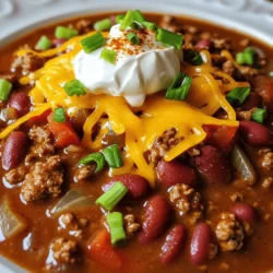 To make a rich and tasty slow cooker beef chili, you'll need these key items: - 1.5 lbs ground beef - 1 onion, diced - 4 cloves garlic, minced - 1 bell pepper (red or green), diced - 2 cans (15 oz each) kidney beans, drained and rinsed - 1 can (28 oz) crushed tomatoes - 2 tablespoons chili powder - 1 tablespoon cumin - 1 teaspoon smoked paprika - 1 teaspoon oregano - 1/2 teaspoon cayenne pepper (adjust to taste) - Salt and pepper to taste - 1 cup beef broth - Optional toppings: shredded cheese, sour cream, chopped green onions You can change some ingredients to fit your taste. Here are a few ideas: - Alternative meats: Use ground turkey or chicken for a leaner option. - Vegetarian options: Replace ground beef with lentils or extra beans. - Spice adjustments: If you like milder chili, cut back on cayenne pepper. Knowing the nutrition can help you enjoy your meal guilt-free. Here’s a quick look: - Caloric content per serving: About 350 calories - Breakdown of macronutrients: - Protein: 25g - Carbohydrates: 30g - Fat: 15g This chili is filling and packed with flavor. You get a good mix of protein, carbs, and fats in each serving. Browning the beef Start with 1.5 pounds of ground beef. Heat a skillet on medium. Add the beef and cook it until brown. Break it apart as it cooks. This step adds flavor. Drain any extra fat. Set the beef aside for later. Chopping vegetables Next, chop your veggies. Dice 1 onion and 1 bell pepper. Mince 4 cloves of garlic. These add a nice taste to the chili. Make sure the pieces are small for even cooking. Layering the ingredients In your slow cooker, add the cooked ground beef. Then, add the diced onion, bell pepper, and minced garlic. Pour in 2 cans of kidney beans that you drained and rinsed. Finally, add 1 can of crushed tomatoes. This will form the base of your chili. Mixing spices In a small bowl, mix 2 tablespoons of chili powder, 1 tablespoon of cumin, 1 teaspoon of smoked paprika, 1 teaspoon of oregano, and 1/2 teaspoon of cayenne pepper. Season with salt and pepper to taste. Sprinkle this spice mix over the ingredients in the slow cooker. This will give your chili its rich flavor. Explanation of low vs high settings You can choose between low and high settings. Cooking on low takes 6-8 hours. This slow method helps flavors blend well. Cooking on high takes 3-4 hours. It is faster but still tasty. Timing for optimal flavor development For the best taste, I recommend cooking on low. This way, the spices infuse deeply into the meat and beans. Taste the chili before serving. Adjust seasoning if needed. Enjoy the rich and hearty flavors! To boost the flavor of your beef chili, consider adding more spices. Try using more chili powder or cumin for a bolder taste. You can also add a splash of Worcestershire sauce for depth. Fresh herbs like cilantro can brighten the dish. You can add extra ingredients too. Diced jalapeños make it spicier and add texture. Corn gives a sweet crunch. Chopped carrots or zucchini can add more nutrition without changing the taste. To control the heat in your chili, start with less cayenne pepper. You can always add more if you want it spicier. Taste the chili while it cooks. If it needs more heat, sprinkle in more cayenne or fresh chili peppers. For a milder version, skip the cayenne altogether. You can also use sweet bell peppers instead of hot ones. Adding a dollop of sour cream helps cool down the spice too. Chili pairs well with many sides. Serve it with warm cornbread or tortilla chips for a nice crunch. A fresh green salad adds color and lightness to the meal. For presentation, serve the chili in deep bowls. Top it with shredded cheese, a dollop of sour cream, and a sprinkle of green onions. This not only looks good but also adds great flavor. {{image_2}} You can change the meat in this beef chili recipe easily. Turkey and chicken work well as leaner options. Ground turkey gives a lighter taste. You can use ground chicken, too, for a different flavor. Both meats cook well and absorb the spices nicely. If you want a vegan chili, use beans instead of meat. Black beans, pinto beans, or lentils add great texture. They also add protein and fiber. You can mix different beans for more flavor. If you want to switch up the flavor, try a Southwest chili. Add corn, black beans, and diced jalapeños for a spicy kick. You can also add cumin and lime juice for a fresh taste. This variation brightens up the chili. Some people prefer chili with beans. Others like it bean-less. You can make your own choice based on your taste. Just leave out the beans if you want a meatier dish. Toppings can make your chili even better. Try shredded cheese, sour cream, or chopped green onions. These add extra flavor and a nice look. You can also sprinkle some cilantro for freshness. When it comes to drinks, pair chili with a cold beer or a fruity soda. A light lager or a nice IPA works well. If you prefer non-alcoholic options, a limeade or sparkling water fits perfectly. Enjoy experimenting with different pairings! - Refrigeration tips: After your chili cools, store it in an airtight container. Place it in the fridge. It will stay fresh for several days. - Freezing instructions: If you want to save some for later, freeze it. Use freezer-safe bags or containers. Leave some space for expansion. It can last for up to three months. - Best methods for reheating: To reheat, use the stove or microwave. If using the stove, heat on low. Stir often to prevent sticking. In the microwave, heat in short intervals. Check and stir until warm. - Tips for maintaining flavor and texture: Add a splash of beef broth or water when reheating. This helps keep the chili moist and tasty. Stir well to mix in the added liquid. - How long it lasts in the fridge: Your chili will last in the fridge for about 3 to 4 days. Keep an eye on the date. - Signs of spoilage: If you see mold or smell something off, throw it out. Fresh chili should smell rich and savory, not sour. Yes, you can make beef chili without beans. Just leave them out. This option makes the chili less filling but still tasty. You can add more meat or veggies instead. Try using mushrooms, zucchini, or corn for extra texture. These ingredients will keep the chili hearty and satisfying. You can thicken chili in several ways. Here are some easy methods: - Simmer longer: Let it cook longer to reduce liquid. - Add cornstarch: Mix cornstarch with water and stir it in. - Use masa harina: This corn flour adds flavor and thickness. - Add pureed beans: Blend some beans and mix them back in for a thicker texture. Each method will help create a thicker, richer chili. Yes, you can cook chili on the stove. To adapt the recipe, follow these steps: 1. Brown the beef in a pot over medium heat. 2. Add the onion, garlic, and bell pepper. Cook until soft. 3. Stir in the beans, tomatoes, and spices. 4. Add the beef broth and bring it to a boil. 5. Reduce heat and let it simmer for 30-45 minutes, stirring occasionally. This method cooks the chili faster while still allowing the flavors to blend well. This blog post covered how to make delicious Slow Cooker Beef Chili. I shared essential ingredients, substitutions, and nutritional info. You learned step-by-step cooking instructions, along with tips for enhancing flavor. We explored variations and unique toppings to try. Finally, I provided storage tips and answered common questions. Chili is versatile and easy to make. Whether for a family dinner or a gathering, it brings warmth and joy. Now it’s your turn to cook and enjoy!