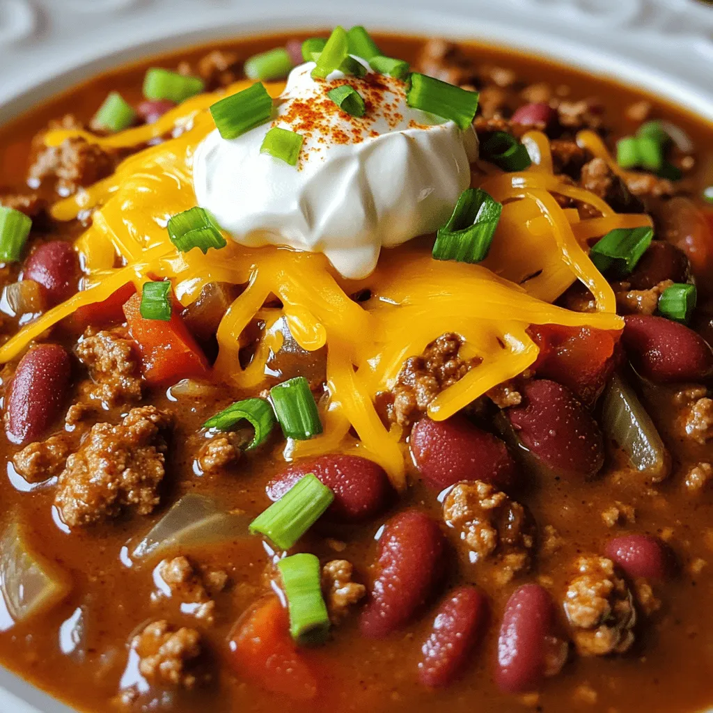 To make a rich and tasty slow cooker beef chili, you'll need these key items: - 1.5 lbs ground beef - 1 onion, diced - 4 cloves garlic, minced - 1 bell pepper (red or green), diced - 2 cans (15 oz each) kidney beans, drained and rinsed - 1 can (28 oz) crushed tomatoes - 2 tablespoons chili powder - 1 tablespoon cumin - 1 teaspoon smoked paprika - 1 teaspoon oregano - 1/2 teaspoon cayenne pepper (adjust to taste) - Salt and pepper to taste - 1 cup beef broth - Optional toppings: shredded cheese, sour cream, chopped green onions You can change some ingredients to fit your taste. Here are a few ideas: - Alternative meats: Use ground turkey or chicken for a leaner option. - Vegetarian options: Replace ground beef with lentils or extra beans. - Spice adjustments: If you like milder chili, cut back on cayenne pepper. Knowing the nutrition can help you enjoy your meal guilt-free. Here’s a quick look: - Caloric content per serving: About 350 calories - Breakdown of macronutrients: - Protein: 25g - Carbohydrates: 30g - Fat: 15g This chili is filling and packed with flavor. You get a good mix of protein, carbs, and fats in each serving. Browning the beef Start with 1.5 pounds of ground beef. Heat a skillet on medium. Add the beef and cook it until brown. Break it apart as it cooks. This step adds flavor. Drain any extra fat. Set the beef aside for later. Chopping vegetables Next, chop your veggies. Dice 1 onion and 1 bell pepper. Mince 4 cloves of garlic. These add a nice taste to the chili. Make sure the pieces are small for even cooking. Layering the ingredients In your slow cooker, add the cooked ground beef. Then, add the diced onion, bell pepper, and minced garlic. Pour in 2 cans of kidney beans that you drained and rinsed. Finally, add 1 can of crushed tomatoes. This will form the base of your chili. Mixing spices In a small bowl, mix 2 tablespoons of chili powder, 1 tablespoon of cumin, 1 teaspoon of smoked paprika, 1 teaspoon of oregano, and 1/2 teaspoon of cayenne pepper. Season with salt and pepper to taste. Sprinkle this spice mix over the ingredients in the slow cooker. This will give your chili its rich flavor. Explanation of low vs high settings You can choose between low and high settings. Cooking on low takes 6-8 hours. This slow method helps flavors blend well. Cooking on high takes 3-4 hours. It is faster but still tasty. Timing for optimal flavor development For the best taste, I recommend cooking on low. This way, the spices infuse deeply into the meat and beans. Taste the chili before serving. Adjust seasoning if needed. Enjoy the rich and hearty flavors! To boost the flavor of your beef chili, consider adding more spices. Try using more chili powder or cumin for a bolder taste. You can also add a splash of Worcestershire sauce for depth. Fresh herbs like cilantro can brighten the dish. You can add extra ingredients too. Diced jalapeños make it spicier and add texture. Corn gives a sweet crunch. Chopped carrots or zucchini can add more nutrition without changing the taste. To control the heat in your chili, start with less cayenne pepper. You can always add more if you want it spicier. Taste the chili while it cooks. If it needs more heat, sprinkle in more cayenne or fresh chili peppers. For a milder version, skip the cayenne altogether. You can also use sweet bell peppers instead of hot ones. Adding a dollop of sour cream helps cool down the spice too. Chili pairs well with many sides. Serve it with warm cornbread or tortilla chips for a nice crunch. A fresh green salad adds color and lightness to the meal. For presentation, serve the chili in deep bowls. Top it with shredded cheese, a dollop of sour cream, and a sprinkle of green onions. This not only looks good but also adds great flavor. {{image_2}} You can change the meat in this beef chili recipe easily. Turkey and chicken work well as leaner options. Ground turkey gives a lighter taste. You can use ground chicken, too, for a different flavor. Both meats cook well and absorb the spices nicely. If you want a vegan chili, use beans instead of meat. Black beans, pinto beans, or lentils add great texture. They also add protein and fiber. You can mix different beans for more flavor. If you want to switch up the flavor, try a Southwest chili. Add corn, black beans, and diced jalapeños for a spicy kick. You can also add cumin and lime juice for a fresh taste. This variation brightens up the chili. Some people prefer chili with beans. Others like it bean-less. You can make your own choice based on your taste. Just leave out the beans if you want a meatier dish. Toppings can make your chili even better. Try shredded cheese, sour cream, or chopped green onions. These add extra flavor and a nice look. You can also sprinkle some cilantro for freshness. When it comes to drinks, pair chili with a cold beer or a fruity soda. A light lager or a nice IPA works well. If you prefer non-alcoholic options, a limeade or sparkling water fits perfectly. Enjoy experimenting with different pairings! - Refrigeration tips: After your chili cools, store it in an airtight container. Place it in the fridge. It will stay fresh for several days. - Freezing instructions: If you want to save some for later, freeze it. Use freezer-safe bags or containers. Leave some space for expansion. It can last for up to three months. - Best methods for reheating: To reheat, use the stove or microwave. If using the stove, heat on low. Stir often to prevent sticking. In the microwave, heat in short intervals. Check and stir until warm. - Tips for maintaining flavor and texture: Add a splash of beef broth or water when reheating. This helps keep the chili moist and tasty. Stir well to mix in the added liquid. - How long it lasts in the fridge: Your chili will last in the fridge for about 3 to 4 days. Keep an eye on the date. - Signs of spoilage: If you see mold or smell something off, throw it out. Fresh chili should smell rich and savory, not sour. Yes, you can make beef chili without beans. Just leave them out. This option makes the chili less filling but still tasty. You can add more meat or veggies instead. Try using mushrooms, zucchini, or corn for extra texture. These ingredients will keep the chili hearty and satisfying. You can thicken chili in several ways. Here are some easy methods: - Simmer longer: Let it cook longer to reduce liquid. - Add cornstarch: Mix cornstarch with water and stir it in. - Use masa harina: This corn flour adds flavor and thickness. - Add pureed beans: Blend some beans and mix them back in for a thicker texture. Each method will help create a thicker, richer chili. Yes, you can cook chili on the stove. To adapt the recipe, follow these steps: 1. Brown the beef in a pot over medium heat. 2. Add the onion, garlic, and bell pepper. Cook until soft. 3. Stir in the beans, tomatoes, and spices. 4. Add the beef broth and bring it to a boil. 5. Reduce heat and let it simmer for 30-45 minutes, stirring occasionally. This method cooks the chili faster while still allowing the flavors to blend well. This blog post covered how to make delicious Slow Cooker Beef Chili. I shared essential ingredients, substitutions, and nutritional info. You learned step-by-step cooking instructions, along with tips for enhancing flavor. We explored variations and unique toppings to try. Finally, I provided storage tips and answered common questions. Chili is versatile and easy to make. Whether for a family dinner or a gathering, it brings warmth and joy. Now it’s your turn to cook and enjoy!