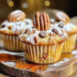 Here’s what you need to make these tasty pecan pie muffins: - 1 cup all-purpose flour - 1 cup whole wheat flour - 1 cup packed brown sugar - 1/2 cup granulated sugar - 1 tablespoon baking powder - 1/2 teaspoon baking soda - 1/2 teaspoon salt - 2 large eggs - 1 cup buttermilk (or milk with a tablespoon of vinegar added) - 1/2 cup unsalted butter, melted - 1 teaspoon vanilla extract - 1 cup chopped pecans - 1/2 cup mini chocolate chips (optional) These ingredients make the muffins rich and full of flavor. The mix of all-purpose and whole wheat flour gives a nice texture. Brown sugar adds deep sweetness, while granulated sugar balances it out. Baking powder and baking soda help the muffins rise. The buttermilk makes them moist and fluffy. If you don't have buttermilk, try regular milk with vinegar. The melted butter adds richness, and vanilla extract enhances the taste. Chopped pecans give that classic pecan pie flavor. If you want a sweet twist, toss in the mini chocolate chips. Gather these ingredients, and you’re ready to bake! 1. Preheat your oven to 350°F (175°C). Line a muffin tin with paper liners or lightly grease it. 2. In a large mixing bowl, whisk together: - 1 cup all-purpose flour - 1 cup whole wheat flour - 1 cup packed brown sugar - 1/2 cup granulated sugar - 1 tablespoon baking powder - 1/2 teaspoon baking soda - 1/2 teaspoon salt 3. In another bowl, beat 2 large eggs. Then, whisk in: - 1 cup buttermilk (or milk mixed with vinegar) - 1/2 cup melted unsalted butter - 1 teaspoon vanilla extract - 1/4 cup maple syrup 4. Pour the wet ingredients into the dry ingredients and stir gently. Mix until just combined. The batter should be slightly lumpy, so do not overmix. 5. Fold in 1 cup chopped pecans and 1/2 cup mini chocolate chips if you want a sweet surprise. 1. Divide the batter evenly among the muffin cups. Fill each cup about 3/4 full. 2. Bake in the preheated oven for 18-20 minutes. Check doneness with a toothpick. If it comes out clean, the muffins are ready. 1. Let the muffins cool in the pan for 5 minutes. Then, transfer them to a wire rack to cool completely. 2. For a lovely presentation, serve the muffins warm. Dust them lightly with powdered sugar. Top each muffin with a whole pecan. You can also drizzle more maple syrup on top for an extra treat. To make bakery-style muffins, you must measure ingredients right. Use a kitchen scale for the best results. This helps you get the perfect texture. Also, avoid overmixing the batter. Mix the dry and wet ingredients just until you see no dry flour. Some lumps are okay. This keeps your muffins light and fluffy. You can change the buttermilk and butter for different flavors. If you don’t have buttermilk, mix regular milk with a tablespoon of vinegar. This works well for moisture. For butter, you can use coconut oil or a plant-based spread. Want more taste? Add spices like cinnamon or nutmeg. A splash of almond extract also adds a nice touch. To keep your muffins moist, store them in an airtight container. This helps them stay fresh longer. For even baking, rotate your muffin tin halfway through cooking. This ensures all muffins bake evenly and brown nicely. If your oven has hot spots, this small step makes a big difference. {{image_2}} You can spice up your pecan pie muffins in fun ways. Adding a bit of cinnamon or nutmeg gives warmth and depth. You can also switch up the nuts. Try walnuts or hazelnuts for a twist. If you love chocolate, toss in some mini chocolate chips. They melt and add a rich flavor. Need a gluten-free option? Use almond or coconut flour instead of regular flour. This keeps the muffins tasty and light. Want to make them vegan? Swap the eggs for flaxseed meal mixed with water. Use almond milk or oat milk instead of buttermilk. This way, everyone can enjoy these treats. Seasonal fruits can add a fresh touch. In the fall, add some chopped apples or pears. They pair well with pecans. In spring, try blueberries or strawberries for a burst of color and flavor. You can also use citrus zest for a bright note. Each season brings new flavors to explore! To keep your pecan pie muffins fresh, store them in an airtight container. If you want to refrigerate them, use a container that seals well. This helps prevent them from drying out. For long-term storage, freezing is a great option. Wrap each muffin tightly in plastic wrap, then place them in a freezer bag. This keeps them fresh for months. At room temperature, these muffins stay fresh for about three days. Make sure they are in a cool place, away from direct sunlight. If you freeze them, they can last up to three months. When you're ready to eat, take one out and let it thaw. You can leave it at room temperature for a few hours. Reheating your muffins is simple. You can use the microwave for a quick fix. Heat one muffin for about 15-20 seconds. For a crispier texture, use the oven. Preheat your oven to 350°F (175°C) and place the muffins on a baking sheet for about 5-7 minutes. Enjoy them warm for the best flavor! How do you make pecan pie muffins from scratch? To make pecan pie muffins from scratch, gather your ingredients first. You will need all-purpose flour, whole wheat flour, brown sugar, granulated sugar, baking powder, baking soda, salt, eggs, buttermilk, melted butter, vanilla extract, maple syrup, chopped pecans, and optional mini chocolate chips. Mix the dry and wet ingredients in separate bowls, then combine them gently. This will ensure a perfect batter for your muffins. Can I substitute ingredients in the recipe? Yes, you can substitute some ingredients. For example, if you don’t have buttermilk, mix regular milk with a tablespoon of vinegar for a quick homemade version. You can also replace unsalted butter with coconut oil for a dairy-free option. However, be careful with sugar types; they affect sweetness and texture. What type of flour is best for muffins? For pecan pie muffins, a mix of all-purpose and whole wheat flour gives great texture. All-purpose flour provides lightness, while whole wheat flour adds a nutty flavor. This blend creates a hearty muffin that is still soft. How do I know when the muffins are done baking? To check if the muffins are done, insert a toothpick into the center. If it comes out clean or with a few crumbs, your muffins are ready. If it comes out wet, bake them a few more minutes. Why does my muffin batter need to be lumpy? A lumpy batter is key to good muffins. Overmixing can make them tough and dry. The lumps help keep the muffins light and airy. Just mix until the dry ingredients are moistened, and you’ll have perfect muffins. Can I use regular milk instead of buttermilk? Yes, you can use regular milk in place of buttermilk. Just add a tablespoon of vinegar to the milk and let it sit for a few minutes. This simple trick gives you the same tangy flavor and helps activate the baking soda. In this post, I shared how to make delicious pecan pie muffins. We covered key ingredients, step-by-step instructions, and baking tips. Remember, accurate measurements and not overmixing are essential for success. You can adapt the recipe for different flavors and dietary needs. Follow the storage tips to keep muffins fresh. Lastly, I answered common questions to help you bake with confidence. Enjoy baking these tasty muffins and share them with friends and family!