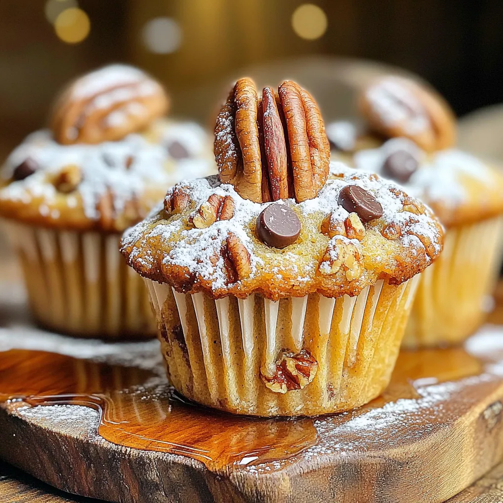 Here’s what you need to make these tasty pecan pie muffins: - 1 cup all-purpose flour - 1 cup whole wheat flour - 1 cup packed brown sugar - 1/2 cup granulated sugar - 1 tablespoon baking powder - 1/2 teaspoon baking soda - 1/2 teaspoon salt - 2 large eggs - 1 cup buttermilk (or milk with a tablespoon of vinegar added) - 1/2 cup unsalted butter, melted - 1 teaspoon vanilla extract - 1 cup chopped pecans - 1/2 cup mini chocolate chips (optional) These ingredients make the muffins rich and full of flavor. The mix of all-purpose and whole wheat flour gives a nice texture. Brown sugar adds deep sweetness, while granulated sugar balances it out. Baking powder and baking soda help the muffins rise. The buttermilk makes them moist and fluffy. If you don't have buttermilk, try regular milk with vinegar. The melted butter adds richness, and vanilla extract enhances the taste. Chopped pecans give that classic pecan pie flavor. If you want a sweet twist, toss in the mini chocolate chips. Gather these ingredients, and you’re ready to bake! 1. Preheat your oven to 350°F (175°C). Line a muffin tin with paper liners or lightly grease it. 2. In a large mixing bowl, whisk together: - 1 cup all-purpose flour - 1 cup whole wheat flour - 1 cup packed brown sugar - 1/2 cup granulated sugar - 1 tablespoon baking powder - 1/2 teaspoon baking soda - 1/2 teaspoon salt 3. In another bowl, beat 2 large eggs. Then, whisk in: - 1 cup buttermilk (or milk mixed with vinegar) - 1/2 cup melted unsalted butter - 1 teaspoon vanilla extract - 1/4 cup maple syrup 4. Pour the wet ingredients into the dry ingredients and stir gently. Mix until just combined. The batter should be slightly lumpy, so do not overmix. 5. Fold in 1 cup chopped pecans and 1/2 cup mini chocolate chips if you want a sweet surprise. 1. Divide the batter evenly among the muffin cups. Fill each cup about 3/4 full. 2. Bake in the preheated oven for 18-20 minutes. Check doneness with a toothpick. If it comes out clean, the muffins are ready. 1. Let the muffins cool in the pan for 5 minutes. Then, transfer them to a wire rack to cool completely. 2. For a lovely presentation, serve the muffins warm. Dust them lightly with powdered sugar. Top each muffin with a whole pecan. You can also drizzle more maple syrup on top for an extra treat. To make bakery-style muffins, you must measure ingredients right. Use a kitchen scale for the best results. This helps you get the perfect texture. Also, avoid overmixing the batter. Mix the dry and wet ingredients just until you see no dry flour. Some lumps are okay. This keeps your muffins light and fluffy. You can change the buttermilk and butter for different flavors. If you don’t have buttermilk, mix regular milk with a tablespoon of vinegar. This works well for moisture. For butter, you can use coconut oil or a plant-based spread. Want more taste? Add spices like cinnamon or nutmeg. A splash of almond extract also adds a nice touch. To keep your muffins moist, store them in an airtight container. This helps them stay fresh longer. For even baking, rotate your muffin tin halfway through cooking. This ensures all muffins bake evenly and brown nicely. If your oven has hot spots, this small step makes a big difference. {{image_2}} You can spice up your pecan pie muffins in fun ways. Adding a bit of cinnamon or nutmeg gives warmth and depth. You can also switch up the nuts. Try walnuts or hazelnuts for a twist. If you love chocolate, toss in some mini chocolate chips. They melt and add a rich flavor. Need a gluten-free option? Use almond or coconut flour instead of regular flour. This keeps the muffins tasty and light. Want to make them vegan? Swap the eggs for flaxseed meal mixed with water. Use almond milk or oat milk instead of buttermilk. This way, everyone can enjoy these treats. Seasonal fruits can add a fresh touch. In the fall, add some chopped apples or pears. They pair well with pecans. In spring, try blueberries or strawberries for a burst of color and flavor. You can also use citrus zest for a bright note. Each season brings new flavors to explore! To keep your pecan pie muffins fresh, store them in an airtight container. If you want to refrigerate them, use a container that seals well. This helps prevent them from drying out. For long-term storage, freezing is a great option. Wrap each muffin tightly in plastic wrap, then place them in a freezer bag. This keeps them fresh for months. At room temperature, these muffins stay fresh for about three days. Make sure they are in a cool place, away from direct sunlight. If you freeze them, they can last up to three months. When you're ready to eat, take one out and let it thaw. You can leave it at room temperature for a few hours. Reheating your muffins is simple. You can use the microwave for a quick fix. Heat one muffin for about 15-20 seconds. For a crispier texture, use the oven. Preheat your oven to 350°F (175°C) and place the muffins on a baking sheet for about 5-7 minutes. Enjoy them warm for the best flavor! How do you make pecan pie muffins from scratch? To make pecan pie muffins from scratch, gather your ingredients first. You will need all-purpose flour, whole wheat flour, brown sugar, granulated sugar, baking powder, baking soda, salt, eggs, buttermilk, melted butter, vanilla extract, maple syrup, chopped pecans, and optional mini chocolate chips. Mix the dry and wet ingredients in separate bowls, then combine them gently. This will ensure a perfect batter for your muffins. Can I substitute ingredients in the recipe? Yes, you can substitute some ingredients. For example, if you don’t have buttermilk, mix regular milk with a tablespoon of vinegar for a quick homemade version. You can also replace unsalted butter with coconut oil for a dairy-free option. However, be careful with sugar types; they affect sweetness and texture. What type of flour is best for muffins? For pecan pie muffins, a mix of all-purpose and whole wheat flour gives great texture. All-purpose flour provides lightness, while whole wheat flour adds a nutty flavor. This blend creates a hearty muffin that is still soft. How do I know when the muffins are done baking? To check if the muffins are done, insert a toothpick into the center. If it comes out clean or with a few crumbs, your muffins are ready. If it comes out wet, bake them a few more minutes. Why does my muffin batter need to be lumpy? A lumpy batter is key to good muffins. Overmixing can make them tough and dry. The lumps help keep the muffins light and airy. Just mix until the dry ingredients are moistened, and you’ll have perfect muffins. Can I use regular milk instead of buttermilk? Yes, you can use regular milk in place of buttermilk. Just add a tablespoon of vinegar to the milk and let it sit for a few minutes. This simple trick gives you the same tangy flavor and helps activate the baking soda. In this post, I shared how to make delicious pecan pie muffins. We covered key ingredients, step-by-step instructions, and baking tips. Remember, accurate measurements and not overmixing are essential for success. You can adapt the recipe for different flavors and dietary needs. Follow the storage tips to keep muffins fresh. Lastly, I answered common questions to help you bake with confidence. Enjoy baking these tasty muffins and share them with friends and family!