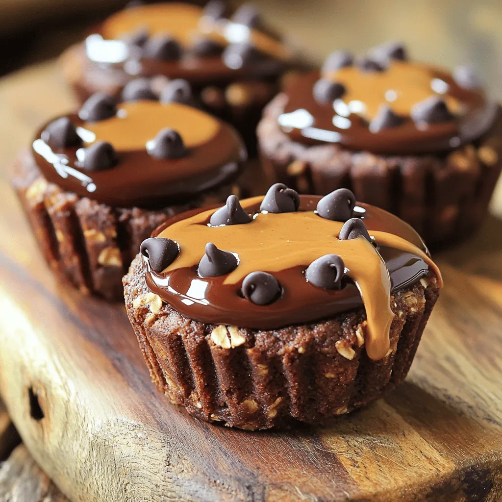 - 1 cup rolled oats - 1/2 cup natural peanut butter - 1/3 cup honey or maple syrup - 1/4 cup cocoa powder - 1/2 teaspoon vanilla extract - 1/4 teaspoon salt - 1/4 cup mini chocolate chips (plus extra for topping) - Optional: 1/4 cup chopped nuts or seeds These ingredients blend together to create a rich and nutritious snack. Each item adds flavor and texture. Rolled oats serve as the base. They provide fiber and keep you full. Natural peanut butter adds protein and healthy fats. Honey or maple syrup gives sweetness and binds the mix. Cocoa powder adds a deep chocolate taste. Vanilla extract enhances the flavors, while salt balances sweetness. Mini chocolate chips bring extra joy in every bite. If you want, toss in nuts or seeds for crunch. You can mix and match these ingredients based on your taste and needs. Each choice adds its own twist to the oat cups. Start by preheating your oven to 350°F (175°C). Next, grab your muffin tin. You can line it with paper liners or spray it with cooking oil. This step helps the oat cups come out easily after baking. In a large bowl, add 1 cup of rolled oats and 1/4 cup of cocoa powder. Mix them well. This helps to spread the chocolate flavor throughout the cups. Make sure there are no lumps of cocoa powder. In a separate bowl, take 1/2 cup of natural peanut butter. Add 1/3 cup of honey or maple syrup, 1/2 teaspoon of vanilla extract, and 1/4 teaspoon of salt. Whisk these together until the mix is smooth. This will add sweetness and flavor to your oat cups. Now, pour the wet mixture into the dry bowl. Stir it all together until it combines. The mix might feel sticky. If you want, fold in 1/4 cup of mini chocolate chips and any chopped nuts or seeds. Divide the mix evenly into the muffin tin cups. Press down slightly to make them compact. Top each cup with extra chocolate chips. Bake the oat cups in your preheated oven for 15-18 minutes. Watch for the edges to turn golden brown. Once baked, let them cool in the tin for about 10 minutes. After that, move them to a wire rack to cool completely. Once cool, you can store them in an airtight container for a tasty snack later! To get the best texture in your oat cups, focus on mixing. Start by blending the rolled oats and cocoa powder well. This step helps distribute the cocoa evenly. When you mix the wet and dry ingredients, stir gently but thoroughly. You want a sticky mix that holds together. If the mix feels too dry, add a splash of water. This will help bind everything without making it too wet. If you have dietary needs, don't worry! You can swap ingredients easily. For a nut-free version, use sunflower seed butter instead of peanut butter. If you can't have honey, maple syrup works great as a sweetener. For a gluten-free option, ensure your oats are certified gluten-free. You can also skip the chocolate chips or use dairy-free ones for a vegan choice. Presentation makes your oat cups even more tempting. Use a rustic wooden board to display them nicely. Drizzle extra peanut butter on top for a creamy touch. A sprinkle of cocoa powder adds a nice finish. These cups are perfect as snacks or desserts. Serve them with fresh fruit or a glass of milk for a fun treat! {{image_2}} You can easily mix up the flavor of your oat cups. Adding coconut is a tasty choice. Just toss in some shredded coconut before baking. Dried fruits like cranberries or raisins also work well. They add sweetness and chewiness. Feel free to try other flavors too. You can even swap the cocoa powder for carob powder for a different taste. If you need a nut-free snack, I have you covered. You can replace the peanut butter with sunflower seed butter. This swap keeps the creamy texture while avoiding nuts. You can also use tahini for a unique flavor. Both options are rich in healthy fats and proteins. To make the oat cups vegan, use maple syrup instead of honey. Maple syrup is a great natural sweetener. You can also swap out the mini chocolate chips for dairy-free ones. This helps keep the treat vegan. If you want a lower-sugar option, try using mashed bananas. They add natural sweetness and moisture. Enjoy these tasty tweaks to fit your diet! To keep your oat cups fresh, store them in an airtight container. Use wax paper between layers to avoid sticking. You can keep them on the counter for up to three days. If you want them to last longer, refrigerate them. In the fridge, they stay good for about a week. Freezing is a great way to keep your oat cups longer. Place them in a single layer on a baking sheet to freeze. Once they are solid, transfer them to a freezer-safe bag. They can last for up to three months in the freezer. When you're ready to eat, just thaw them overnight in the fridge or at room temperature for a few hours. These oat cups have a good shelf life. When stored properly, they can last a week in the fridge or up to three months in the freezer. For the best taste, I suggest you enjoy them fresh. If you notice any change in smell or texture, it’s best to throw them away. Always use clean utensils when serving to prevent spoilage. Yes, you can make these oat cups ahead of time. They store well in the fridge for up to five days. Just let them cool before placing them in an airtight container. You can also freeze them for up to three months. This makes them a perfect snack for busy days. You can use agave syrup or brown rice syrup instead of honey or maple syrup. Both provide sweetness and a nice flavor. You might also try coconut sugar, but it will change the texture slightly. Just make sure to adjust the amount based on your taste. Yes, these oat cups can be gluten-free if you use certified gluten-free oats. Regular oats may contain gluten due to cross-contamination during processing. Always check the label to ensure they meet your dietary needs. To make these oat cups more chocolatey, add more cocoa powder. You can also increase the mini chocolate chips in the mix. For extra indulgence, top each cup with a chocolate drizzle after baking. This adds rich flavor and a beautiful look. The blog post covered how to make delicious chocolate peanut butter oat cups. We discussed key ingredients, step-by-step instructions, and useful tips. You learned about flavor variations and storage options as well. Remember, you can customize these cups to fit your taste and dietary needs. Enjoy creating your own tasty treats. They are simple, fun to make, and perfect for snacks or breakfast!