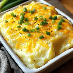 - 4 large russet potatoes, peeled and cubed - 4 cloves of garlic, minced - 1 cup sour cream - 1 cup shredded sharp cheddar cheese - 1/2 cup cream cheese, softened - 1/2 cup milk - 3 tablespoons butter - 1 teaspoon salt - 1/2 teaspoon black pepper - 1/4 teaspoon paprika - 1/4 cup green onions, chopped (for garnish) In this dish, the russet potatoes shine. They are soft and fluffy. Garlic adds a rich flavor. Sour cream gives it creaminess. Cheddar cheese makes it cheesy and delicious. Cream cheese adds more richness. Milk helps to make the mash smooth. Butter adds a nice taste and texture. Salt and pepper season the dish well. Paprika gives a hint of warmth. Finally, chopped green onions add a fresh touch. When you gather these ingredients, think about how they work together. Each one plays a part in creating a savory delight. This recipe is perfect for any meal. Whether it's a family dinner or a holiday feast, cheesy garlic mashed potato casserole will impress everyone. Keep your ingredients fresh for the best flavor. You can find russet potatoes at any grocery store. Look for firm ones without any spots. The same goes for garlic and the dairy items. Always choose high-quality products for the best results. To start, fill a large pot with salted water. Add the cubed russet potatoes and minced garlic. Bring the pot to a boil. Cook for about 15 to 20 minutes. You want the potatoes to be tender enough to mash. Once cooked, drain the potatoes well. Now, return the drained potatoes to the pot. Add the softened cream cheese, butter, milk, sour cream, salt, black pepper, and paprika. Mash everything together until smooth and creamy. This will create a rich flavor base. Next, stir in the shredded cheddar cheese. Mix well to ensure the cheese is evenly distributed. Spoon the potato mixture into a greased 9x13-inch casserole dish. Spread it out evenly. Now, preheat your oven to 350°F (175°C). Bake the casserole for about 25 to 30 minutes. You want the top to be golden and slightly crispy. Enjoy the wonderful aroma as it bakes! To avoid lumpy potatoes, start with russet potatoes. They are starchy and mash well. Cut the potatoes into equal-sized cubes to cook evenly. Boil them until they are tender, about 15-20 minutes. Drain them well before mashing. The temperature of the cream cheese matters too. Make sure it is softened. Cold cream cheese can lead to lumps. Let it sit out for about 30 minutes before using. This will help it mix in smoothly. Adding herbs or spices can elevate the flavor. Try fresh chives or parsley for a fresh touch. A pinch of garlic powder can boost the garlic taste. You can also change the cheese in this dish. Swap sharp cheddar for mozzarella for a milder flavor. Or use pepper jack for a spicy kick. Mixing different cheeses can create a unique taste. This casserole pairs well with many dishes. Serve it alongside roast chicken or grilled steak. It also goes great with a fresh salad to balance the richness. For presentation, consider garnishing with green onions. They add color and a fresh taste. You can also sprinkle some paprika on top for a nice look. Serve it hot for the best flavor and texture. {{image_2}} You can switch out the cheddar cheese with other cheeses. Try mozzarella for a milder taste or gouda for a smoky flavor. If you want a sharp bite, use pepper jack. For cream cheese, Greek yogurt is a great substitute. It gives a nice tang and cuts some fat too. Instead of russet potatoes, use Yukon Gold for a buttery taste. Red potatoes also work well; they stay creamy when mashed. Sweet potatoes are a fun twist, adding sweetness and color to the dish. To make this casserole gluten-free, check your ingredients. Most cheeses and sour creams are gluten-free, but always read labels. You can also use gluten-free breadcrumbs on top for extra crunch. For a vegetarian option, skip any meat toppings. This dish is already meat-free, so it fits right in. You can also add veggies like spinach or mushrooms for a hearty touch. Use fresh herbs in spring, like chives or parsley. They brighten the casserole and add flavor. In fall, add roasted garlic for a warm taste. You can also mix in seasonal veggies like butternut squash. For the holidays, consider adding crispy bacon or caramelized onions on top. These add a festive touch and make the dish more special. You can also sprinkle some festive spices like nutmeg for a cozy feel. To keep your Cheesy Garlic Mashed Potato Casserole fresh, refrigerate it right away. Place the leftovers in an airtight container. This will help keep them moist and tasty. You can store them in the fridge for up to three days. For long-term storage, freezing works well too. Put the cooled casserole in a freezer-safe container. Make sure to label it with the date. You can freeze it for up to two months. When you’re ready to eat it, just thaw it in the fridge overnight. To reheat your casserole, the oven is your best friend. Preheat it to 350°F (175°C). Place the casserole in a baking dish and cover it with foil. Bake for about 20 minutes until heated through. If you want to avoid a rubbery texture, try these tips. Add a splash of milk before reheating. This keeps the potatoes creamy. Stir gently before serving to blend the flavors again. Enjoy your cheesy delight! Yes, you can make this dish ahead of time. Prepare the casserole up to the point of baking. Then, cover it tightly with foil. You can store it in the fridge for up to 24 hours. When ready to bake, preheat your oven. Remove the foil and bake for about 30-35 minutes. If it’s cold from the fridge, it may need a bit more time. This way, you save time on busy days while enjoying a tasty meal. This casserole pairs well with many dishes. You might serve it with roasted chicken or grilled steak. A fresh salad can also balance the richness of the casserole. For sides, consider steamed broccoli or green beans. These add color and nutrients to your plate. You can also serve bread rolls for a complete meal. Absolutely! You can use low-fat sour cream and cream cheese. These swaps keep the taste good without the extra calories. Use skim milk instead of whole milk for a lighter option. Just make sure to mix everything well. The casserole will still be creamy and satisfying. You now have a complete guide to making Cheesy Garlic Mashed Potato Casserole. We covered all the ingredients, from russet potatoes to green onions. You learned step-by-step how to prepare, mash, and bake your dish. We shared tips for the perfect texture and flavor, plus variations for dietary needs. Storing leftovers and reheating them properly ensures that every bite remains delicious. Enjoy creating this tasty dish, and don’t forget to share your unique twists with friends and family. Happy cooking!