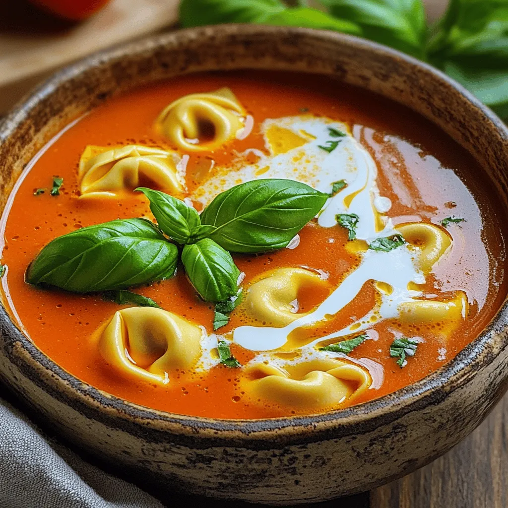 For a delicious Creamy Tomato Tortellini Soup, we need the following essential ingredients: - 2 tablespoons olive oil - 1 medium onion, chopped - 2 cloves garlic, minced - 4 cups vegetable broth - 1 can (14 oz) crushed tomatoes - 2 teaspoons dried basil - 1 teaspoon dried oregano - 1 teaspoon sugar - 1 package (9 oz) cheese tortellini - 1 cup heavy cream or coconut cream for a dairy-free option - Salt and pepper to taste - Fresh basil leaves for garnish These ingredients work together to create a rich and creamy soup. The olive oil adds a nice base flavor, while the onion and garlic provide depth. The crushed tomatoes and broth form the heart of the soup. For some optional ingredients, consider: - Fresh vegetables like spinach or bell peppers for added nutrition. - A pinch of red pepper flakes for a spicy kick. - Grated cheese on top before serving for extra flavor. If you need dietary substitutions: - Use gluten-free tortellini to make this dish gluten-free. - Swap heavy cream for coconut cream or almond milk for a dairy-free option. - Adjust seasonings to suit your taste or dietary needs. Feel free to mix and match ingredients based on what you have on hand. This soup is flexible and easy to customize! To make this creamy tomato tortellini soup, start by gathering your ingredients. You will need olive oil, onion, garlic, vegetable broth, crushed tomatoes, dried basil, dried oregano, sugar, cheese tortellini, and cream. 1. Sautéing Onion and Garlic: Heat the olive oil in a large pot over medium heat. Add the chopped onion and cook for about five minutes. You want the onion to be soft and clear. This step adds great flavor. Then, add the minced garlic and stir for one more minute. The garlic should smell nice but not burn. 2. Simmering the Mixture: Next, pour in the vegetable broth and add crushed tomatoes, dried basil, oregano, and sugar. Mix it well. Bring this mixture to a simmer. Simmering helps meld the flavors and makes your soup tasty. - Timing for Cooking Tortellini: Add the cheese tortellini once the soup is simmering. Cook it as per the package instructions, which is usually about five to seven minutes. Make sure not to overcook it, or it will get mushy. - Incorporating Cream or Coconut Cream: After cooking the tortellini, lower the heat. Stir in the heavy cream or coconut cream until it mixes in fully. This step makes the soup rich and creamy. Heat it through for two to three minutes. - Signs of Doneness: Your soup is ready when it is hot and the tortellini is tender. Taste it and add salt and pepper as needed. Garnish with fresh basil leaves for a pop of flavor. To boost the taste of your creamy tomato tortellini soup, consider adding fresh herbs. Try mixing in parsley or thyme for a fresh twist. You can also sprinkle in a pinch of red pepper flakes for heat. Texture matters too! Top your soup with crispy croutons or a sprinkle of Parmesan cheese. These add a nice crunch and extra flavor. If you want a heartier meal, add protein like cooked chicken or beans. Mixing in spinach or zucchini can also add nutrients and color. One common mistake is overcooking the tortellini. Follow the package instructions closely. Overcooked pasta can become mushy and lose its shape. Another mistake is not seasoning enough. Taste your soup as you cook and adjust the salt and pepper. Proper seasoning can transform your dish. Don’t skip the garnishing step! Fresh basil leaves not only look great but add a burst of flavor. Always finish your soup with a garnish for that extra touch. {{image_2}} You can make this soup fit your diet easily. For a gluten-free option, use gluten-free tortellini. Many brands make this pasta that tastes great and holds up well. Check the store for options made from rice or chickpeas. If you want a vegan version, swap the heavy cream for coconut cream. This makes the soup rich and creamy without dairy. You can also use vegetable broth to keep it plant-based. Using fresh tomatoes can change the soup's flavor. Start with about 3-4 medium ripe tomatoes. Chop them up and add them in place of the canned tomatoes. Cook them down until soft for a fresher taste. If you don’t have tortellini, you can use other pasta types. Small shapes like shells or elbows work well. Just cook them as directed and add them to the soup. This keeps the meal fun and versatile, perfect for any night. To keep your creamy tomato tortellini soup fresh, store it in an airtight container. This helps prevent spills and keeps smells in check. You can refrigerate the soup for up to three days. For longer storage, freeze it. It lasts well in the freezer for about three months. Just make sure to let it cool before placing it in the freezer. When you’re ready to enjoy your leftovers, reheating is key. Use a pot on the stove for the best results. Heat over medium heat and stir often. This helps keep the flavors intact. To add moisture back, consider adding a splash of vegetable broth or water. This will help revive the creamy texture. If using the microwave, heat in short bursts, stirring in between. This ensures even heating without overcooking the soup. You can make this soup ahead of time. First, cook the soup as usual. After it cools, store it in an airtight container. It keeps well in the fridge for three to four days. If you want to freeze it, leave out the cream. When you reheat, add cream then. This way, the soup stays creamy and tasty. Yes, you can use chicken broth or beef broth. Chicken broth adds a rich flavor. Beef broth gives a deeper taste. If you prefer a lighter soup, stick with vegetable broth. Each broth changes the soup's flavor but keeps it yummy. This soup pairs well with many sides. A simple green salad works great. You can also serve crusty bread for dipping. Grilled cheese sandwiches are a classic choice too. For something different, try a cheese platter with fresh fruit. These sides make the meal more fun and filling. This blog post covered all you need for a great Creamy Tomato Tortellini Soup. You learned about essential ingredients and cooking steps. I shared tips to enhance flavors and avoid common mistakes. Variations cater to dietary needs, and I provided storage and reheating info for leftovers. With this guide, you can make a delicious soup that's perfect for any meal. Enjoy experimenting with flavors and ingredients to suit your taste!