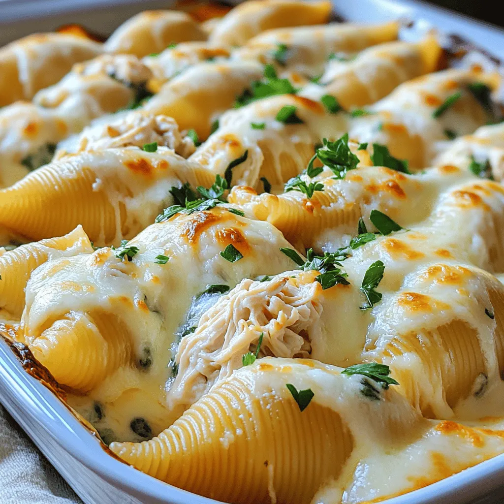 - 20 jumbo pasta shells - 2 cups cooked chicken, shredded - 1 cup ricotta cheese - 1 cup shredded mozzarella cheese (plus extra for topping) - 1 cup Alfredo sauce (store-bought or homemade) - 1/2 cup grated Parmesan cheese - 1 cup fresh spinach, chopped - 2 cloves garlic, minced - Salt and pepper to taste - 1 teaspoon Italian seasoning - Fresh parsley for garnish These ingredients create a rich and creamy dish. First, you need jumbo pasta shells. They hold the filling well. Next, cooked chicken is key. It adds protein and flavor. I love using shredded chicken for a tender bite. Ricotta cheese gives that creamy texture, while mozzarella adds stretch and melt. Alfredo sauce is essential for that classic flavor. You can use store-bought for ease or make your own. Grated Parmesan cheese adds a sharp taste, balancing the creaminess. Fresh spinach adds color and nutrients. Minced garlic boosts the overall flavor. Don’t forget salt, pepper, and Italian seasoning for seasoning. These spices make all the difference. Finally, fresh parsley is perfect for garnish. It adds a pop of color and freshness. With this list, you’re ready to create Loaded Chicken Alfredo Stuffed Shells that everyone will love! 1. Preheat your oven to 375°F (190°C). This step gets your oven ready. 2. Cook the jumbo pasta shells until they are al dente. Follow the package directions. Once done, drain and set them aside to cool slightly. 1. In a large bowl, mix together the shredded chicken, ricotta cheese, and 1 cup of mozzarella cheese. 2. Add half of the Alfredo sauce, chopped spinach, minced garlic, Italian seasoning, salt, and pepper. 3. Stir the mixture until it is well combined. You want a creamy, flavorful filling. 1. Take each cooked shell and fill it generously with the chicken and cheese mixture. 2. Place the stuffed shells seam-side up in a greased 9x13 inch baking dish. 3. Pour the remaining Alfredo sauce evenly over the stuffed shells. 4. Sprinkle additional mozzarella and Parmesan cheese on top. This method ensures that every shell is covered in rich, creamy goodness. Enjoy the simple joy of creating a cozy dish! To ensure your shells don't stick together, cook them in a large pot. Use plenty of water and add a pinch of salt. This helps keep the pasta from clumping. Stir gently while cooking. Once done, drain the shells and rinse them with cold water. This stops the cooking and cools them down. Filling the shells can be tricky. A simple way to fill them is using a spoon. But I find a piping bag works even better. It allows you to fill each shell with ease. Just cut a small hole in the corner and squeeze the filling right in. Add a variety of veggies to your mix. Chopped bell peppers or mushrooms can boost the taste. You can also try adding zucchini or roasted eggplant for a new twist. Each veggie brings its own flavor and texture. Don't forget about cheese! You can mix in different types for more depth. Try adding cream cheese for extra creaminess. Or sprinkle some feta for a tangy touch. Each cheese can change the whole dish. Explore and find your favorite combos! {{image_2}} After enjoying your loaded chicken Alfredo stuffed shells, store any leftovers in the fridge. Use an airtight container to keep them fresh. These stuffed shells can last up to 3-4 days in the refrigerator. To reheat, try using the oven. Preheat it to 350°F (175°C). Place the shells in a baking dish, add a splash of Alfredo sauce on top, and cover with foil. Heat for about 15-20 minutes until warm. This method helps keep the shells moist and tasty. If you want to save some for later, freezing is a great option. First, let the stuffed shells cool completely. Then, place them in a single layer on a baking sheet. Freeze until firm, about 1-2 hours. Once frozen, transfer the shells to a freezer-safe bag or container. Be sure to label them with the date. You can freeze them for up to 3 months. When ready to eat, thaw in the fridge overnight. Then, bake them at 350°F (175°C) for about 30-35 minutes. Pour some Alfredo sauce on top before baking for extra flavor. Enjoy your delicious meal later! For a great meal, I love to serve a fresh salad with my Loaded Chicken Alfredo Stuffed Shells. A simple green salad works well. Use mixed greens, cherry tomatoes, and cucumber. Toss it with a light vinaigrette. This adds a refreshing crunch to the dish. You can also serve garlic bread alongside the stuffed shells. The warm, buttery bread complements the creamy flavors of the Alfredo sauce. Just slice a loaf of Italian bread, spread garlic butter, and bake until golden. It’s a simple yet tasty side. To make your dish look even better, garnish with fresh herbs. I suggest using chopped parsley. It adds a pop of color and a burst of flavor. Just sprinkle the parsley on top right before serving. This small touch makes your meal feel special and inviting. Enjoy your cooking adventure! Stuffed shells can last in the fridge for about 3 to 5 days. Make sure to store them in an airtight container. This keeps them fresh and tasty. If you want to enjoy them later, consider freezing them. Yes, you can use homemade Alfredo sauce. In fact, it can add a fresh taste. Just make sure your sauce is thick enough to coat the shells. A creamy sauce enhances the overall flavor. You can use several proteins in this dish. Ground turkey, ground beef, or even shrimp work well. Tofu is a great option for a vegetarian twist. Each protein adds its unique flavor, making the dish versatile and fun. You now have a clear guide to making delicious stuffed shells. We covered essential ingredients, preparation steps, and tips to enhance flavor. Remember to mix in your favorite veggies or cheeses to suit your taste. Don't forget the storage and serving ideas to make meal prep easy. Enjoy your creamy, cheesy dish with friends and family, and be sure to show off your cooking skills! Happy cooking!