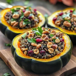 To make wild rice stuffed squash, you need these simple ingredients: - 2 medium acorn squashes - 1 cup wild rice - 3 cups vegetable broth - 1 small onion - 2 cloves garlic - 1 cup mushrooms - 1 cup spinach - 1/4 cup dried cranberries - 1/4 cup walnuts - 1 teaspoon dried thyme - 1 teaspoon salt - 1/2 teaspoon black pepper - 2 tablespoons olive oil - Fresh parsley for garnish The acorn squash gives a nice, sweet base. Wild rice adds a nutty flavor. The broth cooks the rice well. Onions and garlic bring warmth. Mushrooms add earthiness, while spinach gives that fresh touch. Dried cranberries add sweetness, and walnuts add crunch. Thyme, salt, and pepper season the mix perfectly. Olive oil adds richness, and parsley brightens the dish. These ingredients come together to create a dish that's not only tasty but also healthy. Each bite gives you a mix of flavors and textures. You’ll feel great serving this to friends or family. - Preheat the oven to 400°F (200°C). This helps the squash roast perfectly. - Prepare the acorn squashes by cutting them in half and removing the seeds. This step makes room for the filling. - Roast the squashes cut-side up on a baking sheet. Brush the insides with olive oil and season with salt and pepper. Roast them for about 25 to 30 minutes. They should be tender. - Cook the wild rice in vegetable broth. This adds great flavor. Follow the package directions for the best results. It usually takes about 45 minutes to 1 hour. - Monitor the cooking time closely. You want the rice tender but not mushy. - In a large skillet, heat some olive oil over medium heat. - Sauté the chopped onion and minced garlic until they look clear. This should take about 3 to 4 minutes. - Add the diced mushrooms. Cook them until browned and their juices release. This takes about 5 to 7 minutes. - Next, stir in the chopped spinach. Cook just until it wilts, about 2 minutes. - Once the wild rice is cooked, add it to the skillet with the sautéed veggies. - Mix in the dried cranberries, chopped walnuts, thyme, salt, and black pepper. Stir well to combine everything. Heat it through for about 2 to 3 minutes. - After roasting, take the squashes out of the oven. - Spoon the wild rice mixture generously into each half. Make sure to pack it in nicely. - Return the stuffed squashes to the oven. Bake for an additional 10 to 15 minutes. This step melds the flavors perfectly. - Best practices for roasting squash: Preheat your oven to 400°F (200°C). Cut the acorn squashes in half and scoop out the seeds. Brush the insides with olive oil and sprinkle with salt and pepper. This helps the squash cook evenly and adds flavor. Roast them for 25-30 minutes until tender. You can check by poking them with a fork. - Ensuring tender wild rice: Rinse the wild rice well before cooking. This removes any dust and helps it cook better. Use vegetable broth for flavor. Cooking time can vary, but it usually takes about 45 minutes to 1 hour. Keep an eye on it and taste to check for doneness. - Presentation ideas for stuffed squash: Serve the stuffed squash on a wooden board or a rustic platter. Drizzle with extra olive oil or balsamic reduction for a fancy touch. Garnish with fresh parsley for a pop of color. This makes the dish look inviting and cheerful. - Pairing options (sides, sauces): Pair the stuffed squash with a simple green salad. A light vinaigrette works well. You can also serve it with some roasted vegetables or a creamy sauce. These add extra flavor and texture to the meal. - Alternatives for wild rice: If you can't find wild rice, try brown rice or quinoa. Both will give a nice texture, though the flavor will differ slightly. Adjust cooking times as needed. - Other nuts or dried fruits to use: Instead of walnuts, you can use pecans or almonds. For dried fruits, raisins or chopped dates work great too. These swaps will add different flavors and crunch to your stuffing. {{image_2}} For fall, I love to add pumpkin spice to the wild rice mix. This spice gives the dish a warm, cozy taste. You can use cinnamon, nutmeg, and ginger for that perfect autumn flair. In spring, I swap in fresh asparagus. Just chop it up and add it with the spinach. The bright green color and crisp texture make it a delightful twist. If you want a vegetarian or vegan option, this recipe fits perfectly. Just ensure all your ingredients are plant-based. You can also make this dish gluten-free. Use gluten-free wild rice or another grain like quinoa. Always check the labels to be sure. For those who love heat, add chili flakes to the wild rice filling. It gives the dish a spicy kick. If you're in the mood for something sweeter, drizzle maple syrup over the filling before baking. This twist will add a nice layer of flavor and balance the savory notes from the squash and rice. Store leftover stuffed squash in an airtight container. Keep it in the fridge for up to four days. If you want to meal prep, you can make the filling a day ahead. Just keep it separate from the squash until you are ready to bake. To reheat, you can use the oven or microwave. For the oven, set it to 350°F (175°C) and warm for about 15-20 minutes. If using a microwave, heat it in short bursts. Check every minute to avoid drying it out. Adding a splash of broth helps keep it moist. Yes, you can freeze stuffed squash! Wrap each half tightly in plastic wrap. Place them in a freezer bag or container. They will last up to three months. When ready to eat, thaw it in the fridge overnight. Then bake it at 350°F (175°C) for 25-30 minutes until heated through. Cooking wild rice takes about 45 minutes to 1 hour. It cooks in vegetable broth for great flavor. Check the package for exact times, as some brands vary. The rice should be tender and have a chewy texture when done. Stir occasionally to prevent sticking. Yes, you can make this dish ahead. Cook the wild rice and prepare the filling. Store it in the fridge for up to two days. You can also roast the squash and keep it separate. When ready to serve, fill the squash and bake it. This saves time on busy days. Serve this dish with a crisp green salad or steamed vegetables. Roasted Brussels sprouts or sweet potatoes pair well, too. A drizzle of balsamic reduction adds a nice touch. You can also offer crusty bread for a hearty meal. Yes, you can use other squash types. Butternut squash works great and is sweet. You can also try spaghetti squash for a different texture. Just adjust cooking times based on the squash you choose. Each option adds its own flavor twist to the dish. Wild rice stuffed squash is not just a dish; it’s a flavorful treat. We explored essential ingredients, steps to prepare, and creative variations. Remember to roast your squash well and adjust the filling to your taste. This dish is great for any season and fits many dietary needs. With the right tips for storage and serving, you can enjoy it even more. Embrace this recipe to impress friends and family with your culinary skills! Enjoy the process and savor each bite.