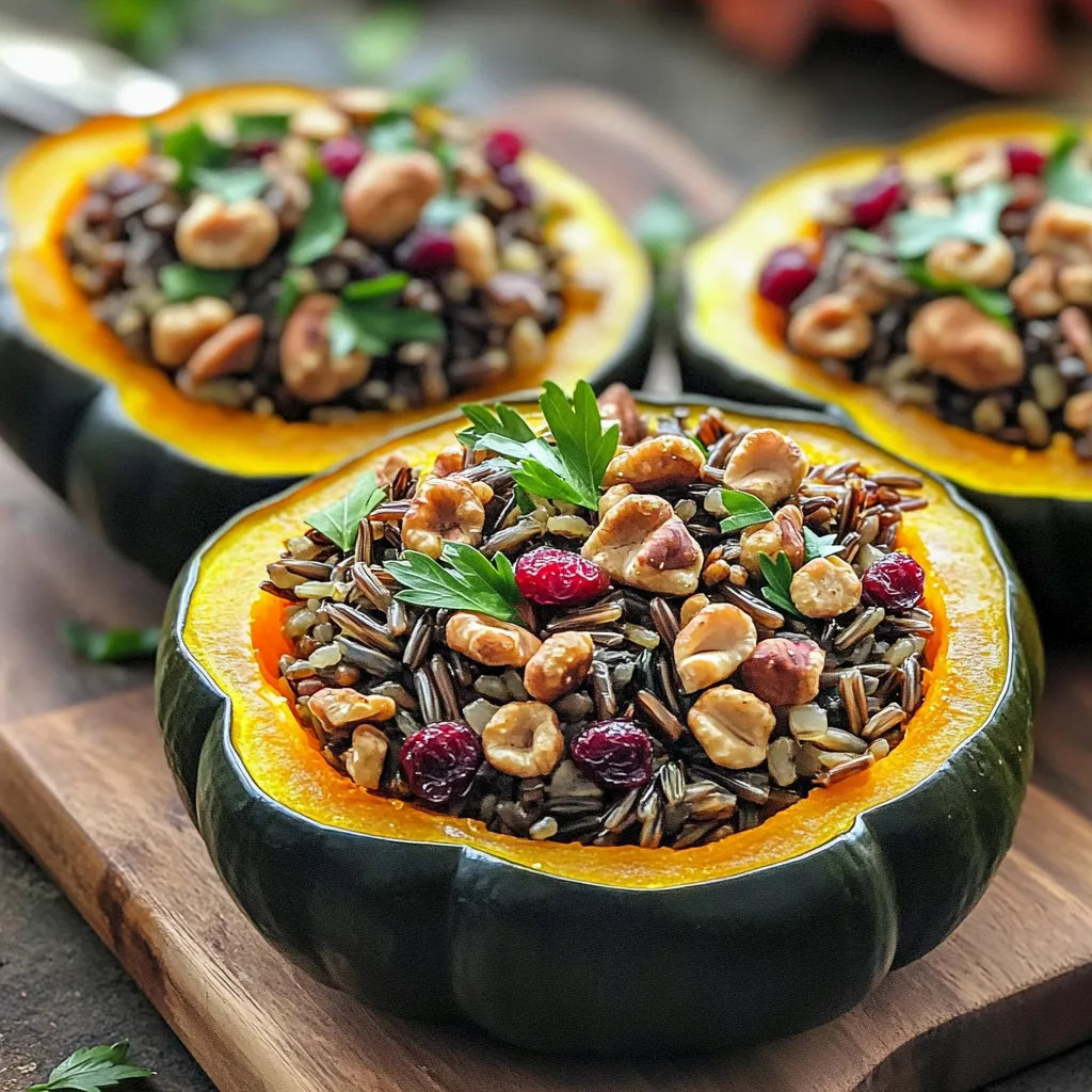 To make wild rice stuffed squash, you need these simple ingredients: - 2 medium acorn squashes - 1 cup wild rice - 3 cups vegetable broth - 1 small onion - 2 cloves garlic - 1 cup mushrooms - 1 cup spinach - 1/4 cup dried cranberries - 1/4 cup walnuts - 1 teaspoon dried thyme - 1 teaspoon salt - 1/2 teaspoon black pepper - 2 tablespoons olive oil - Fresh parsley for garnish The acorn squash gives a nice, sweet base. Wild rice adds a nutty flavor. The broth cooks the rice well. Onions and garlic bring warmth. Mushrooms add earthiness, while spinach gives that fresh touch. Dried cranberries add sweetness, and walnuts add crunch. Thyme, salt, and pepper season the mix perfectly. Olive oil adds richness, and parsley brightens the dish. These ingredients come together to create a dish that's not only tasty but also healthy. Each bite gives you a mix of flavors and textures. You’ll feel great serving this to friends or family. - Preheat the oven to 400°F (200°C). This helps the squash roast perfectly. - Prepare the acorn squashes by cutting them in half and removing the seeds. This step makes room for the filling. - Roast the squashes cut-side up on a baking sheet. Brush the insides with olive oil and season with salt and pepper. Roast them for about 25 to 30 minutes. They should be tender. - Cook the wild rice in vegetable broth. This adds great flavor. Follow the package directions for the best results. It usually takes about 45 minutes to 1 hour. - Monitor the cooking time closely. You want the rice tender but not mushy. - In a large skillet, heat some olive oil over medium heat. - Sauté the chopped onion and minced garlic until they look clear. This should take about 3 to 4 minutes. - Add the diced mushrooms. Cook them until browned and their juices release. This takes about 5 to 7 minutes. - Next, stir in the chopped spinach. Cook just until it wilts, about 2 minutes. - Once the wild rice is cooked, add it to the skillet with the sautéed veggies. - Mix in the dried cranberries, chopped walnuts, thyme, salt, and black pepper. Stir well to combine everything. Heat it through for about 2 to 3 minutes. - After roasting, take the squashes out of the oven. - Spoon the wild rice mixture generously into each half. Make sure to pack it in nicely. - Return the stuffed squashes to the oven. Bake for an additional 10 to 15 minutes. This step melds the flavors perfectly. - Best practices for roasting squash: Preheat your oven to 400°F (200°C). Cut the acorn squashes in half and scoop out the seeds. Brush the insides with olive oil and sprinkle with salt and pepper. This helps the squash cook evenly and adds flavor. Roast them for 25-30 minutes until tender. You can check by poking them with a fork. - Ensuring tender wild rice: Rinse the wild rice well before cooking. This removes any dust and helps it cook better. Use vegetable broth for flavor. Cooking time can vary, but it usually takes about 45 minutes to 1 hour. Keep an eye on it and taste to check for doneness. - Presentation ideas for stuffed squash: Serve the stuffed squash on a wooden board or a rustic platter. Drizzle with extra olive oil or balsamic reduction for a fancy touch. Garnish with fresh parsley for a pop of color. This makes the dish look inviting and cheerful. - Pairing options (sides, sauces): Pair the stuffed squash with a simple green salad. A light vinaigrette works well. You can also serve it with some roasted vegetables or a creamy sauce. These add extra flavor and texture to the meal. - Alternatives for wild rice: If you can't find wild rice, try brown rice or quinoa. Both will give a nice texture, though the flavor will differ slightly. Adjust cooking times as needed. - Other nuts or dried fruits to use: Instead of walnuts, you can use pecans or almonds. For dried fruits, raisins or chopped dates work great too. These swaps will add different flavors and crunch to your stuffing. {{image_2}} For fall, I love to add pumpkin spice to the wild rice mix. This spice gives the dish a warm, cozy taste. You can use cinnamon, nutmeg, and ginger for that perfect autumn flair. In spring, I swap in fresh asparagus. Just chop it up and add it with the spinach. The bright green color and crisp texture make it a delightful twist. If you want a vegetarian or vegan option, this recipe fits perfectly. Just ensure all your ingredients are plant-based. You can also make this dish gluten-free. Use gluten-free wild rice or another grain like quinoa. Always check the labels to be sure. For those who love heat, add chili flakes to the wild rice filling. It gives the dish a spicy kick. If you're in the mood for something sweeter, drizzle maple syrup over the filling before baking. This twist will add a nice layer of flavor and balance the savory notes from the squash and rice. Store leftover stuffed squash in an airtight container. Keep it in the fridge for up to four days. If you want to meal prep, you can make the filling a day ahead. Just keep it separate from the squash until you are ready to bake. To reheat, you can use the oven or microwave. For the oven, set it to 350°F (175°C) and warm for about 15-20 minutes. If using a microwave, heat it in short bursts. Check every minute to avoid drying it out. Adding a splash of broth helps keep it moist. Yes, you can freeze stuffed squash! Wrap each half tightly in plastic wrap. Place them in a freezer bag or container. They will last up to three months. When ready to eat, thaw it in the fridge overnight. Then bake it at 350°F (175°C) for 25-30 minutes until heated through. Cooking wild rice takes about 45 minutes to 1 hour. It cooks in vegetable broth for great flavor. Check the package for exact times, as some brands vary. The rice should be tender and have a chewy texture when done. Stir occasionally to prevent sticking. Yes, you can make this dish ahead. Cook the wild rice and prepare the filling. Store it in the fridge for up to two days. You can also roast the squash and keep it separate. When ready to serve, fill the squash and bake it. This saves time on busy days. Serve this dish with a crisp green salad or steamed vegetables. Roasted Brussels sprouts or sweet potatoes pair well, too. A drizzle of balsamic reduction adds a nice touch. You can also offer crusty bread for a hearty meal. Yes, you can use other squash types. Butternut squash works great and is sweet. You can also try spaghetti squash for a different texture. Just adjust cooking times based on the squash you choose. Each option adds its own flavor twist to the dish. Wild rice stuffed squash is not just a dish; it’s a flavorful treat. We explored essential ingredients, steps to prepare, and creative variations. Remember to roast your squash well and adjust the filling to your taste. This dish is great for any season and fits many dietary needs. With the right tips for storage and serving, you can enjoy it even more. Embrace this recipe to impress friends and family with your culinary skills! Enjoy the process and savor each bite.