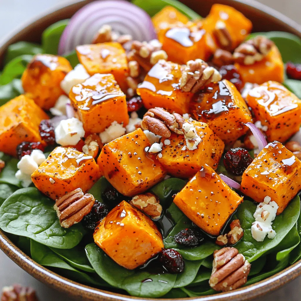 This salad is full of flavors and textures. Here’s what you need: - 2 large sweet potatoes, peeled and cubed - 3 tablespoons maple syrup - 2 tablespoons olive oil - 1 teaspoon ground cinnamon - Salt and pepper to taste - 4 cups fresh baby spinach - 1/2 red onion, thinly sliced - 1/2 cup pecans, roughly chopped - 1/2 cup crumbled feta cheese - 1/4 cup dried cranberries - 2 tablespoons balsamic vinegar Sweet potatoes bring sweetness and creaminess. Maple syrup adds a rich flavor that blends well. Olive oil helps the sweet potatoes roast perfectly. Ground cinnamon gives a warm, cozy taste. Don’t forget the seasoning; it enhances every bite. Fresh baby spinach adds a nice crunch and color. Red onion brings a sharp flavor that balances the sweetness. Pecans give a nice bite and nutty flavor. Feta cheese adds creaminess and saltiness. Dried cranberries give bursts of sweetness. Finally, balsamic vinegar ties it all together with a tangy finish. With these ingredients, you can create a tasty and beautiful salad that shines on any table. - Preheating the oven: Start by setting your oven to 425°F (220°C). This heat makes the sweet potatoes crisp and tasty. - Tossing sweet potatoes with ingredients: In a large bowl, add the cubed sweet potatoes. Pour in 3 tablespoons of maple syrup and 2 tablespoons of olive oil. Sprinkle in 1 teaspoon of ground cinnamon, along with salt and pepper to taste. Mix everything until the sweet potatoes are well coated. - Preparing the baking sheet: Grab a baking sheet and line it with parchment paper. This helps with easy cleanup and keeps the sweet potatoes from sticking. - Arranging sweet potatoes for roasting: Spread the sweet potatoes in a single layer on the lined baking sheet. Make sure they have space between them. This helps them roast evenly. - Roasting time and method: Place the baking sheet in the oven. Roast the sweet potatoes for 25 to 30 minutes. Halfway through, stir them to ensure they cook evenly. They should be tender and caramelized when done. - Combining salad ingredients: While the sweet potatoes roast, take a large mixing bowl. Add 4 cups of fresh baby spinach, 1/2 sliced red onion, 1/2 cup chopped pecans, 1/2 cup crumbled feta cheese, and 1/4 cup dried cranberries. Mix these together to blend the flavors. - Addition of roasted sweet potatoes: Once the sweet potatoes finish roasting, let them cool for a few minutes. Then, add them to the salad mixture. - Incorporating balsamic vinegar: Drizzle 2 tablespoons of balsamic vinegar over the salad. Toss everything gently to combine. Taste the salad and adjust the seasoning if you need to. Add more salt or pepper if you like. - Achieving the right texture: To get sweet potatoes just right, cut them into even cubes. This helps them roast evenly. Roasting at 425°F brings out their natural sweetness and gives a nice caramelized edge. Stir them halfway through cooking to ensure all sides brown nicely. - Flavor enhancement suggestions: For added depth, sprinkle a touch of smoked paprika or nutmeg with the cinnamon. A pinch of cayenne can give a subtle heat. You can also use maple syrup with a hint of vanilla extract for extra sweetness. - Presentation ideas and garnishing: Serve the salad in a large bowl or on individual plates. Top with extra pecans and a drizzle of balsamic vinegar for a colorful touch. Fresh herbs like parsley or mint can add a nice pop of color. - Pairing with other dishes: This salad pairs well with grilled chicken or fish. It also complements a hearty soup for a filling meal. For a vegetarian option, serve it alongside quinoa or lentils. - How to store leftovers: Keep leftovers in an airtight container in the fridge. This will help maintain freshness. The salad is best eaten within three days for optimal taste. - Best practices for reheating: To reheat, warm the sweet potatoes in the oven instead of the microwave. This keeps them crispy. You can also enjoy the salad cold, making it a great option for meal prep. {{image_2}} You can change up the toppings to fit your taste. Here are some fun ideas: - Avocado: Add slices for creaminess. - Quinoa: Mix in cooked quinoa for extra protein. - Apple: Add diced apples for a crisp bite. Seasonal swaps can keep your salad fresh. Try using: - Butternut squash in fall. - Fresh peas in spring. - Roasted carrots for a sweet twist. You can easily adjust this salad for your diet. For vegan or vegetarian versions: - Skip the feta cheese and use a vegan alternative. - Add more nuts or seeds for protein. For gluten-free options: - This salad is naturally gluten-free! Just make sure to check your balsamic vinegar. You can change the flavor profile with different spices and dressings. Consider adding: - Cumin for a warm, earthy taste. - Chili powder for a spicy kick. - Lemon juice instead of balsamic for brightness. Unique ingredients can also enhance your salad: - Roasted garlic for depth. - Sun-dried tomatoes for a tangy pop. - Fresh herbs like basil or mint for a fresh twist. To keep your Maple Roasted Sweet Potato Salad fresh, use airtight containers. Glass containers work great for this. They prevent moisture loss and keep flavors intact. Store the salad in the refrigerator. It will stay good for 3 to 5 days. If you want to save some for later, freeze the salad components separately. Freeze the roasted sweet potatoes in one container and the salad mix in another. This way, they stay fresh and tasty. When you’re ready to eat, thaw the sweet potatoes overnight in the fridge. For the salad mix, let it sit at room temperature for about 30 minutes. You can make a simple balsamic dressing at home. Just mix: - 2 tablespoons balsamic vinegar - 1 tablespoon olive oil - 1 teaspoon maple syrup - Salt and pepper to taste Whisk these ingredients together. This dressing brings a nice tang to your salad. Yes, you can use many other vegetables! Here are some ideas: - Roasted carrots - Brussels sprouts - Beets - Zucchini Fresh vegetables can also work well. Try adding: - Cherry tomatoes - Cucumbers - Bell peppers Feel free to mix and match based on what you like. This salad pairs well with several main dishes. Here are some tasty options: - Grilled chicken - Roasted salmon - Quinoa bowls - Stuffed peppers Each of these adds protein and complements the sweet potato flavor. Enjoy your meal! This blog post covered a delicious sweet potato salad recipe. We discussed the main ingredients, step-by-step preparation, and roasting methods. I also shared tips for perfecting the dish and ideas for variations and storage. In closing, this salad is healthy, vibrant, and easy to make. With simple tweaks, you can customize it to your taste. Enjoy your cooking and the tasty meals ahead!