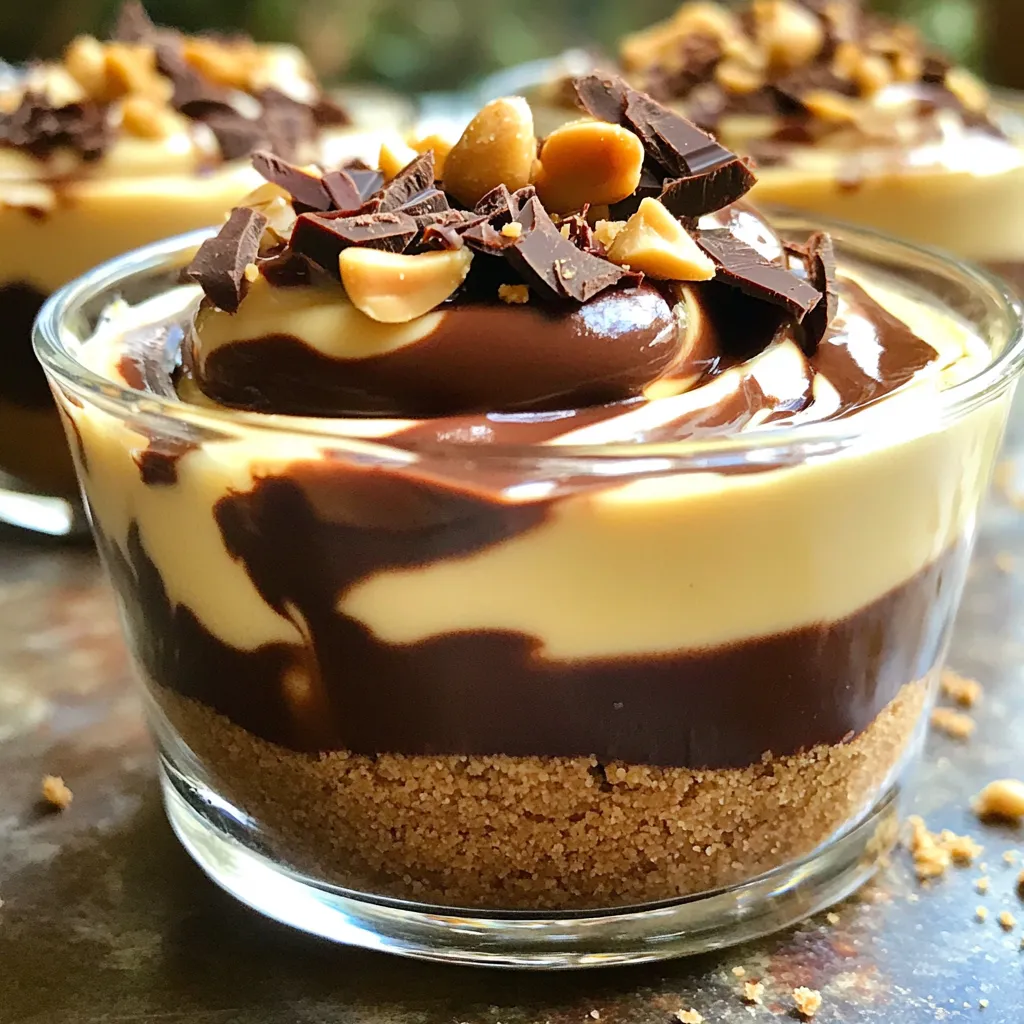 To make my no-bake chocolate peanut butter cheesecake cups, you need these key ingredients: - 1 cup graham cracker crumbs - 4 tablespoons unsalted butter, melted - 1 cup cream cheese, softened - 1/2 cup creamy peanut butter - 1/2 cup powdered sugar - 1 teaspoon vanilla extract - 1 cup whipped cream (store-bought or homemade) - 1/2 cup semi-sweet chocolate chips, melted - Extra chocolate shavings and crushed peanuts for garnish Each ingredient plays a big role. The graham cracker crumbs create a tasty base. Cream cheese gives the cups their creamy texture. Peanut butter adds rich flavor and depth. You can switch out some ingredients if needed. Here are a few ideas: - Use almond butter or cashew butter instead of peanut butter for a different taste. - Swap the graham crackers for crushed cookies like Oreos or digestive biscuits for a new twist. - For a dairy-free option, look for vegan cream cheese and whipped cream. - Try adding a pinch of sea salt to enhance the flavors. These options let you create a dessert that fits your taste and any dietary needs. Selecting the right ingredients makes a big difference. Here are some tips: - Choose fresh cream cheese. It should be smooth and not grainy. - Grab high-quality peanut butter that contains just peanuts and salt. This gives the best flavor. - Look for pure vanilla extract instead of imitation. It adds a lovely aroma. - Use real chocolate chips for the best melting and taste. By picking great ingredients, you ensure your no-bake cheesecake cups taste amazing. First, grab a mixing bowl. Add 1 cup of graham cracker crumbs and 4 tablespoons of melted butter. Stir until the crumbs feel sandy. This mix forms the base. Next, take serving cups or glasses. Spoon about 2 tablespoons of the mixture into each cup. Press down firmly to create a solid crust. Set the cups aside while you prepare the filling. In another bowl, beat together 1 cup of softened cream cheese, 1/2 cup of creamy peanut butter, 1/2 cup of powdered sugar, and 1 teaspoon of vanilla extract. Mix until it becomes smooth and creamy. This mix should be rich and tasty. Now, gently fold in 1 cup of whipped cream. This step adds lightness to the filling. Make sure everything is combined well without losing air. Now, take your cups with the crust. Spoon the peanut butter cheesecake filling into each cup, filling them about 3/4 full. Drizzle melted chocolate over the top in a fun pattern. You can swirl the chocolate into the filling if you want more flavor. If you have time, let the cups chill in the fridge for at least 1 hour. They taste great right away, too! Before serving, add chocolate shavings and crushed peanuts on top for extra crunch and flair. To get the best cheesecake texture, make sure the cream cheese is soft. Let it sit out for about 30 minutes before mixing. This step helps you avoid lumps. Mix the peanut butter, powdered sugar, and cream cheese well until smooth. Folding in the whipped cream gently adds air and lightness. This makes your cheesecake fluffy and creamy. One common mistake is not measuring ingredients correctly. Always use measuring cups for accuracy. Another mistake is skipping the chilling time. This step helps the cheesecake set and hold its shape. Don't forget to press the graham cracker crust firmly. A loose crust can fall apart when you serve it. Lastly, avoid overmixing the whipped cream. This can lead to a dense texture. For a fun presentation, use clear cups so guests can see the layers. Drizzling melted chocolate on top adds a nice touch. Finish with chocolate shavings and crushed peanuts for crunch. You can also place a few whole peanuts on top for a pop of color. Serve these cups with spoons for easy enjoyment. They are perfect for parties or family gatherings. {{image_2}} You can make these cheesecake cups allergy-friendly with simple swaps. For a nut-free option, use sunbutter instead of peanut butter. If dairy is a concern, try using dairy-free cream cheese and whipped cream. For the crust, gluten-free graham crackers work well. Always check labels to ensure the products are safe for your needs. Experiment with flavors to keep things exciting. Add a dash of cinnamon or a splash of coffee to the cheesecake filling for a unique twist. You can also swap the peanut butter for almond butter for a different nutty taste. For a fruity flair, mix in some pureed berries or banana. Each change can create a fun new treat. Dress up your cheesecake cups with fun toppings. Crushed cookies or nuts add a nice crunch. Fresh berries provide a pop of color and flavor. A drizzle of caramel or a sprinkle of sea salt can boost the taste. You can also add whipped cream on top for extra creaminess. Each garnish can make your dessert feel special. To keep your cheesecake cups fresh, cover them tightly. Use plastic wrap or a lid. This will stop air from getting in. Store them in the fridge. It helps keep the taste and texture just right. If you have extras, stack them carefully to avoid spills. These no-bake cheesecake cups can last for about 5 days in the fridge. However, they taste best within the first 3 days. The creamy texture stays nice and smooth for this time. After a few days, they can become a bit soggy due to the graham crust. You can freeze these cheesecake cups if you want to save some for later. Just cover them well with plastic wrap or foil. They can last in the freezer for up to 2 months. To enjoy, thaw them in the fridge overnight. This way, they will keep their creamy goodness. Avoid refreezing once they have been thawed. Yes, you can use other nut butters! Almond butter or cashew butter work well. These nut butters can add a different taste. Just make sure they are creamy. This will keep the texture smooth and enjoyable. To make these cups gluten-free, swap the graham crackers. Use gluten-free graham cracker crumbs or crushed nuts. Almond flour is a great choice too. Just check the labels to ensure they are gluten-free. This way, everyone can enjoy the dessert without worry. If you don’t have whipped cream, use Greek yogurt. It gives a nice creaminess and tang. You can also use coconut cream for a dairy-free option. Just whip it until fluffy for the best results. This keeps your cheesecake cups light and tasty! In this article, we explored making no-bake chocolate peanut butter cheesecake cups. You learned about the essential ingredients and how to customize them. I shared tips for the perfect texture and ways to avoid common mistakes. We also covered storage options and answered key FAQs. Creating this dessert can be simple and fun. Enjoy your cheesecake cups and share them with others. Happy baking!