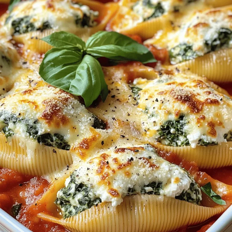 Here’s what you need to make delicious spinach ricotta stuffed shells: - 20 jumbo pasta shells - 2 cups ricotta cheese - 1 cup fresh spinach, chopped - 1 cup grated mozzarella cheese - 1/2 cup grated Parmesan cheese - 1 egg, lightly beaten - 1 teaspoon garlic powder - 1 teaspoon dried Italian herbs (oregano, basil) - Salt and pepper to taste - 2 cups marinara sauce - Fresh basil leaves for garnish Each ingredient plays a key role in making this dish rich and tasty. The jumbo pasta shells hold the creamy filling well. Ricotta cheese gives a smooth texture, while spinach adds color and nutrition. The mix of mozzarella and Parmesan cheeses adds depth and a cheesy crust. Don’t forget the egg! It helps bind the filling together. Garlic powder and Italian herbs bring out great flavors. Salt and pepper add just the right amount of seasoning. Marinara sauce gives the dish a tangy finish, and fresh basil leaves make it look pretty. Gather these ingredients, and you’re ready to create a comforting meal! To start, you need to boil the pasta shells. Fill a big pot with water and add salt. Bring it to a boil. Then, add 20 jumbo pasta shells to the pot. Cook them for about 9 minutes, or until they are al dente. After that, drain the shells in a colander. Let them cool for a few minutes. Next, it’s time to make the filling. In a mixing bowl, combine 2 cups of ricotta cheese and 1 cup of chopped fresh spinach. Then, add 1/2 cup of grated mozzarella cheese and 1/4 cup of grated Parmesan cheese. Crack in 1 lightly beaten egg. Season the mixture with 1 teaspoon of garlic powder, 1 teaspoon of dried Italian herbs, and a pinch of salt and pepper. Mix everything well until it’s all combined and creamy. Now, let’s put it all together. First, spread about 1/2 cup of marinara sauce on the bottom of a large baking dish. Take each cooked shell and stuff it with your cheese and spinach mixture. Place the stuffed shells in the dish with the seam side up. Once all shells are in, pour the rest of the marinara sauce on top. Make sure the shells are well coated. Now, sprinkle the remaining mozzarella and Parmesan cheese on top. Cover the dish with aluminum foil and bake it in a preheated oven at 375°F (190°C) for 25 minutes. After that, remove the foil and bake for another 10 minutes. You want the cheese to be bubbly and golden. Once it's done, let it cool for a few minutes and enjoy! - Al dente pasta tips: Cook the jumbo pasta shells for about 9 minutes. You want them firm but not hard. This keeps them from tearing when you stuff them. A quick rinse in cold water helps stop the cooking. - Baking without overcrowding: When you place the shells in the dish, keep space between them. This allows the heat to reach all sides. It helps the cheese melt evenly and turns golden. - Additional spices and ingredients: Feel free to add some red pepper flakes for heat. A bit of lemon zest brightens the filling too. Fresh herbs like parsley or thyme can also add depth. - Cheese variations: If you want to mix things up, try goat cheese or feta. These options add a tangy note that works well with spinach. You can also use a mix of cheeses for a richer flavor. - Techniques for stuffing shells: Use a small spoon or piping bag for easy filling. This keeps your hands clean and makes it simple. Fill the shells completely but avoid overstuffing. - Avoiding fillings leakage: Be sure the shells are tightly sealed. If they are too loose, the filling may spill out during baking. Press the edges gently to help them stay closed. {{image_2}} You can make spinach ricotta stuffed shells even more colorful. Using different leafy greens adds great taste. Try kale or Swiss chard for a twist. They both mix well with ricotta. You can also add other vegetables like mushrooms or bell peppers. Sauté them first to bring out their flavors. This makes your dish rich in nutrients. If you want more protein, ground meat or sausage works great. Cook the meat before mixing it with the cheese. Chicken or turkey is another option. Shred cooked chicken and add it to the filling. This gives your dish a hearty feel, perfect for meat lovers. For those avoiding gluten, you can substitute the pasta shells. Look for gluten-free pasta brands. They are often made from rice or corn. You can also use zucchini slices as a shell alternative. Just bake them until soft. Some people also prefer alternative cheese options like dairy-free cheese. This keeps the dish creamy while meeting dietary needs. To store your leftover spinach ricotta stuffed shells, let them cool first. Place them in an airtight container. This keeps them fresh and moist. You can also use a glass dish with a lid. Make sure to seal it well. This helps prevent any odors from your fridge. If you want to freeze your stuffed shells, first let them cool. Then wrap them tightly in plastic wrap. Place them in a freezer-safe bag or container. When you’re ready to eat, thaw them in the fridge overnight. To reheat, place them in a preheated oven at 350°F (175°C) for about 30 minutes. Cover with foil to keep them moist. In the fridge, stuffed shells last about 3 to 5 days. Keep an eye on them. If you see any mold or an odd smell, throw them away. Fresh food is key to good meals. If they look dry or hard, it’s best to discard them too. Enjoy your leftovers safely! Yes, you can change the cheese to suit your taste. If you love a sharper flavor, try using feta cheese instead of ricotta. For a creamier touch, you can add cream cheese. Goat cheese gives a tangy kick that works well too. Mixing different cheeses can create a unique flavor profile. Just remember, the key is to balance the cheese with the spinach. Making these shells ahead is easy. You can prepare the filling and stuff the shells a day in advance. Just cover them with plastic wrap and store them in the fridge. You can also bake them later. If you want to freeze them, do so before baking. Just make sure to wrap them well. When you’re ready to cook, bake from frozen but add a bit more time. These stuffed shells pair well with many sides. A simple green salad adds freshness. Garlic bread is a classic choice that complements the sauce. You could also serve steamed vegetables for a healthy touch. Roasted asparagus or zucchini works well too. If you want something warm, a light soup can be a great start. In this blog post, we explored how to make delicious spinach ricotta stuffed shells. You learned about the key ingredients, preparation steps, and helpful tips for cooking. I shared variations for different diets, along with storage guidelines. Remember, you can get creative with flavors and ingredients. This dish is flexible and fun to make. With practice, you will impress your family and friends with this tasty meal. Happy cooking!