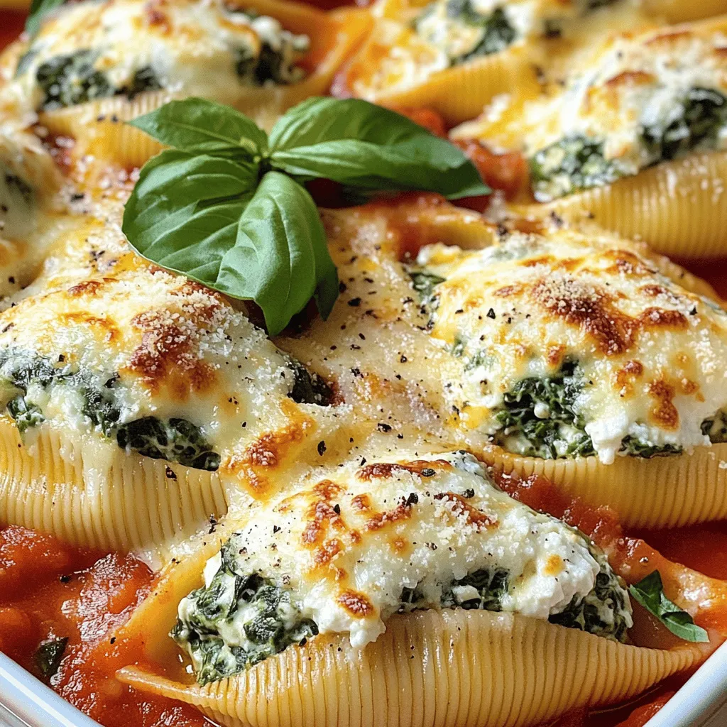 Here’s what you need to make delicious spinach ricotta stuffed shells: - 20 jumbo pasta shells - 2 cups ricotta cheese - 1 cup fresh spinach, chopped - 1 cup grated mozzarella cheese - 1/2 cup grated Parmesan cheese - 1 egg, lightly beaten - 1 teaspoon garlic powder - 1 teaspoon dried Italian herbs (oregano, basil) - Salt and pepper to taste - 2 cups marinara sauce - Fresh basil leaves for garnish Each ingredient plays a key role in making this dish rich and tasty. The jumbo pasta shells hold the creamy filling well. Ricotta cheese gives a smooth texture, while spinach adds color and nutrition. The mix of mozzarella and Parmesan cheeses adds depth and a cheesy crust. Don’t forget the egg! It helps bind the filling together. Garlic powder and Italian herbs bring out great flavors. Salt and pepper add just the right amount of seasoning. Marinara sauce gives the dish a tangy finish, and fresh basil leaves make it look pretty. Gather these ingredients, and you’re ready to create a comforting meal! To start, you need to boil the pasta shells. Fill a big pot with water and add salt. Bring it to a boil. Then, add 20 jumbo pasta shells to the pot. Cook them for about 9 minutes, or until they are al dente. After that, drain the shells in a colander. Let them cool for a few minutes. Next, it’s time to make the filling. In a mixing bowl, combine 2 cups of ricotta cheese and 1 cup of chopped fresh spinach. Then, add 1/2 cup of grated mozzarella cheese and 1/4 cup of grated Parmesan cheese. Crack in 1 lightly beaten egg. Season the mixture with 1 teaspoon of garlic powder, 1 teaspoon of dried Italian herbs, and a pinch of salt and pepper. Mix everything well until it’s all combined and creamy. Now, let’s put it all together. First, spread about 1/2 cup of marinara sauce on the bottom of a large baking dish. Take each cooked shell and stuff it with your cheese and spinach mixture. Place the stuffed shells in the dish with the seam side up. Once all shells are in, pour the rest of the marinara sauce on top. Make sure the shells are well coated. Now, sprinkle the remaining mozzarella and Parmesan cheese on top. Cover the dish with aluminum foil and bake it in a preheated oven at 375°F (190°C) for 25 minutes. After that, remove the foil and bake for another 10 minutes. You want the cheese to be bubbly and golden. Once it's done, let it cool for a few minutes and enjoy! - Al dente pasta tips: Cook the jumbo pasta shells for about 9 minutes. You want them firm but not hard. This keeps them from tearing when you stuff them. A quick rinse in cold water helps stop the cooking. - Baking without overcrowding: When you place the shells in the dish, keep space between them. This allows the heat to reach all sides. It helps the cheese melt evenly and turns golden. - Additional spices and ingredients: Feel free to add some red pepper flakes for heat. A bit of lemon zest brightens the filling too. Fresh herbs like parsley or thyme can also add depth. - Cheese variations: If you want to mix things up, try goat cheese or feta. These options add a tangy note that works well with spinach. You can also use a mix of cheeses for a richer flavor. - Techniques for stuffing shells: Use a small spoon or piping bag for easy filling. This keeps your hands clean and makes it simple. Fill the shells completely but avoid overstuffing. - Avoiding fillings leakage: Be sure the shells are tightly sealed. If they are too loose, the filling may spill out during baking. Press the edges gently to help them stay closed. {{image_2}} You can make spinach ricotta stuffed shells even more colorful. Using different leafy greens adds great taste. Try kale or Swiss chard for a twist. They both mix well with ricotta. You can also add other vegetables like mushrooms or bell peppers. Sauté them first to bring out their flavors. This makes your dish rich in nutrients. If you want more protein, ground meat or sausage works great. Cook the meat before mixing it with the cheese. Chicken or turkey is another option. Shred cooked chicken and add it to the filling. This gives your dish a hearty feel, perfect for meat lovers. For those avoiding gluten, you can substitute the pasta shells. Look for gluten-free pasta brands. They are often made from rice or corn. You can also use zucchini slices as a shell alternative. Just bake them until soft. Some people also prefer alternative cheese options like dairy-free cheese. This keeps the dish creamy while meeting dietary needs. To store your leftover spinach ricotta stuffed shells, let them cool first. Place them in an airtight container. This keeps them fresh and moist. You can also use a glass dish with a lid. Make sure to seal it well. This helps prevent any odors from your fridge. If you want to freeze your stuffed shells, first let them cool. Then wrap them tightly in plastic wrap. Place them in a freezer-safe bag or container. When you’re ready to eat, thaw them in the fridge overnight. To reheat, place them in a preheated oven at 350°F (175°C) for about 30 minutes. Cover with foil to keep them moist. In the fridge, stuffed shells last about 3 to 5 days. Keep an eye on them. If you see any mold or an odd smell, throw them away. Fresh food is key to good meals. If they look dry or hard, it’s best to discard them too. Enjoy your leftovers safely! Yes, you can change the cheese to suit your taste. If you love a sharper flavor, try using feta cheese instead of ricotta. For a creamier touch, you can add cream cheese. Goat cheese gives a tangy kick that works well too. Mixing different cheeses can create a unique flavor profile. Just remember, the key is to balance the cheese with the spinach. Making these shells ahead is easy. You can prepare the filling and stuff the shells a day in advance. Just cover them with plastic wrap and store them in the fridge. You can also bake them later. If you want to freeze them, do so before baking. Just make sure to wrap them well. When you’re ready to cook, bake from frozen but add a bit more time. These stuffed shells pair well with many sides. A simple green salad adds freshness. Garlic bread is a classic choice that complements the sauce. You could also serve steamed vegetables for a healthy touch. Roasted asparagus or zucchini works well too. If you want something warm, a light soup can be a great start. In this blog post, we explored how to make delicious spinach ricotta stuffed shells. You learned about the key ingredients, preparation steps, and helpful tips for cooking. I shared variations for different diets, along with storage guidelines. Remember, you can get creative with flavors and ingredients. This dish is flexible and fun to make. With practice, you will impress your family and friends with this tasty meal. Happy cooking!