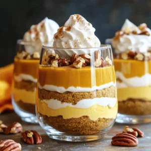 To make these tasty parfaits, gather the following ingredients: - 1 cup pumpkin puree - 8 oz cream cheese, softened - 1/2 cup powdered sugar - 1 teaspoon vanilla extract - 1 teaspoon pumpkin pie spice - 1 1/2 cups whipped cream (store-bought or homemade) - 1 cup graham cracker crumbs - 1/4 cup melted butter - 1/4 cup chopped pecans (optional, for garnish) - Extra whipped cream (for topping) You can adjust the ingredients based on what you have. If you want a lower sugar option, use less powdered sugar. You can swap the cream cheese with a dairy-free cream cheese for a vegan version. For a gluten-free crust, use gluten-free graham crackers. If you don't have pumpkin pie spice, mix cinnamon and nutmeg for a similar taste. Garnishing adds flair to your parfaits. Here are some ideas: - Chopped pecans for a crunchy texture - A sprinkle of pumpkin pie spice for flavor - More whipped cream for a creamy finish - A drizzle of caramel or chocolate syrup for sweetness These garnishes make your parfaits look special and taste even better. Enjoy the process and let your creativity shine! To start, grab a bowl. Combine 1 cup of graham cracker crumbs with 1/4 cup of melted butter. Add a tablespoon of sugar for sweetness. Mix until the crumbs are well coated. This crust gives your parfait a nice crunch. Next, take another bowl and add 8 oz of softened cream cheese. Beat it until it’s creamy and smooth. Then, mix in 1/2 cup of powdered sugar and 1 teaspoon of vanilla extract. Add 1 teaspoon of pumpkin pie spice for flavor. Blend it until there are no lumps. Now, it’s time to fold in the pumpkin. Add 1 cup of pumpkin puree to your cream cheese mixture. Gently stir until it’s fully combined. After that, take 1 1/2 cups of whipped cream and carefully fold it in. This step makes your mixture light and fluffy. Grab your serving glasses or jars. Start by adding a layer of the graham cracker crust mixture at the bottom. Then add a layer of the pumpkin cheesecake mixture on top. Repeat this process for another layer. Finish with the cheesecake layer on top for a stunning look. Cover your parfaits with plastic wrap. Place them in the fridge for at least 2 hours. This chilling time helps the flavors blend together. Before serving, add a dollop of extra whipped cream on top. You can also sprinkle some chopped pecans for a nice crunch, if you like. To get a creamy texture, start with room-temperature cream cheese. Cold cream cheese will not blend well. Beat it until smooth before adding other ingredients. When mixing in pumpkin and whipped cream, be gentle. Folding keeps air in, making your parfait light. If you want it even creamier, try adding a bit more whipped cream. This will enhance the texture. Store your parfaits in the fridge. Use airtight containers to keep them fresh. Cover them tightly to avoid drying out. If you want to make them ahead of time, they can last up to three days in the fridge. Just wait to add extra whipped cream and nuts until right before serving. This keeps everything looking fresh and tasty. For an attractive display, use clear glasses or jars. This shows off the beautiful layers of the parfait. You can add a sprinkle of pumpkin pie spice on top. This adds color and gives a hint of flavor. If you want a crunch, top with chopped pecans. This gives each bite a delightful texture. Serve them with a small spoon for a fun touch! {{image_2}} You can make these parfaits gluten-free with a few easy swaps. Instead of regular graham crackers, use gluten-free graham cracker crumbs. Many brands offer this option. You can also make your own crumbs with gluten-free cookies. Just blend them in a food processor. This change keeps the taste and texture while making it safe for those with gluten issues. To create a dairy-free version, swap out the cream cheese. Use a vegan cream cheese that fits your taste. Coconut cream makes a great replacement for whipped cream. Just chill a can of coconut milk overnight. Scoop out the solid part and whip it till it's fluffy. This way, you get that creamy texture without dairy. Want to mix things up? Add chocolate or caramel for a fun twist. For chocolate, layer in chocolate pudding or melted chocolate between the pumpkin layers. This adds a rich flavor. For a caramel touch, drizzle caramel sauce between the layers or on top. Both options make the parfaits even more delicious and exciting! Store leftover parfaits in the fridge. Use an airtight container to keep them fresh. The parfaits taste best within two days. If you know you won't eat them soon, consider freezing. To freeze, first, layer the parfaits in a freezer-safe container. Leave some space at the top. This helps prevent the parfaits from cracking. Seal the container tightly. They can last for up to three months in the freezer. When you're ready to eat them, thaw in the fridge overnight. Stored parfaits last about three days in the fridge. Before serving, check for freshness. If they look good, add fresh whipped cream on top. This makes them more appealing. For a fun touch, sprinkle some chopped pecans as a garnish. Enjoy your treat! You can make pumpkin cheesecake parfaits one day before serving. Prepare the layers and assemble the parfaits. Cover them tightly with plastic wrap. Chill the parfaits in the fridge. This lets the flavors blend well. Just add any toppings right before serving. Yes, you can use fresh pumpkin. Start by roasting a pumpkin until soft. Scoop out the flesh and blend it until smooth. This gives a fresh taste. Just ensure the puree is thick, like canned pumpkin. You can use crushed cookies or cereal. Try vanilla wafers for a sweet taste. For a gluten-free option, use almond flour or gluten-free cookies. These will still give you great texture and flavor. Making whipped cream is easy! Start with cold heavy cream. Pour it into a mixing bowl. Beat with a hand mixer or whisk until soft peaks form. Add sugar and vanilla to taste. Keep whipping until you reach your desired thickness. You now have a clear roadmap for making pumpkin cheesecake parfaits. We covered each step, from the ingredients to the final presentation. Don't forget to try the variations to fit your needs, like gluten-free or dairy-free options. These parfaits are not just tasty; they can impress anyone at your gathering. With proper storage, you'll enjoy them for days. I hope you find joy in making these treats and sharing them with friends and family!