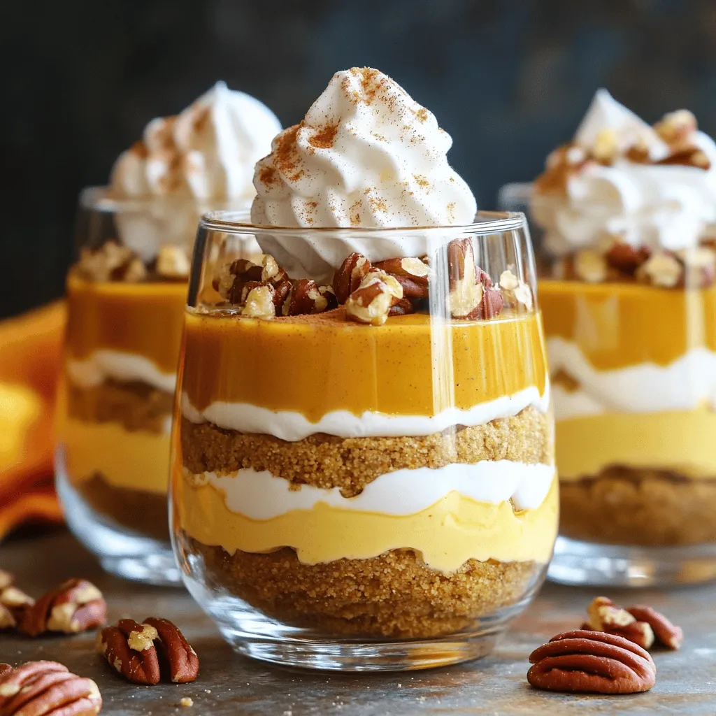 To make these tasty parfaits, gather the following ingredients: - 1 cup pumpkin puree - 8 oz cream cheese, softened - 1/2 cup powdered sugar - 1 teaspoon vanilla extract - 1 teaspoon pumpkin pie spice - 1 1/2 cups whipped cream (store-bought or homemade) - 1 cup graham cracker crumbs - 1/4 cup melted butter - 1/4 cup chopped pecans (optional, for garnish) - Extra whipped cream (for topping) You can adjust the ingredients based on what you have. If you want a lower sugar option, use less powdered sugar. You can swap the cream cheese with a dairy-free cream cheese for a vegan version. For a gluten-free crust, use gluten-free graham crackers. If you don't have pumpkin pie spice, mix cinnamon and nutmeg for a similar taste. Garnishing adds flair to your parfaits. Here are some ideas: - Chopped pecans for a crunchy texture - A sprinkle of pumpkin pie spice for flavor - More whipped cream for a creamy finish - A drizzle of caramel or chocolate syrup for sweetness These garnishes make your parfaits look special and taste even better. Enjoy the process and let your creativity shine! To start, grab a bowl. Combine 1 cup of graham cracker crumbs with 1/4 cup of melted butter. Add a tablespoon of sugar for sweetness. Mix until the crumbs are well coated. This crust gives your parfait a nice crunch. Next, take another bowl and add 8 oz of softened cream cheese. Beat it until it’s creamy and smooth. Then, mix in 1/2 cup of powdered sugar and 1 teaspoon of vanilla extract. Add 1 teaspoon of pumpkin pie spice for flavor. Blend it until there are no lumps. Now, it’s time to fold in the pumpkin. Add 1 cup of pumpkin puree to your cream cheese mixture. Gently stir until it’s fully combined. After that, take 1 1/2 cups of whipped cream and carefully fold it in. This step makes your mixture light and fluffy. Grab your serving glasses or jars. Start by adding a layer of the graham cracker crust mixture at the bottom. Then add a layer of the pumpkin cheesecake mixture on top. Repeat this process for another layer. Finish with the cheesecake layer on top for a stunning look. Cover your parfaits with plastic wrap. Place them in the fridge for at least 2 hours. This chilling time helps the flavors blend together. Before serving, add a dollop of extra whipped cream on top. You can also sprinkle some chopped pecans for a nice crunch, if you like. To get a creamy texture, start with room-temperature cream cheese. Cold cream cheese will not blend well. Beat it until smooth before adding other ingredients. When mixing in pumpkin and whipped cream, be gentle. Folding keeps air in, making your parfait light. If you want it even creamier, try adding a bit more whipped cream. This will enhance the texture. Store your parfaits in the fridge. Use airtight containers to keep them fresh. Cover them tightly to avoid drying out. If you want to make them ahead of time, they can last up to three days in the fridge. Just wait to add extra whipped cream and nuts until right before serving. This keeps everything looking fresh and tasty. For an attractive display, use clear glasses or jars. This shows off the beautiful layers of the parfait. You can add a sprinkle of pumpkin pie spice on top. This adds color and gives a hint of flavor. If you want a crunch, top with chopped pecans. This gives each bite a delightful texture. Serve them with a small spoon for a fun touch! {{image_2}} You can make these parfaits gluten-free with a few easy swaps. Instead of regular graham crackers, use gluten-free graham cracker crumbs. Many brands offer this option. You can also make your own crumbs with gluten-free cookies. Just blend them in a food processor. This change keeps the taste and texture while making it safe for those with gluten issues. To create a dairy-free version, swap out the cream cheese. Use a vegan cream cheese that fits your taste. Coconut cream makes a great replacement for whipped cream. Just chill a can of coconut milk overnight. Scoop out the solid part and whip it till it's fluffy. This way, you get that creamy texture without dairy. Want to mix things up? Add chocolate or caramel for a fun twist. For chocolate, layer in chocolate pudding or melted chocolate between the pumpkin layers. This adds a rich flavor. For a caramel touch, drizzle caramel sauce between the layers or on top. Both options make the parfaits even more delicious and exciting! Store leftover parfaits in the fridge. Use an airtight container to keep them fresh. The parfaits taste best within two days. If you know you won't eat them soon, consider freezing. To freeze, first, layer the parfaits in a freezer-safe container. Leave some space at the top. This helps prevent the parfaits from cracking. Seal the container tightly. They can last for up to three months in the freezer. When you're ready to eat them, thaw in the fridge overnight. Stored parfaits last about three days in the fridge. Before serving, check for freshness. If they look good, add fresh whipped cream on top. This makes them more appealing. For a fun touch, sprinkle some chopped pecans as a garnish. Enjoy your treat! You can make pumpkin cheesecake parfaits one day before serving. Prepare the layers and assemble the parfaits. Cover them tightly with plastic wrap. Chill the parfaits in the fridge. This lets the flavors blend well. Just add any toppings right before serving. Yes, you can use fresh pumpkin. Start by roasting a pumpkin until soft. Scoop out the flesh and blend it until smooth. This gives a fresh taste. Just ensure the puree is thick, like canned pumpkin. You can use crushed cookies or cereal. Try vanilla wafers for a sweet taste. For a gluten-free option, use almond flour or gluten-free cookies. These will still give you great texture and flavor. Making whipped cream is easy! Start with cold heavy cream. Pour it into a mixing bowl. Beat with a hand mixer or whisk until soft peaks form. Add sugar and vanilla to taste. Keep whipping until you reach your desired thickness. You now have a clear roadmap for making pumpkin cheesecake parfaits. We covered each step, from the ingredients to the final presentation. Don't forget to try the variations to fit your needs, like gluten-free or dairy-free options. These parfaits are not just tasty; they can impress anyone at your gathering. With proper storage, you'll enjoy them for days. I hope you find joy in making these treats and sharing them with friends and family!