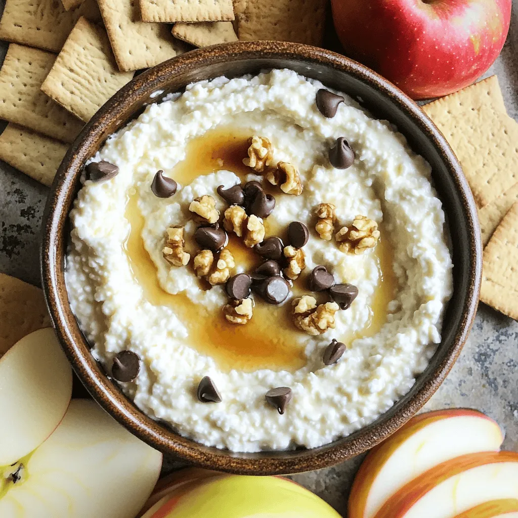 To make Cottage Cheese Cookie Dough Dip, you need these items: - 1 cup cottage cheese (low-fat or full-fat) - 1/4 cup almond butter (or peanut butter) - 1/4 cup maple syrup - 1 teaspoon vanilla extract - 1/2 cup mini chocolate chips - 1/4 cup chopped walnuts (optional) - Pinch of salt If you can’t find almond butter, you can easily swap it for peanut butter. Both give a nice nutty flavor. Maple syrup can be replaced with honey or agave syrup for a different taste. You can also leave out the walnuts if you want a smoother dip. Each serving of this dip has about 150 calories. Here is the macronutrient breakdown: - Protein: 6 grams - Fat: 9 grams - Carbohydrates: 15 grams This dip is a great way to enjoy a tasty treat while still getting some protein from the cottage cheese. The chocolate chips add a nice sweetness, too! To make Cottage Cheese Cookie Dough Dip, start by gathering your ingredients. You will need: - 1 cup cottage cheese - 1/4 cup almond butter or peanut butter - 1/4 cup maple syrup - 1 teaspoon vanilla extract - 1/2 cup mini chocolate chips - 1/4 cup chopped walnuts (optional) - Pinch of salt First, take a mixing bowl. Add the cottage cheese, almond butter, maple syrup, vanilla extract, and salt. Use a hand mixer or food processor to blend everything. Blend until it is smooth and creamy. This step is key for a great texture. Next, once the mixture is smooth, add in the mini chocolate chips and chopped walnuts. Use a spatula to gently fold them in. This adds fun texture and flavor. Taste your dip. If it needs more sweetness, add a bit more maple syrup. Chill your dip in the fridge for about 30 minutes. Chilling helps the dip firm up slightly. It also makes the flavors blend better. For serving, scoop the dip into a nice bowl. You can serve it with fresh apple slices, pretzels, or graham crackers. These dippable treats make it fun to enjoy. For a pretty presentation, sprinkle some extra mini chocolate chips on top. This will make your dip look as good as it tastes! - Achieving Consistency: Blend the cottage cheese and almond butter until creamy. A hand mixer works well here. If you want it smoother, use a food processor. This gives a nice base for your dip. - Maximizing Flavor: Add a pinch of salt to bring out the sweetness. Adjust the maple syrup to your taste. This way, you can make it just right for you. - Errors to Avoid: One big mistake is not blending enough. If it's chunky, it won’t taste as good. Also, don’t skip chilling time. This helps the dip firm up and taste better. - Fixing Runny or Overly Sweet Dip: If your dip is runny, add more cottage cheese or almond butter. For a dip that is too sweet, simply add a pinch of salt. This balances the flavors and makes it tasty again. {{image_2}} You can make this dip even more fun by adding new flavors. Try mixing in a teaspoon of cinnamon for a warm touch. If you love chocolate, add a tablespoon of cocoa powder. This makes it even richer. You can also change the mix-ins in your dip. Dried fruits like raisins or cranberries add a nice chew. Chia seeds or sunflower seeds can give a crunch. These add more texture and flavor to your dip. If you want to make the dip vegan, swap the cottage cheese with a plant-based option. You can use silken tofu for a creamy base. Look for vegan nut butter to keep it dairy-free. For a nut-free version, skip the almond butter. Use sunflower seed butter instead. If you want a low-sugar dip, reduce the maple syrup. Use a sugar substitute if you like. For a low-carb option, skip the chocolate chips. Instead, use unsweetened cocoa nibs or carob chips. To keep your Cottage Cheese Cookie Dough Dip fresh, store it in an airtight container in the fridge. This helps prevent it from absorbing other smells. It stays good for about 3 to 5 days. If you notice any change in color or smell, it’s best to toss it out. Always trust your senses! You can freeze this dip if you want to save some for later. First, transfer it to a freezer-safe container, leaving some space at the top for expansion. It can last up to 3 months in the freezer. When you’re ready to enjoy it again, thaw it in the fridge overnight. After thawing, stir it well to restore its creamy texture. To make this dip vegan, I swap out the dairy ingredients. Use plant-based cottage cheese made from nuts or soy. For the almond butter, ensure it is without added dairy. Maple syrup is already vegan, so it works perfectly. If you want a creamier dip, try using coconut yogurt instead of plant-based cottage cheese. You still get that rich taste! You can dip a lot of tasty treats in this dip! Some of my favorites include fresh apple slices, which add a nice crunch. Pretzels give a salty bite that pairs well. Graham crackers are sweet and fun to use, too. You can even try banana slices or strawberries for a fruity twist. Feel free to get creative! Yes, you can use regular yogurt! However, the dip will taste a bit different. Yogurt is smoother and has a tangy flavor. Cottage cheese has lumps that add texture. If you want a creamier dip, yogurt is a great choice. Just remember, the flavor may not be as rich or nutty. This blog post covered the key parts of making a tasty Cottage Cheese Cookie Dough Dip. We explored the essential ingredients, including substitutes. I shared how to prepare this dish for the best texture and flavor. We examined common mistakes and tips for a perfect dip. Plus, I offered yummy variations and storage solutions for leftovers. Keep experimenting with flavors and enjoy your dip creations! Remember to store it well and have fun dipping.