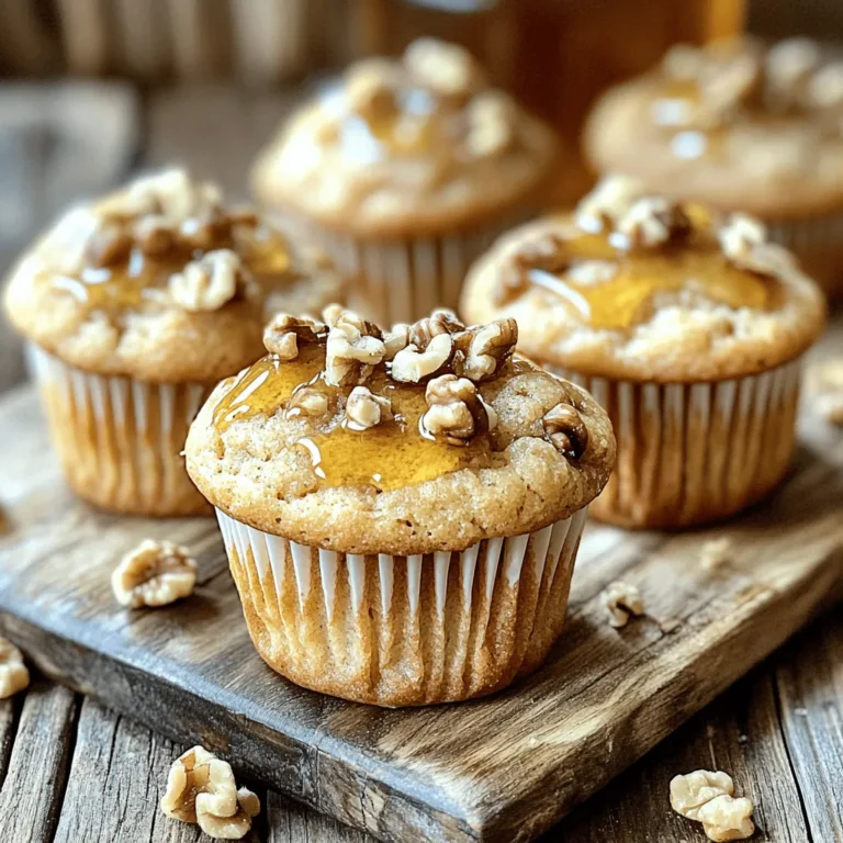 You need these simple ingredients to make maple walnut muffins: - 1 ½ cups all-purpose flour - 1 cup finely chopped walnuts - ½ cup maple syrup - ½ cup brown sugar - 2 large eggs - ½ cup unsweetened applesauce - 1 teaspoon vanilla extract - 1 teaspoon baking powder - ½ teaspoon baking soda - ½ teaspoon salt - 1 teaspoon ground cinnamon - ¼ teaspoon ground nutmeg - ¼ cup milk (dairy or non-dairy) These muffins are tasty and filling. Each muffin has about: - Calories: 180 - Protein: 4g - Carbohydrates: 27g - Fat: 8g - Fiber: 1g - Sugars: 8g They offer a nice mix of energy and flavor. You can swap some ingredients if needed: - Flour: Use whole wheat flour for more fiber. - Maple syrup: Honey or agave syrup works too. - Brown sugar: Coconut sugar is a great option. - Eggs: Try flax eggs for a vegan choice. Use 1 tablespoon of ground flaxseed mixed with 2.5 tablespoons of water. - Milk: Almond or oat milk can replace dairy milk. These swaps keep the taste while meeting your needs. Start by preheating your oven to 350°F (175°C). This ensures your muffins bake evenly. Next, line a muffin tin with paper liners or grease it with cooking spray. In a large bowl, whisk 1 ½ cups of all-purpose flour, 1 teaspoon of baking powder, ½ teaspoon of baking soda, ½ teaspoon of salt, 1 teaspoon of ground cinnamon, and ¼ teaspoon of ground nutmeg. Mixing these dry ingredients well helps them blend. In another bowl, beat 2 large eggs. Add ½ cup of maple syrup, ½ cup of brown sugar, ½ cup of unsweetened applesauce, 1 teaspoon of vanilla extract, and ¼ cup of milk. Whisk until the mixture looks smooth. Slowly pour the wet mix into the dry mix. Stir gently until just combined. Remember, it’s okay if some lumps remain. Finally, fold in 1 cup of finely chopped walnuts until they are evenly spread throughout the batter. Now it's time to fill the muffin tin. Divide the batter evenly among the cups, filling each about ¾ full. This gives them room to rise without overflowing. Place the muffin tin in the preheated oven and bake for 18 to 20 minutes. Check for doneness by inserting a toothpick into a muffin. If it comes out clean, your muffins are ready. Once baked, let the muffins cool in the tin for about 5 minutes. Then, carefully transfer them to a wire rack. This cooling step is crucial to avoid sogginess. For serving, arrange the muffins on a rustic wooden board. You can drizzle some extra maple syrup over the top for a sweet touch. Sprinkling more chopped walnuts adds a nice look too. Enjoy your delicious maple walnut muffins fresh or share them with friends! To get a soft and fluffy muffin, mix the batter gently. Overmixing makes them tough. Lumps in the batter are okay. They will bake out nicely. Use fresh baking powder and soda for the best rise. Make sure your oven is at the right temperature. An oven thermometer can help with this. You can make these muffins even tastier. Add a pinch of sea salt for depth. Try a dash of vanilla bean paste instead of extract. This adds a richer flavor. If you like spices, add more cinnamon or nutmeg. You can also include some dried fruit for a sweet twist. Chopped dates or cranberries work well. One error is using cold ingredients. Room temperature eggs and milk blend better. Also, don’t skip the walnuts; they add crunch and taste. Make sure to fill the muffin cups to about ¾ full. If you fill them too much, they might overflow. Lastly, avoid opening the oven door too soon. This can cause the muffins to sink. {{image_2}} You can add chocolate chips for a sweet twist. Use ½ cup of semi-sweet chocolate chips. Fold them into the batter after adding the walnuts. The chocolate pairs well with maple and walnuts. You get a tasty treat that feels extra special. These muffins are great for breakfast or dessert. To make these muffins gluten-free, swap the all-purpose flour with a gluten-free blend. Look for a blend that has xanthan gum. This helps the muffins hold together. Follow the same steps in the recipe. The taste will still be delicious, and everyone can enjoy these muffins. For a vegan version, replace the eggs with flax eggs. Mix 1 tablespoon of ground flaxseed with 2.5 tablespoons of water for each egg. Let it sit for a few minutes to thicken. Also, use plant-based milk instead of dairy milk. The muffins will still be moist and tasty. You won’t miss the eggs at all! After baking, let your muffins cool completely. Place them in an airtight container. They will stay fresh for about three days at room temperature. If you want to keep them longer, freezing is a better option. To freeze your maple walnut muffins, wrap each one in plastic wrap. You can also use a freezer-safe bag. Store them in the freezer for up to three months. When you want to enjoy them, take out as many as you need. Let them thaw at room temperature or microwave them for a quick treat. Reheat your muffins in the oven or microwave. For the oven, set it to 350°F (175°C). Warm them for about 5-10 minutes. If using a microwave, heat each muffin for 15-20 seconds. This makes them warm and soft again, just like fresh out of the oven! Yes, you can use honey instead of maple syrup. Honey has a different taste. It will make the muffins sweeter and add a floral note. If you use honey, keep the amount the same as the maple syrup. The muffins will still be good, but they will taste different. You can check if the muffins are done by using a toothpick. Stick it in the middle of a muffin. If it comes out clean, the muffins are done. If the toothpick has wet batter, bake them a few more minutes. Muffins should be golden brown on top. Maple walnut muffins are great with many things. You can serve them with butter or cream cheese. A drizzle of extra maple syrup adds sweetness. Fresh fruit like berries or sliced bananas is also a nice touch. Enjoy them with a cup of coffee or tea for a tasty snack! We explored how to make delicious maple walnut muffins, from ingredients to baking tips. You now know about ingredient swaps, storage, and even flavor twists. Remember to avoid common mistakes for the best results. Try different variations to keep things fun. With these tips, you can enjoy muffins that are just right for any occasion. Enjoy baking and impressing your friends with your tasty treats!