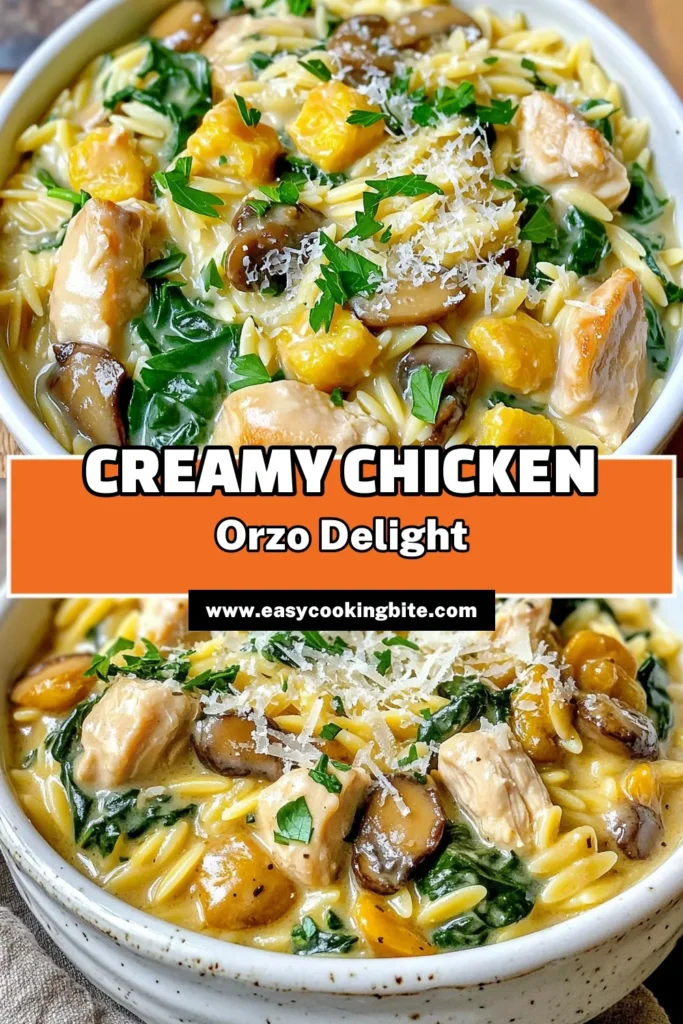 Indulge in this creamy chicken mushroom orzo recipe that's perfect for a cozy dinner! With tender chicken and a rich creamy sauce enveloping orzo and mushrooms, this dish is sure to impress. Ready in just 30 minutes, it combines delicious flavors with easy prep. Discover the full recipe and make a delightful meal tonight. Click through to explore more and bring this dish to your table! #CreamyChickenMushroomOrzo #EasyDinnerRecipes #ComfortFood #QuickMeals