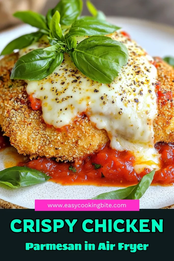 Discover the deliciousness of Crispy Chicken Parmesan Air Fryer with this easy recipe! Juicy chicken breasts are coated in a crunchy panko and Parmesan mix, air-fried to perfection, and topped with marinara and melted mozzarella. Perfect for a quick dinner that’s sure to impress! Click to explore this mouthwatering recipe and elevate your weeknight meals. #AirFryerRecipes #CrispyChickenParmesan #QuickDinnerIdeas #EasyCooking
