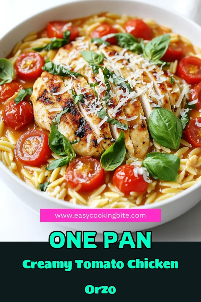 Whip up a delicious One-Pan Creamy Tomato Basil Chicken Orzo in just 30 minutes! This easy recipe combines juicy chicken, tender orzo, and fresh basil in a creamy tomato sauce that is sure to delight your taste buds. Perfect for busy weeknights, it's flavorful and comforting. Click to explore the full recipe and elevate your dinner tonight! #ChickenRecipes #DinnerIdeas #OnePanMeals #EasyRecipes