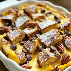 To make this delicious Pumpkin Chocolate Chip Bread Pudding, you need the following key ingredients: - 4 cups stale bread, cubed (French or challah works well) - 1 cup pumpkin puree - 2 cups whole milk - ½ cup granulated sugar - 3 large eggs - 1 tablespoon vanilla extract - 1 teaspoon pumpkin pie spice - ½ teaspoon salt - 1 cup chocolate chips - 2 tablespoons unsalted butter (for greasing) These ingredients create a rich and creamy base. The stale bread soaks up the custard. The pumpkin gives it a warm, seasonal flavor. The chocolate chips add a sweet touch. You can add extra ingredients for more depth in taste. Here are some options: - ¼ cup chopped pecans - A sprinkle of cinnamon or nutmeg for a spicy kick Pecans add a nice crunch. Spices enhance the pumpkin flavor. Feel free to mix and match according to your taste. If you need to swap ingredients, here are some ideas: - Use almond milk or oat milk instead of whole milk. - Replace granulated sugar with brown sugar for a richer flavor. - You can use bread crumbs if you don’t have stale bread. These substitutions still keep the essence of the dish. They help tailor it to your dietary needs or preferences. First, you need to preheat your oven to 350°F (175°C). This step warms the oven so your bread pudding bakes evenly. While the oven heats, take a 9x13 inch baking dish and grease it with 2 tablespoons of unsalted butter. This helps the pudding not stick when it's done. Make sure to cover the bottom and sides well. In a large mixing bowl, combine 1 cup of pumpkin puree, 2 cups of whole milk, and ½ cup of granulated sugar. Crack in 3 large eggs. Add 1 tablespoon of vanilla extract, 1 teaspoon of pumpkin pie spice, and ½ teaspoon of salt. Whisk all these ingredients together until they are smooth. This mixture is your custard, which gives the pudding its rich flavor and texture. Now, take 4 cups of stale bread, cubed, and add it to the custard mixture. Gently fold the bread into the mix. Make sure every piece gets soaked with the custard. Let this mixture sit for about 15-20 minutes. This soaking time is key. It allows the bread to absorb all the yummy flavors. After the bread has soaked, fold in 1 cup of chocolate chips and, if you like, ¼ cup of chopped pecans. Spread the mixture evenly in your greased baking dish. Place it in the preheated oven and bake for 45-50 minutes. You'll know it’s done when the top is golden brown. A knife inserted into the center should come out clean. Once baked, take it out and let it cool for a bit. Enjoy your delicious pumpkin chocolate chip bread pudding! To get the best texture, use stale bread. Stale bread holds liquid well. I like using French or challah bread. Cut your bread into cubes. Aim for 1-inch pieces. This size helps it soak up the custard. Let the bread sit in the mixture for 15-20 minutes. This waiting time helps create a soft and creamy pudding. Moisture is key to a great bread pudding. Use whole milk for a rich flavor. The eggs in the recipe also help bind the pudding. If you want extra moisture, add a bit more pumpkin puree. Make sure each bread piece is well-coated. This ensures each bite is soft and delicious. Serve your pumpkin chocolate chip bread pudding warm. A light dusting of powdered sugar makes it look fancy. A drizzle of caramel sauce adds sweetness. For a creamy touch, add a dollop of whipped cream on the side. You can also serve it with a scoop of vanilla ice cream. This adds a nice contrast to the warm pudding. Enjoy your tasty dessert! {{image_2}} You can switch up the chocolate chips in this bread pudding. Try using white chocolate, butterscotch, or even peanut butter chips. Each chip gives a new taste. If you like nuts, add walnuts or almonds. These add a nice crunch. Make sure to keep the amount similar to the recipe, so the balance stays right. While pumpkin pie spice is great, you can explore other spices. Consider adding cinnamon for more warmth. Nutmeg can give a nice kick, too. If you like a hint of heat, try some ginger. Each spice changes the flavor and makes it unique. Just be careful with stronger spices; a little goes a long way. If you want a different milk, go for almond, coconut, or oat milk. Each brings its own flavor. Almond milk adds a nutty taste, while coconut milk gives a tropical twist. Oat milk is creamy and works well too. Make sure to choose unsweetened options to keep the sugar balanced. This way, you can enjoy a tasty treat that fits your diet! Store leftover pumpkin chocolate chip bread pudding in an airtight container. Make sure it cools to room temperature first. Keep it in the fridge for up to three days. This helps keep the flavor fresh and the texture nice. To reheat, place a portion in the microwave. Heat it for 30 seconds at a time until warm. You can also use the oven. Set it to 350°F (175°C) and warm for about 10 minutes. Adding a splash of milk helps keep it moist as you heat. You can freeze bread pudding for up to three months. Cut it into portions and wrap each piece tightly in plastic wrap. Then, place the wrapped pieces in a freezer bag. Thaw it in the fridge overnight when you're ready to enjoy it again. Yes, you can use fresh pumpkin. Roast your pumpkin until soft. Then, scoop out the flesh and mash it. Make sure to strain it to remove excess water. This will help keep your bread pudding from becoming too wet. Pumpkin chocolate chip bread pudding should not sit out for more than two hours. After that, bacteria can grow. If you have leftovers, cover them and refrigerate. You can serve this dish warm with whipped cream or ice cream. A drizzle of caramel sauce or a dusting of powdered sugar adds sweetness. For a nutty twist, sprinkle some chopped pecans on top. Yes, you can prepare it a day before. Assemble the bread pudding without baking it. Cover it tightly and store it in the fridge. When you are ready, bake it straight from the fridge. This makes it easy for entertaining! We covered essential ingredients for pumpkin chocolate chip bread pudding and tips for success. You learned how to prep, bake, and store this sweet dish. Variations can add fun to your recipe, using different chips or spices. Remember, your creativity can shine here. Enjoy serving this treat to friends and family. With easy steps and tasty options, you can make a perfect dessert any time. Embrace your baking skills and delight in every bite!