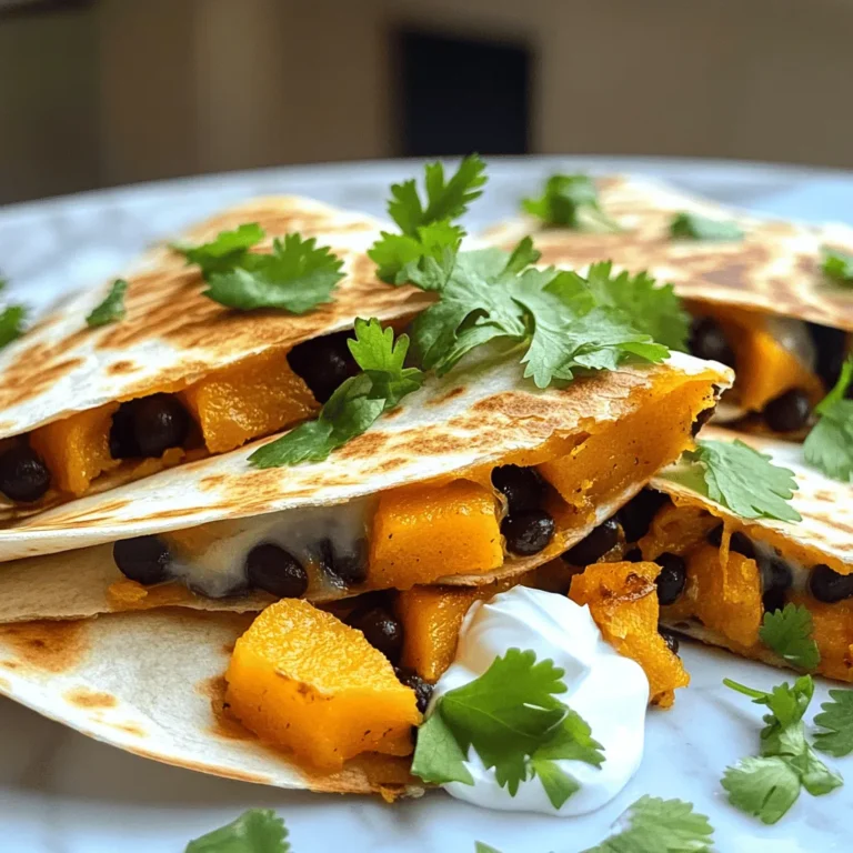 To make Butternut Squash Black Bean Quesadillas, you need a few key ingredients that blend together perfectly. Here’s the list: - Butternut squash (2 cups, peeled and cubed) - Black beans (1 can, 15 oz, rinsed and drained) - Shredded cheese (1 cup, cheddar or Monterey Jack) - Seasonings (1 teaspoon cumin, 1 teaspoon smoked paprika) - Olive oil (1 tablespoon) - Tortillas (4 large flour) - Salt and pepper (to taste) - Garnish (fresh cilantro, chopped) - Serving (sour cream or Greek yogurt) Each ingredient plays a role in making these quesadillas delicious. Butternut squash adds sweetness and a creamy texture. Black beans give protein and heartiness. Cheese brings in that melty goodness we all love. Cumin and smoked paprika add warmth and a bit of smokiness, enhancing the flavors. Using fresh cilantro as a garnish brightens everything up. A dollop of sour cream or Greek yogurt on the side adds a nice, cool contrast. These ingredients come together to create a flavor fusion that is both comforting and exciting. So, gather your items and get ready for a tasty treat! Preheating the Oven First, heat your oven to 400°F (200°C). A hot oven helps the squash cook well. Tossing with Seasonings In a bowl, mix 2 cups of cubed butternut squash with 1 tablespoon of olive oil. Add 1 teaspoon of cumin, 1 teaspoon of smoked paprika, salt, and pepper. Toss until each piece is coated. Roasting Instructions Spread the seasoned squash on a parchment-lined baking sheet. Roast for about 25-30 minutes. You want it tender and slightly caramelized. Take it out and let it cool. Combining Ingredients In a mixing bowl, combine the roasted butternut squash with 1 can of rinsed and drained black beans. This mix gives great flavor and texture. Mashing Technique Use a fork to mash the squash and beans slightly. You want a chunky filling that holds together well. Skillet Preparation Heat a large skillet over medium heat. A well-heated skillet helps the quesadilla get crispy. Assembling the Tortilla Place one large flour tortilla in the skillet. Sprinkle half of your shredded cheese (1 cup total) on one half. Spoon the butternut squash and black bean mixture over the cheese, then fold the tortilla in half. Cooking Instructions Cook for about 3-4 minutes until golden brown. Flip it over and cook for another 3-4 minutes. The cheese should melt, and the tortilla should be crispy. Remove it from the skillet and let it rest for a minute. Slice it into wedges and repeat with the remaining tortillas. Enjoy! - Cooking Time and Temperature: Preheat your oven to 400°F (200°C). This high heat helps to get the squash tender and golden. Roast for 25-30 minutes. Check for tenderness with a fork. - Achieving Caramelization: To get that sweet flavor, coat the squash well with olive oil and spices. The oil helps the squash brown nicely. Turn the cubes halfway through roasting for even color. - Best Cheeses to Use: I prefer cheddar or Monterey Jack for their great melt. Both add a rich flavor that pairs well with the squash and beans. - Ensuring Even Melting: Sprinkle your cheese evenly on half the tortilla. This way, it melts nicely as the quesadilla cooks. Use medium heat to avoid burning the tortilla while ensuring the cheese melts through. - Creative Garnishes: Fresh cilantro adds a bright touch. You can also try diced avocado or lime wedges for extra flavor. - Pairing with Sides: Serve with sour cream or Greek yogurt for creaminess. A side salad or some corn salsa brightens the meal and adds crunch. {{image_2}} Alternative Beans If you want a different taste, you can swap black beans. Try pinto beans or kidney beans. Both options add a nice flavor and texture. Cheese Alternatives For a dairy-free option, use vegan cheese. Nutritional yeast is another great choice for a cheesy flavor without dairy. Adding Spices Spices can change the whole dish. Add chili powder for heat or oregano for a fresh taste. A pinch of garlic powder can also enhance the flavor. Incorporating Veggies Mix in more veggies for added nutrition. Bell peppers, spinach, or corn can give your quesadillas more crunch and color. Just sauté them lightly before adding. Transforming into Tacos Want a fun twist? Use small tortillas to make tacos. Just fold them around the filling and enjoy! Tacos are perfect for parties or a quick meal. Making it Vegan To make these quesadillas vegan, use plant-based cheese and sour cream. This way, everyone can enjoy them, regardless of their diet. After making butternut squash black bean quesadillas, you may have some leftovers. To store them, let them cool down first. Place them in a container with a tight lid. This keeps them fresh for about 3-4 days in the fridge. Best Containers for Storage: - Use glass or plastic containers. - Choose ones with airtight lids. - You can also wrap them in foil or plastic wrap. If you want to store your quesadillas for a longer time, freezing is a great option. Make sure they are completely cooled before freezing. Freezing Tips and Tricks: - Wrap each quesadilla in plastic wrap. - Place them in a freezer bag, squeezing out as much air as possible. - They can last up to 3 months in the freezer. Thawing Before Reheating: - Move the quesadillas from the freezer to the fridge. - Let them thaw overnight. - You can also thaw them in the microwave for a quick option. To enjoy your quesadillas again, proper reheating is key. You want them hot and crispy. Best Methods for Reheating: - Use a skillet over medium heat for best results. - You can also use an oven set to 350°F (175°C). - Microwaving works too, but they may get soggy. Ensuring Quality on Reheat: - If using a skillet, cover it with a lid to melt the cheese. - For the oven, place them on a baking sheet for even heating. - Check they are hot all the way through before serving. Yes, you can use frozen butternut squash. Frozen squash saves time and cuts prep work. It cooks faster, too. However, the texture may differ. Fresh squash tends to be firmer. Frozen squash might be a bit mushy after cooking. If you choose frozen, thaw it first to avoid excess moisture. Drain it well before mixing with the beans. To make these quesadillas gluten-free, use gluten-free tortillas. Many brands offer tasty options. Look for brown rice or corn tortillas. They work well and hold the filling nicely. Make sure to check for cross-contamination if you have serious allergies. You can also try lettuce wraps for a lighter option. These quesadillas pair well with many sides. Consider serving them with: - A fresh salad - Guacamole for extra creaminess - Salsa for a zesty kick - Mexican rice or quinoa for a hearty meal - Roasted veggies for a colorful plate Each side enhances the flavors of the quesadillas. Enjoy mixing and matching! In this post, I covered how to make butternut squash black bean quesadillas. We looked at the key ingredients, cooking steps, and tips for perfect results. You can easily adjust the recipe to your taste with minor variations, and leftovers store well for quick meals. Making these quesadillas at home is fun and rewarding. Enjoy customizing them for your family or guests. Simple steps lead to delicious bites every time. Try it out; you’ll love the flavor and ease.
