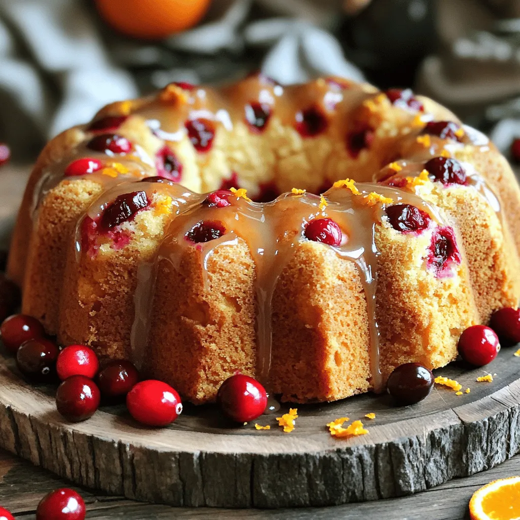 - 1 ½ cups all-purpose flour - 1 teaspoon baking powder - ½ teaspoon baking soda - ½ teaspoon salt - ½ cup unsalted butter, softened - 1 cup granulated sugar - 3 large eggs - 1 teaspoon vanilla extract - Zest of 1 orange - ½ cup freshly squeezed orange juice - 1 cup fresh cranberries (or frozen cranberries, thawed) - ¼ cup powdered sugar (for glaze) - 1 tablespoon orange juice (for glaze) Gather these ingredients to create a tasty cranberry orange pound cake. Each item plays a key role in the flavor and texture. The all-purpose flour gives structure, while baking powder and baking soda help the cake rise. Salt balances the sweetness. Unsalted butter and granulated sugar create a creamy base. Eggs provide moisture and richness. Vanilla extract and orange zest add fragrant notes. The freshly squeezed orange juice brings a bright, citrusy flavor, and cranberries add a tart kick. For the glaze, mix powdered sugar with orange juice. This adds a sweet finish to your cake. Make sure to have all ingredients ready. This will ensure a smooth baking process. Enjoy the joy of mixing these flavors together! First, preheat your oven to 350°F (175°C). This step is key to baking your cake evenly. While the oven heats, grease and flour a 9x5-inch loaf pan. This helps the cake release easily after baking. Next, grab a medium bowl and combine 1 ½ cups of all-purpose flour, 1 teaspoon baking powder, ½ teaspoon baking soda, and ½ teaspoon salt. Whisk them together well. Set this dry mix aside for later. In a large mixing bowl, beat ½ cup of softened unsalted butter with 1 cup of granulated sugar. Mix them for about 3-4 minutes. You want the mixture to be light and fluffy. This adds air, making the cake soft. Now, add 3 large eggs, one at a time. Mix well after each egg. Stir in 1 teaspoon of vanilla extract and the zest of 1 orange. This adds a bright flavor to your cake. Gradually add the flour mixture to the butter mix. Alternate between adding the flour and ½ cup of freshly squeezed orange juice. Start and end with the flour. Mix until just combined. Overmixing can make the cake tough. Gently fold in 1 cup of fresh cranberries. Make sure they are evenly spread throughout the batter. Pour this mixture into the prepared loaf pan and smooth the top with a spatula. Bake for 55-65 minutes. Check for doneness by inserting a toothpick into the center. If it comes out clean, your cake is ready. - Set your oven to 350°F (175°C). This is the best heat for baking. - Bake the cake for 55-65 minutes. The time can change based on your oven. - Use a toothpick to check for doneness. If it comes out clean, the cake is ready. - If you need a dairy-free option, use coconut oil instead of butter. - You can swap granulated sugar with brown sugar for a deeper flavor. - For cranberries, use dried cranberries if fresh ones are not available. Just soak them first. - Frozen cranberries work well, too. Just thaw and drain them before use. - To boost orange flavor, add more zest. It gives a bright taste. - Use fresh orange juice for the best flavor. This keeps the cake moist. - Ensure you do not overmix the batter. This keeps your cake fluffy. {{image_2}} You can change the texture with nuts or chocolate. Try adding ½ cup of chopped walnuts or pecans for crunch. They add great flavor and a nice bite. If you love chocolate, mix in ½ cup of chocolate chips. The chocolate pairs well with the tart cranberries. It creates a sweet and tangy taste that you will love. Want to mix it up? Use lemon or lime instead of orange. Replace the orange zest with lemon zest for a bright twist. You can also swap the orange juice for fresh lime juice. The cake will have a different but fresh flavor. It’s a fun way to enjoy the cake in a new way. Seasonal spices can elevate this cake. Think of adding nutmeg or cinnamon, especially in fall and winter. Just a teaspoon of either spice can warm up the flavor. You can also add a pinch of ginger for a bit of a kick. These spices make the cake feel cozy and festive, perfect for holiday gatherings. To keep your cranberry orange pound cake fresh, wrap it well. Use plastic wrap or aluminum foil. If you plan to store it for longer, consider freezing. Place it in a freezer-safe bag or container. Make sure to remove as much air as possible. This helps prevent freezer burn. To stop your cake from drying out, store it in an airtight container. Keep it at room temperature if you eat it within a few days. If it lasts longer, refrigerate it. Just remember to bring it back to room temp before serving. This keeps the flavors bright and tasty. You can enjoy the pound cake for about three days at room temperature. If you refrigerate it, it lasts up to a week. When frozen, it can stay good for up to three months. Just thaw it in the fridge when you're ready to eat. This way, you always have a sweet treat on hand! Yes, you can use frozen cranberries. Just make sure to thaw them first. To do this, place them in a bowl and let them sit at room temperature for about 1 hour. Drain any excess liquid before folding them into the batter. This step will help keep your cake moist. To check if your pound cake is done, use a toothpick. Insert it into the center of the cake. If it comes out clean or with a few crumbs, the cake is ready. You can also look for a golden-brown color on top. The cake should spring back when lightly pressed. Yes, you can make this cake a day before serving. After it cools, wrap it tightly in plastic wrap. This helps keep the cake moist. Store it at room temperature. You can also freeze it for up to two months. Just remember to thaw it in the fridge overnight before serving. This cake pairs well with many drinks. Enjoy it with tea or coffee for a cozy treat. You can also drizzle it with dessert sauces, like chocolate or caramel. Fresh whipped cream or a scoop of vanilla ice cream adds a nice touch too. To glaze your pound cake, mix powdered sugar with orange juice until smooth. Use a spoon to drizzle it evenly over the cooled cake. Start from the center and let it flow to the edges. This gives a nice shine and makes the cake look beautiful. This blog post covered how to make a delicious cranberry orange pound cake. You learned about essential ingredients, from flour to fresh cranberries and orange juice. I provided clear steps, from mixing to baking and glazing. Helpful tips and creative variations enhance your baking experience. As you try this recipe, remember to explore your own twists. Enjoy the process and share your tasty results! Happy baking!