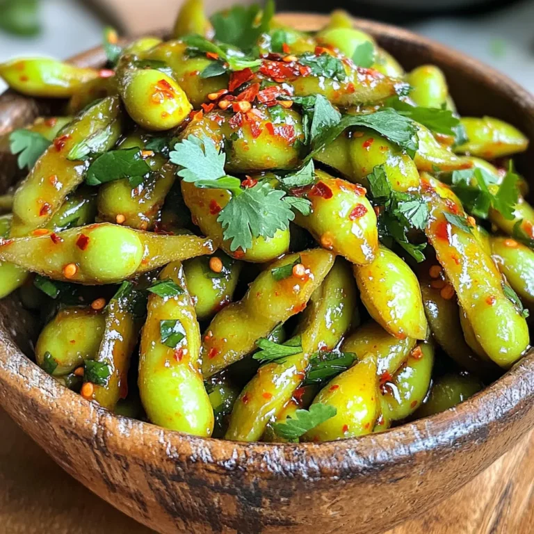 To make the Chili Garlic Edamame Snack, you need the following ingredients: - 2 cups frozen edamame (in pods) - 3 cloves garlic, minced - 2 tablespoons soy sauce - 1 tablespoon sesame oil - 1 teaspoon red pepper flakes (adjust to taste) - 1 tablespoon lime juice - 1 tablespoon fresh cilantro, chopped (for garnish) - Salt to taste When measuring ingredients, accuracy matters. Here’s how to measure: - Edamame: Use a measuring cup. Frozen edamame is often in bags. - Garlic: Mince the garlic cloves finely. Use a knife or a garlic press. - Soy Sauce & Sesame Oil: Use tablespoons for liquid ingredients. Pour carefully. - Red Pepper Flakes: Start with a teaspoon. You can add more later if needed. - Lime Juice: Fresh lime gives the best flavor. Squeeze it and measure. - Cilantro: Chop finely for garnish. A little goes a long way! - Salt: Add to taste. Start with a pinch and adjust as needed. You may wonder if fresh or frozen edamame is better. Here’s what I think: - Frozen Edamame: This is what I use. It’s easy and ready to cook. You can find it in most grocery stores. It is quick to prepare, and it keeps well. - Fresh Edamame: If you find fresh edamame, it can taste sweeter. You will need to cook it longer. Look for bright green pods without blemishes. Using frozen edamame is simple and saves time. Choose what you like best! Start by boiling a pot of water. Use enough water to cover the edamame. Once the water boils, add 2 cups of frozen edamame pods. Cook them for about 4 to 5 minutes. You want them tender but still firm. Drain the edamame and place them in a large mixing bowl. Now, let’s make the sauce. Heat a small skillet over medium heat. Add 1 tablespoon of sesame oil to the skillet. Once the oil is hot, toss in 3 minced garlic cloves. Sauté the garlic for 1 to 2 minutes. Watch closely; you don’t want it to brown. Next, add 2 tablespoons of soy sauce, 1 teaspoon of red pepper flakes, and 1 tablespoon of lime juice. Stir well and cook for another minute. Pour the chili garlic sauce over the cooked edamame. Toss everything together until the edamame are well-coated. Taste and add salt if needed. Finally, transfer the edamame to a serving bowl. Finish with a sprinkle of fresh chopped cilantro. Enjoy your spicy snack! To get the best texture, boil the edamame for 4-5 minutes. Make sure the water is at a rolling boil. This helps the pods cook evenly. After boiling, drain them well. If you leave water, they can become soggy. For extra flavor, you can steam the edamame instead of boiling. Steaming keeps them bright green and tender. It also locks in their natural taste. If you love heat, add more red pepper flakes. Start with the one teaspoon in the recipe. Taste the mixture before adding more. You can also use fresh chili for a different kick. If you prefer less spice, cut back on the flakes. Another option is to add a touch of honey. It balances the heat and adds sweetness. If you want a gluten-free option, try tamari. It has a similar taste and works well in this recipe. Coconut aminos are another great choice. They are slightly sweeter but still add umami. For a soy-free option, use liquid aminos. They give a nice flavor without soy. You can also skip the soy sauce entirely and use more lime juice for zest. {{image_2}} You can change the flavors of your chili garlic edamame easily. For a sweeter touch, add honey or maple syrup. Try swapping lime juice with lemon juice for a different zing. You might also use tamari instead of soy sauce for a deeper flavor. If you enjoy Asian spices, add five-spice powder. This adds warmth and richness. For a Mediterranean flair, sprinkle in some smoked paprika. These tweaks make each bite exciting. Want to make this snack heartier? Add protein! Try tossing in cooked shrimp or grilled chicken. Both pair well with the spicy garlic blend. If you prefer plant-based proteins, add tofu cubes. You can pan-fry or bake the tofu for a crispy texture. Also, consider adding chickpeas for a hearty option. They soak up flavors well, giving you a tasty and filling snack. Keeping it vegan? Great choice! The recipe is already vegan-friendly. Just ensure you use gluten-free soy sauce or tamari. This way, you keep all the flavor without gluten. If you want extra crunch, add roasted nuts like peanuts or cashews. They add a nice bite and work well with the spice. You can also serve the edamame in lettuce wraps for a fun twist. Enjoy exploring these variations to make the snack your own! After enjoying your spicy chili garlic edamame, store any leftovers in an airtight container. Place them in the fridge. They stay fresh for up to three days. Make sure to let them cool before sealing. This helps keep them crunchy. If you want to save some for later, freezing is a great option. Spread the edamame in a single layer on a baking sheet. Freeze them for about one hour. Once frozen, transfer them to a freezer bag. They can last for up to three months. This way, you can enjoy the snack anytime! To reheat, take the frozen edamame and boil them in water for about 3-4 minutes. If they are in the fridge, you can sauté them in a pan. Add a little sesame oil for extra flavor. Heat them just until warm. This keeps the spice and taste just right! Yes, you can use fresh edamame. Fresh edamame cooks faster than frozen. You will need to boil fresh edamame for about 3-4 minutes. This small change keeps the flavor bright and fresh. Just make sure to check for tenderness. To add more heat, increase the red pepper flakes. You can also add fresh chopped chili peppers. Try using a dash of hot sauce for a different kick. Adjust the spice to fit your taste. Start small, then add more as you go. This way, you can find your perfect heat level. You can find chili garlic edamame snacks at many grocery stores. Look in the frozen food section. Some health food stores also carry them. If you want convenience, check online retailers. They often have a wide range of products. You learned about ingredients, preparation, and tasty variations for chili garlic edamame. We discussed fresh versus frozen, spice adjustments, and easy storage tips. I encourage you to try different flavors and protein options to make this snack your own. Remember, simple tweaks can enhance your dish greatly. Enjoy experimenting with your edamame. It’s a great way to enjoy healthy snacks!