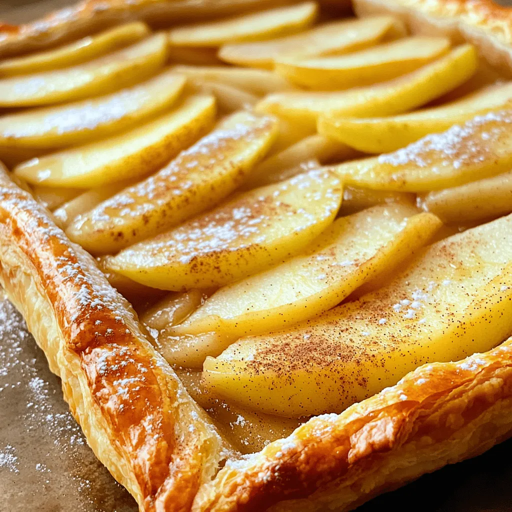 You need one sheet of puff pastry. Make sure it is thawed. Puff pastry is the base of this tart. It puffs up and bakes golden. This adds a nice crunch and flakiness. For the apples, I suggest using Granny Smith or Honeycrisp. These apples taste great when baked. Granny Smith apples give a tart flavor. Honeycrisp apples add a sweet touch. You will need three medium apples. Peel, core, and slice them thinly. You will use several sweeteners and spices. Start with 1/4 cup of brown sugar. This gives a rich sweetness. Add 1 teaspoon of ground cinnamon for warmth. A tablespoon of lemon juice brightens the flavors. Finally, include 1 tablespoon of all-purpose flour. This helps thicken the apple mixture. These ingredients create a lovely balance in your tart. First, you need to preheat your oven to 400°F (200°C). This step is key for a nice, crispy tart. Next, take your thawed puff pastry and place it on a floured counter. Roll it out into a rectangle about 1/8 inch thick. Now, grab a parchment-lined baking sheet and transfer the pastry onto it. Using a knife, score a 1-inch border around the edges. Be careful not to cut all the way through. This little trick helps the edges puff up while baking. In a large bowl, combine three medium apples, preferably Granny Smith or Honeycrisp. Make sure to peel, core, and slice them thinly. Add 1/4 cup of brown sugar, 1 teaspoon of ground cinnamon, 1 tablespoon of lemon juice, and 1 tablespoon of all-purpose flour. Toss everything together until the apples are well coated. This mixture will fill your tart with flavor and sweetness. Now, it’s time to assemble your tart. Arrange the apple mixture evenly inside the scored border of the puff pastry. Make it look nice and even! Next, take a beaten egg and brush it on the edges. This helps the pastry turn golden while baking. Put the tart in the preheated oven and bake for 25-30 minutes. You want the pastry to be puffy and golden, while the apples should be nice and tender. Once done, remove it from the oven and let it cool for a bit. If you like, you can dust it with powdered sugar for a sweet touch. Enjoy your delicious Cinnamon Apple Puff Pastry Tart! To get the best puff pastry, start with cold ingredients. Keep your puff pastry in the fridge until you're ready to use it. This helps it puff up nicely in the oven. When rolling it out, use a light touch. Too much pressure can make it dense. Aim for a rectangle that is about 1/8 inch thick. Don't forget to score the edges. This gives a nice raised border when it bakes. Choosing the right apples is key. I like Granny Smith or Honeycrisp. They are tart and sweet, which balances well with the sugar. When slicing apples, keep them thin, about 1/8 inch. This helps them cook evenly. Use a sharp knife for clean cuts. Always peel and core your apples first. This makes them easier to eat and helps the tart bake evenly. An egg wash gives your tart a beautiful golden color. To make it, beat one egg in a small bowl. Use a pastry brush to apply it to the edges of the puff pastry. Be careful not to let it drip onto the baking sheet. This can cause the pastry to stick. Apply the wash just before you bake. It helps create a shiny finish that looks great on the table. {{image_2}} You can easily add nuts or raisins to your tart. Consider walnuts or pecans for crunch. They add a nice texture and flavor. Just chop them up and mix them in with the apple filling. If you prefer raisins, add about 1/4 cup. They bring a sweet touch that pairs well with apples. Feel free to mix in other fruits for a twist! Pears work great alongside apples. You can also try berries like blueberries or raspberries. Slice them thin and toss them with the apples. This will give your tart a unique taste and color. Just keep the total amount of fruit about the same. Switch up the spices for a new flavor. Instead of just cinnamon, try nutmeg or allspice. These spices add warmth and depth to your tart. You can even use pumpkin spice for a seasonal touch. Just replace cinnamon with 1/2 teaspoon of your chosen spice. This small change can make a big difference! To keep your Cinnamon Apple Puff Pastry Tart fresh, place leftovers in an airtight container. This helps to keep the tart from drying out. Store it in the fridge for up to three days. If you want to keep it longer, freezing is a great option. You can freeze the tart for up to three months. First, let it cool completely. Then, wrap it well in plastic wrap. After that, place it in a freezer-safe bag. Be sure to push out as much air as possible. When you are ready to enjoy it, thaw it in the fridge overnight. To reheat your tart, preheat your oven to 350°F (175°C). Place the tart on a baking sheet. Heat for about 10-15 minutes. This warms it up and keeps it crispy. You can also warm individual slices in a microwave for about 30 seconds, but the crust may lose some crunch. Yes, you can use frozen apples in this tart. Just make sure to thaw them first. Drain any excess liquid to avoid a soggy crust. Frozen apples may be softer than fresh ones. They still add great flavor and sweetness. You will know the tart is done when the edges are golden brown. The puff pastry should look puffy and flaky. The apples should be tender but not mushy. You can check the color and texture around the 25-minute mark. This tart pairs well with vanilla ice cream or whipped cream. You can also serve it with a drizzle of caramel sauce. A sprinkle of cinnamon on top adds extra flavor. A cup of hot tea or coffee complements the tart nicely. This blog post covered how to make a delicious Cinnamon Apple Puff Pastry Tart. We explored the right ingredients, including puff pastry, apples, sweeteners, and spices. I shared step-by-step instructions, tips for success, and creative variations to try. Always store leftovers properly, and I answered common questions to help you succeed in the kitchen. Remember, this tart is not just tasty; it’s fun to make! Enjoy the process and the delicious results!