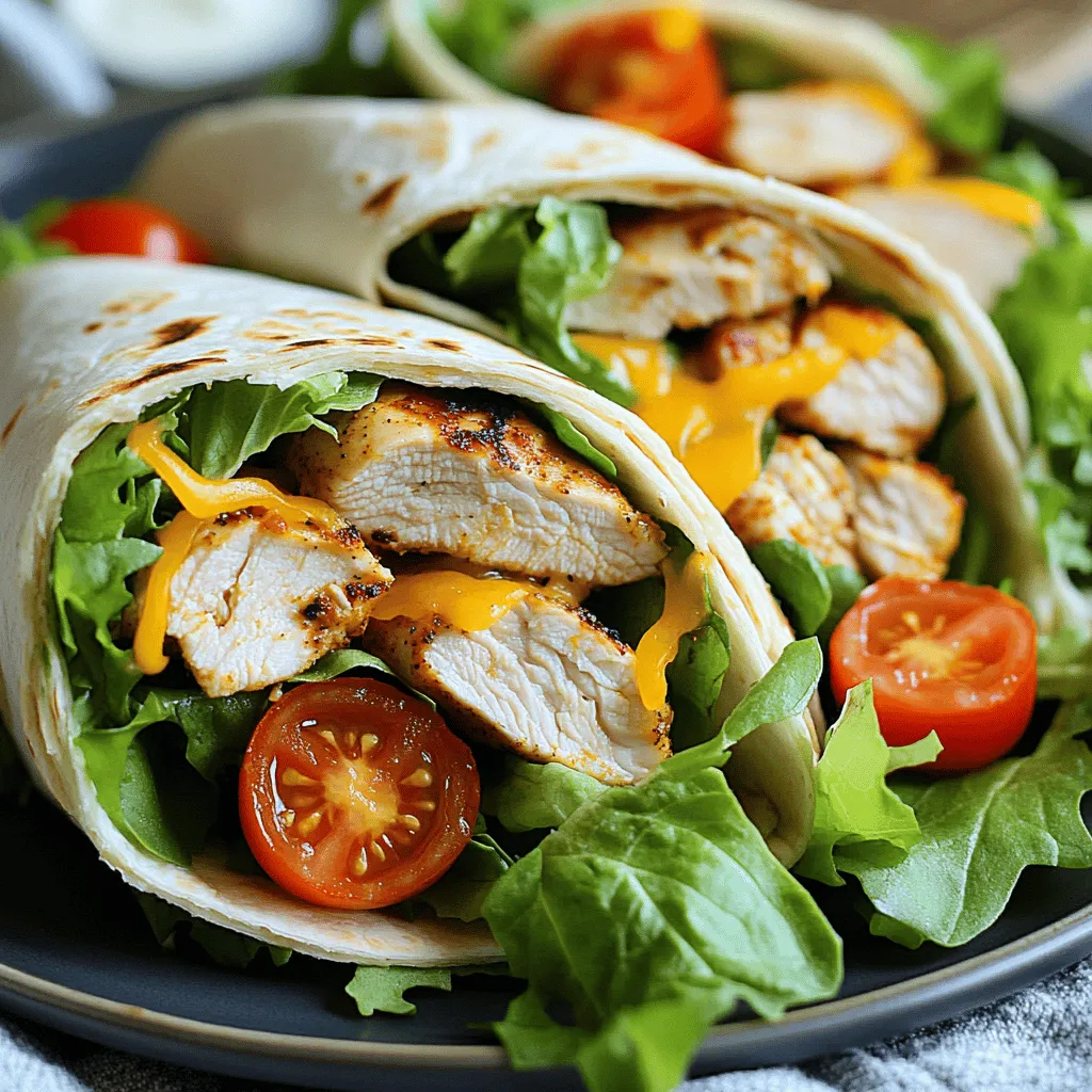 To make Minute Spicy Garlic Chicken Wraps, you need a few key ingredients. Here’s the list: - 2 boneless, skinless chicken breasts, thinly sliced - 2 tablespoons olive oil - 4 cloves garlic, minced - 1 teaspoon paprika - 1 teaspoon red pepper flakes (adjust to taste) - Salt and pepper to taste - 4 large tortillas (flour or whole wheat) - 1 cup mixed greens (spinach, arugula, or any preferred salad mix) - ½ cup cherry tomatoes, halved - ½ cup shredded cheese (cheddar or mozzarella) - ¼ cup ranch dressing or tzatziki sauce These ingredients come together to create a flavorful and spicy meal that is quick and fun to prepare. You can easily adjust the wraps to suit your taste. Here are some optional ingredients: - Avocado slices for creaminess - Sliced bell peppers for crunch - Pickled jalapeños for extra heat - Fresh cilantro or parsley for freshness - Different sauces like sriracha or BBQ for a twist Feel free to mix and match these items to make your wrap truly yours! These wraps shine on their own but can be paired with tasty sides. Here are my favorites: - Crispy sweet potato fries for a hearty side - Fresh fruit salad for a sweet contrast - A light soup, like tomato or minestrone, for warmth - Extra sauce on the side for dipping These serving suggestions make your meal more exciting and satisfying. Enjoy your wraps! First, gather your chicken. You need two boneless, skinless chicken breasts. Slice them thinly. In a bowl, mix together olive oil, minced garlic, paprika, red pepper flakes, salt, and pepper. Add the sliced chicken to this mix. Stir well to coat every piece. Let the chicken sit for 5-10 minutes. This step helps the flavors sink in. Next, heat a non-stick skillet over medium-high heat. Once hot, add the marinated chicken. Cook for about 5-7 minutes. Stir occasionally to avoid sticking. You want the chicken to be cooked through and slightly charred. This gives it a nice flavor and texture. While the chicken cooks, prepare your tortillas. You can warm them in another skillet or microwave for a few seconds. This makes them soft and easy to handle. Now, lay out each tortilla. Start with a handful of mixed greens. Next, add some halved cherry tomatoes. Then, place your spicy garlic chicken on top. Sprinkle with shredded cheese. Drizzle ranch dressing or tzatziki sauce over everything. Now, fold the sides of the tortilla inward. Roll it up from the bottom tightly. This keeps all the tasty fillings inside. Slice the wraps in half diagonally. Serve them right away. You might want extra sauce on the side for dipping. Enjoy your flavorful meal! To get the best flavor in your Minute Spicy Garlic Chicken Wraps, marinate the chicken. Mix the chicken with olive oil, garlic, paprika, red pepper flakes, salt, and pepper. Let it sit for 5-10 minutes. This step helps the chicken absorb all the tasty spices. When cooking, use a non-stick skillet. Medium-high heat works well. Cook the chicken for about 5-7 minutes until it's cooked through and has a nice char. This adds depth to the flavor. You can change the fillings to fit your taste. Use different greens like romaine or kale if you want. For the cheese, mix it up with feta or pepper jack for a kick. You can also add avocado slices or peppers for extra crunch. If you like a sweeter touch, try adding mango or pineapple chunks. The options are endless, so get creative with what you have at home. Having the right tools makes cooking easier. Use a sharp knife for slicing the chicken and veggies. A cutting board is essential for prep work. A non-stick skillet helps cook the chicken without sticking. For wrapping, a clean surface makes it simple to roll your wraps. Lastly, have a spatula on hand for flipping the chicken. These tools will help you make perfect wraps every time. {{image_2}} You can easily make a vegetarian version of the spicy wraps. Instead of chicken, try using grilled vegetables. Bell peppers, zucchini, and mushrooms all work well. Marinate the veggies in olive oil, garlic, and spices just like the chicken. This keeps the bold flavors intact. Also, add protein by using chickpeas or black beans. They give a nice texture and taste. If you want to switch up the protein, there are many options. Turkey or shrimp can be great alternatives. You can also use tofu for a plant-based choice. Just follow the same marinating and cooking steps. Adjust the cooking time as necessary. Shrimp cooks faster, while turkey may take a bit longer. This way, you can enjoy a new flavor each time you make these wraps. To boost the flavor, add your favorite spices or sauces. Try adding cumin or cayenne for extra warmth. You can also use different sauces to change the taste. Instead of ranch or tzatziki, try sriracha or guacamole. If you like it hot, increase the red pepper flakes. If you prefer mild, reduce the amount. Experimenting with these options makes the wraps your own. Enjoy the process of creating your perfect spicy garlic chicken wrap! To store leftover wraps, let them cool first. Wrap each one in plastic wrap. Place them in an airtight container. This keeps them fresh for up to three days in the fridge. If you have extra sauce, store it separately to avoid sogginess. To reheat, use a skillet over medium heat. Place the wrap in the skillet for about 3-4 minutes on each side. This method keeps the wrap crispy and the filling warm. You can also use a microwave. Heat on high for 30-60 seconds. Check if it's warm enough before eating. If you want to freeze the wraps, wrap each one tightly in foil or plastic wrap. Place them in a freezer-safe bag. They can last up to three months in the freezer. To reheat, remove the wrap from the freezer and let it thaw in the fridge overnight. Then, use the skillet method to warm it up. Yes, you can use any type of tortilla. Flour and whole wheat are popular choices. Corn tortillas are also great if you want a gluten-free option. You can even try spinach or tomato wraps for added flavor. Just make sure they are large enough to hold the filling. These wraps can be mild or spicy. The red pepper flakes add heat. You can adjust the amount to match your taste. If you want it spicier, add more flakes. For a milder version, reduce the amount or skip them. The garlic and paprika give flavor without too much heat. You can serve these wraps with many sides. A fresh salad pairs well. You might enjoy some carrot sticks or cucumber slices for crunch. Chips and salsa are also a fun choice. For a heartier meal, try some rice or quinoa on the side. You learned about the key ingredients for Minute Spicy Garlic Chicken Wraps and how to marinate, cook, and assemble them. I shared tips for flavor, customization, and storage too. You can enjoy tasty wraps in different styles like vegetarian or with other proteins. Now, you have what you need to create your own delicious wraps. Get cooking and enjoy the fun!