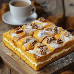 - 1 ½ cups all-purpose flour - 1 teaspoon baking powder - ½ teaspoon baking soda - ½ teaspoon salt - 1 teaspoon ground cinnamon - ½ teaspoon ground nutmeg - ½ cup unsalted butter, softened - 1 cup granulated sugar - 2 large eggs - 1 cup canned pumpkin puree - 1 teaspoon vanilla extract - 8 ounces cream cheese, softened - ¼ cup powdered sugar - 1 teaspoon lemon juice - ½ cup chopped pecans For this recipe, I focus on both dry and wet ingredients. You need to gather these first. The dry ingredients create the cake's structure. The wet ingredients add flavor and moisture. The all-purpose flour gives the cake its base. Baking powder and baking soda help it rise. Salt balances the flavors. Cinnamon and nutmeg add warm spices. For the wet ingredients, softened butter is key. It helps the sugar blend well. Sugar adds sweetness and moisture. Eggs bind everything together. Pumpkin puree gives the cake its flavor and color. Vanilla extract adds a lovely aroma. The cream cheese filling is a star. It adds creaminess and tang. Powdered sugar sweetens it up. Lemon juice brightens the flavors. If you want some crunch, throw in chopped pecans. They add a nice texture to every bite. 1. Preheat your oven to 350°F (175°C). Grease a 9-inch square baking pan or line it with parchment paper. 2. In a medium bowl, whisk together the flour, baking powder, baking soda, salt, cinnamon, and nutmeg. Set this aside for later. 1. In a large mixing bowl, cream together the softened butter and granulated sugar. Mix until it is light and fluffy. 2. Add the eggs one at a time, mixing well after each addition. Then, mix in the pumpkin puree and vanilla extract. Make sure everything is well combined. 3. Gradually add the dry ingredient mixture to the wet mix. Stir until just combined. Do not overmix; this keeps your cake fluffy. 1. In a separate small bowl, beat together the softened cream cheese, powdered sugar, and lemon juice. This will be your creamy filling. 2. Pour half of the pumpkin batter into the prepared baking pan. Spread it evenly. 3. Spoon dollops of the cream cheese mixture over the batter. Then, add the remaining pumpkin batter on top. 4. Use a knife to gently swirl the cream cheese filling into the batter. This creates a lovely marbled effect. 5. If you like, sprinkle chopped pecans on top for added crunch. 6. Bake in the preheated oven for 30 to 35 minutes. A toothpick inserted into the center should come out clean. 7. Allow the coffee cake to cool in the pan for about 10 minutes. Then, transfer it to a wire rack to cool completely. These steps make it easy to create a delicious Pumpkin Cream Cheese Coffee Cake. Enjoy! - Avoid overmixing the batter for a fluffy texture. Overmixing can make the cake dense. Gently fold the dry ingredients into the wet mix until just combined. - Check doneness with a toothpick. Insert a toothpick into the center of the cake. If it comes out clean, it’s done. - Dust with powdered sugar before serving. This adds a sweet touch and makes the cake look pretty. - Serve with coffee for the perfect pairing. A warm slice and a hot cup of coffee are great together. - Using cold ingredients. Make sure your butter and cream cheese are at room temperature. This helps them blend well. - Not properly greasing the baking pan. Always grease the pan to avoid sticking. You can use butter or baking spray. {{image_2}} You can easily change the taste of your coffee cake. - Add chocolate chips for a sweet twist. - Incorporate spices like ginger or cloves for warmth. These small changes can make a big difference. You can create a cake that suits your taste. If you need to adjust the recipe, I have options. - Use gluten-free flour for a safe choice. - Try a vegan version with plant-based cream cheese. These swaps keep the flavor but match dietary needs. You can switch up the ingredients based on the season. - Use butternut squash instead of pumpkin for a unique flavor. - Add a streusel topping for some extra crunch. These modifications keep the recipe fresh and fun all year long. To keep your pumpkin cream cheese coffee cake fresh, store it in an airtight container. Place it at room temperature. This way, it stays soft and tasty. Avoid the fridge, as it can dry out the cake. If you want to enjoy this treat later, freezing works well. First, let the cake cool completely. Then slice it into pieces. Wrap each slice tightly in plastic wrap. After that, put the wrapped slices in a freezer-safe bag. This keeps them safe for up to three months. When you're ready to eat, just thaw them at room temperature. To reheat the cake, use your oven or microwave. For the oven, preheat it to 350°F (175°C). Place the slice on a baking sheet and warm it for about 10 minutes. This helps maintain the cake’s soft texture. If using a microwave, heat each slice for 15-20 seconds. This warms the cake without making it too dry. Enjoy your nice, warm coffee cake! To keep your coffee cake moist, use the right ingredients. Always use unsalted butter at room temperature. This helps create a fluffy texture. Mix the wet and dry ingredients carefully. Overmixing can lead to dryness. Adding a bit of pumpkin puree also boosts moisture. Yes, you can use fresh pumpkin! Start by roasting a small pumpkin. Cut it in half, scoop out the seeds, and bake it. After it cools, mash it until smooth. Fresh pumpkin has a vibrant flavor. Just make sure to measure it the same as canned. I love pairing this cake with a hot cup of coffee. The rich flavors blend well together. You can also serve it with a scoop of vanilla ice cream. For a special touch, try a spiced chai tea. These drinks enhance the warm spices in the cake. This coffee cake lasts about 3 to 4 days at room temperature. Keep it in an airtight container to maintain freshness. You can also freeze it for up to 3 months. Just wrap it tightly in plastic wrap. When ready, let it thaw overnight in the fridge. This blog post showed you how to make a delicious Pumpkin Cream Cheese Coffee Cake. We explored key ingredients, from dry and wet components to optional add-ins. I provided step-by-step instructions for perfect preparation and baking. We discussed helpful tips to avoid common mistakes and offered variations to suit your taste. Finally, we covered storage methods and answered frequently asked questions. Enjoy this tasty treat with friends and family. Happy baking!