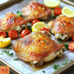 - 4 bone-in, skin-on chicken thighs - 4 cloves garlic, minced - 2 lemons (zest and juice of one, wedges from the other) - 2 tablespoons olive oil - 1 teaspoon dried oregano - 1 teaspoon dried thyme - 1 teaspoon paprika - Salt and pepper, to taste - 1 cup cherry tomatoes, halved - 1 red bell pepper, sliced - Fresh parsley, chopped (for garnish) The main ingredients set the stage for this dish. Chicken thighs with the skin on give a great flavor. Garlic adds a nice kick, while lemons brighten everything up. The olive oil helps the chicken cook well and keeps it moist. For seasonings, oregano, thyme, and paprika bring depth. Salt and pepper balance the flavors. You can adjust these to fit your taste. The vegetables make this meal colorful and tasty. Cherry tomatoes burst with juice, while red bell pepper adds sweetness. Fresh parsley gives a lovely touch when you serve the dish. Having these ingredients ready makes the cooking process smooth. Try to use fresh spices and herbs for the best taste. The mix of savory chicken, zesty lemon, and sweet veggies makes this recipe a standout. You can’t go wrong with these simple yet powerful ingredients. - Preheat the oven to 425°F (220°C). - In a large bowl, mix garlic, lemon zest, lemon juice, olive oil, oregano, thyme, paprika, salt, and pepper. This makes a tasty marinade. - Coat the chicken thighs in the marinade. Ensure each piece gets good coverage. - For more flavor, let it sit for at least 15 minutes. You can also marinate overnight. - Line your baking sheet with parchment paper. This helps with cleanup. - Place the chicken skin-side up on one side of the sheet. - Add halved cherry tomatoes and sliced red bell pepper on the other side. Drizzle them with olive oil and season lightly with salt and pepper. - Place lemon wedges around the chicken and veggies for extra flavor. - Bake in the preheated oven for 35-40 minutes. - Use a meat thermometer to check the chicken. It should reach 165°F (74°C) and have a crispy skin. - Let the chicken rest for about 5 minutes before serving. This helps keep it juicy. - Serve the chicken thighs with roasted vegetables on a large platter. Garnish with fresh parsley for color. Add extra lemon wedges for a fresh touch. For the best flavor, marinate your chicken thighs for at least 15 minutes. However, letting them sit overnight makes a big difference. If you want to adjust the taste, add more lemon juice for tang or extra herbs for depth. Tasting the marinade before adding the chicken helps you find the best balance. Spacing is key! Place the chicken thighs on the baking sheet so they don’t touch. This allows heat to circulate and cooks everything evenly. To get crispy skin, start with a hot oven at 425°F. This high heat helps the fat render, creating that golden finish we all love. Pair your chicken with roasted vegetables like the cherry tomatoes and red bell pepper from the recipe. A fresh salad or fluffy rice also works well. For a fun touch, garnish your dish with fresh parsley and extra lemon wedges. This not only adds color but enhances the flavor too. {{image_2}} You can change things up with different herbs and spices. Try rosemary or basil for a new twist. For a smokier flavor, use cumin or chipotle powder. If you prefer boneless chicken thighs, they work just as well. They cook faster, so check them at 25-30 minutes. You can grill the chicken thighs for a smoky flavor. Just marinate them as usual. Preheat your grill to medium heat. Cook each side for about 6-7 minutes or until they reach 165°F (74°C). If you want to use a skillet, heat olive oil in a pan. Sear chicken thighs skin-side down for 5-7 minutes. Flip them over and cover to cook through. If you prefer a slow cooker, add your marinated chicken and veggies. Cook on low for 6-8 hours or high for 3-4 hours. The chicken will be juicy and tender. You can add seasonal vegetables to your sheet pan. In summer, try zucchini or bell peppers. In fall, think about sweet potatoes or Brussels sprouts. For a touch of sweetness, toss in some apples or pears. You can also switch up the citrus. Use oranges for a sweeter taste or limes for a tangy kick. Each change gives this dish a fresh twist. To keep your lemon garlic herb chicken thighs fresh, cool them first. Place the cooled chicken in airtight containers. Glass containers work well, but plastic ones are fine too. You can store these in the fridge for up to four days. Make sure to include the veggies to enjoy all the flavors. When you want to enjoy leftovers, reheat them safely. The best way is to use the oven. Preheat it to 375°F (190°C). Place the chicken on a baking tray and cover it with foil. This keeps it moist. For crispy skin, remove the foil for the last 10 minutes. You can also use a microwave, but it may not keep the skin crispy. If you want to save some for later, freezing is a great option. Wrap each chicken thigh tightly in plastic wrap. Then, place them in a freezer bag. They can stay in the freezer for up to three months. To thaw, move them to the fridge overnight. This gives the best taste and texture when you reheat. It takes about 35-40 minutes to cook chicken thighs in the oven at 425°F (220°C). This high temperature helps the skin get crispy and golden while keeping the meat juicy. Always check that the internal temperature reaches 165°F (74°C) to ensure it is safe to eat. Yes, you can use other types of chicken for this recipe. Boneless chicken breasts can work well, but they cook faster. Chicken wings also taste great with the same flavors, but you may need to adjust the cooking time. Thighs are my favorite for their rich taste and moist texture. You can serve this chicken with many side dishes. Here are some ideas: - Roasted potatoes - Steamed green beans - A fresh garden salad - Quinoa or rice These sides complement the chicken's zesty flavors and make a balanced meal. This recipe offers a good balance of protein, healthy fats, and veggies. Chicken thighs provide iron and zinc, while garlic can boost your immune system. Olive oil adds heart-healthy fats, and the vegetables bring fiber and vitamins. Overall, it's a nutritious choice for a main dish. To add some heat, consider these tips: - Add red pepper flakes to the marinade. - Use spicy paprika instead of regular paprika. - Mix in some diced jalapeños or chili peppers. These options will give your dish a nice kick without overpowering the lemon and garlic flavors. This blog post has walked you through a flavorful lemon garlic chicken recipe. We covered ingredients, marination, baking, and tips to enhance your dish. Remember, the key is letting the chicken soak in the marinade for the best flavor. Whether you adapt the recipe or try different cooking methods, you can enjoy a tasty meal. Don't forget to store leftovers properly and choose creative side dishes. Enjoy making this dish, and happy cooking!