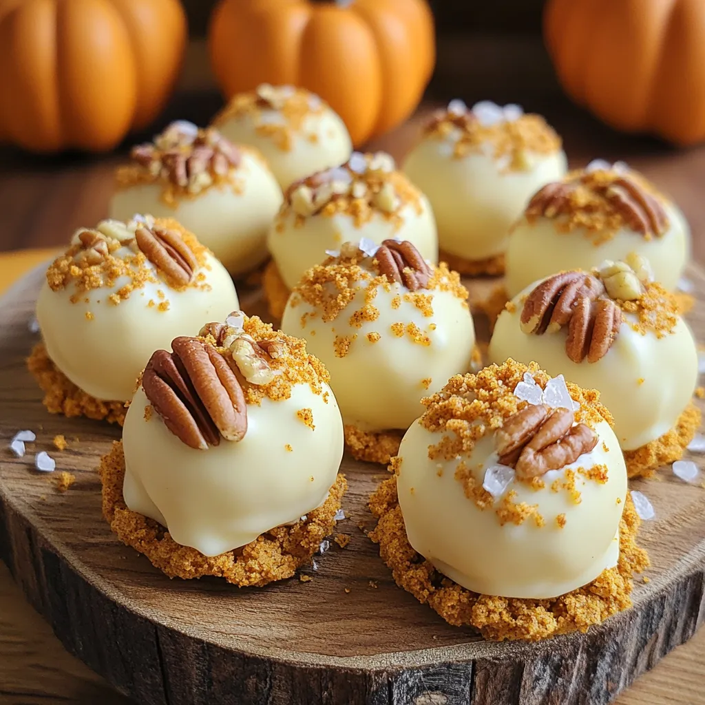 - 8 oz white chocolate, chopped - 1/2 cup heavy cream - 1/4 cup pumpkin puree (not pumpkin pie filling) - 1 teaspoon pumpkin pie spice - 1 teaspoon vanilla extract These ingredients create a rich and creamy base for the truffles. The white chocolate gives a smooth texture. The heavy cream helps to melt the chocolate perfectly. Pumpkin puree adds a warm flavor and moisture. Pumpkin pie spice brings that lovely fall aroma. Vanilla extract enhances all the flavors in the mix. - 1/2 cup crushed graham crackers (for coating) - 1/4 cup finely chopped pecans (optional, for coating) - Sea salt for sprinkling These toppings add different textures and flavors. Crushed graham crackers give a sweet crunch. Chopped pecans add a nutty taste. A sprinkle of sea salt balances the sweetness and deepens the flavor. - Small cookie scoop or tablespoon - Medium saucepan - Parchment-lined baking sheet Using the right tools makes the process easier. A small scoop helps to create even truffles. The saucepan is perfect for melting the chocolate. A parchment-lined baking sheet keeps the truffles from sticking, making cleanup a breeze. 1. To start, heat the heavy cream in a medium saucepan. Use medium heat and bring it just to a simmer. You do not want it to boil. 2. Once it simmers, take it off the heat. Add the chopped white chocolate into the pan. Let it sit for about 2-3 minutes. This helps the chocolate soften. 3. Stir the mixture until it becomes smooth and fully combined. Make sure there are no lumps. 4. Now, add the pumpkin puree, pumpkin pie spice, and vanilla extract. Stir until everything is mixed well and smooth. 1. Place the mixture in the fridge. Let it chill for about 1-2 hours. This will make it firm enough to scoop. 2. Once it’s cool, use a small cookie scoop or a tablespoon. Scoop out portions of the truffle mixture. 3. Roll each scoop between your hands to form a ball. Make sure they are nice and round. 1. Roll the truffles in crushed graham crackers. If you want extra crunch, roll some in finely chopped pecans too. 2. Place the truffles on a parchment-lined baking sheet. 3. After rolling, sprinkle a light dusting of sea salt on each truffle. This adds a nice touch of flavor. 4. Finally, put the truffles back in the fridge for at least 30 minutes. This helps them set completely before serving. To make a great truffle, cooling time is key. After mixing, let the truffle mix chill in the fridge. This helps it firm up. I usually wait about 1-2 hours. If the mix is not cold enough, it won’t hold its shape. Mixing techniques also matter. Stir slowly and gently. This keeps air out and makes the mix smooth. If you whisk too hard, you can add bubbles. Aim for a silky feel. You can customize these truffles with different spices. Try adding a pinch of nutmeg or cinnamon. This adds warmth and depth. I love to play with flavors. It makes each batch unique. Adding extracts can also enhance the taste. A drop of almond or orange extract works well. These extracts give the truffles a fun twist. Experimenting with flavors is part of the fun! For serving, think about how to make them pop. Arrange the truffles on a colorful platter. You can also use a decorative box for gifts. It makes them look special. For a final touch, sprinkle more pumpkin pie spice on top. This adds color and extra flavor. You can also wrap them in clear bags with ribbons. This makes a lovely gift for friends or family. {{image_2}} You can switch up the chocolate for your truffles. Using dark chocolate gives a rich flavor. It balances the sweetness of the white chocolate. If you love dark chocolate, go for it! If you need a dairy-free option, look for dairy-free white chocolate. Many brands make tasty versions. They melt well and taste great in your truffles. This way, everyone can enjoy the treat! Want to play with flavors? Try using different purees, like sweet potato. It gives a fun twist. The taste is still warm and cozy. You can also try butternut squash for a similar flavor. Spice combinations can change the game too. Instead of pumpkin pie spice, use cinnamon and nutmeg. Or try chai spice for a unique kick. Be creative and have fun with it! Looking for a healthier treat? You can reduce the sugar in your truffles. Use less white chocolate or choose a sugar-free option. This keeps the sweetness but lowers the sugar content. Another great idea is to add protein. Mix in nut butter or protein powder. This boosts the nutrition and makes your truffles more filling. You can even add crushed nuts for extra texture. Enjoy experimenting with these ideas! To keep your Pumpkin Spice White Chocolate Truffles fresh, refrigerate them right away. Place them in an airtight container. This helps keep them moist and tasty. Avoid stacking them on top of each other to prevent sticking. These truffles stay fresh for about one week in the fridge. Look for signs of spoilage, like a strange smell or a change in texture. If they feel sticky or look dry, it's best to discard them. You can freeze these truffles to enjoy later. To do this, place them on a baking sheet first. Freeze them for about an hour. Once solid, move them to an airtight container. They can last for up to three months in the freezer. When you're ready to eat them, take them out and let them thaw in the fridge for a few hours. This keeps them creamy and smooth. Yes, you can use store-bought pumpkin puree. It saves time and is easy. However, homemade puree tends to have a fresher taste. Store-bought might also contain added sugars or spices. When using store-bought, check the label to ensure it's pure pumpkin and not pie filling. To check if the chocolate has melted well, look for a smooth texture. Remove it from the heat and stir. If it feels thick or lumpy, it might be overheated. Keep the heat low and stir often. This way, you avoid burning the chocolate. If it looks glossy and blends well with the cream, you're good to go! If you need a substitute for graham crackers, try crushed rice cakes or almond flour. These options give a nice crunch. For a gluten-free choice, use gluten-free graham crackers. You can also use crushed nuts for a different flavor. Each option adds its own twist to the truffles! These pumpkin spice white chocolate truffles are simple and fun to make. You learned about the main ingredients, like white chocolate and pumpkin puree. I shared tips for perfect texture and flavor. You can even try fun variations to suit your taste. Remember, proper storage keeps them fresh longer. Enjoy treating yourself or gifting these delicious truffles. Embrace your creativity in the kitchen and dive into this delightful treat!