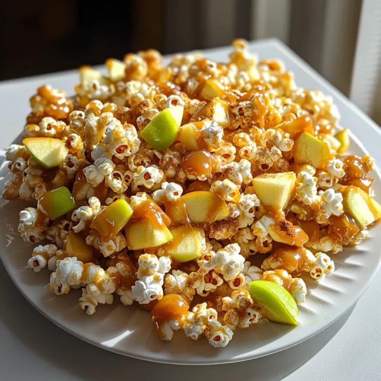 To make caramel apple popcorn clusters, you will need: - 8 cups popped popcorn (about 1/2 cup kernels) - 1 cup chopped apples (preferably Granny Smith) - 1 cup granulated sugar - 1/2 cup unsalted butter - 1/4 cup light corn syrup - 1/2 teaspoon salt - 1/2 teaspoon baking soda - 1 teaspoon vanilla extract - 1 teaspoon cinnamon - 1/2 cup chopped nuts (optional, such as pecans or walnuts) If you want to mix it up, there are easy swaps. Use brown sugar instead of granulated sugar for a deeper flavor. You can also swap the Granny Smith apples for any sweet-tart apple you like. For a nut-free version, skip the nuts or use seeds like pumpkin seeds. Feel free to add some fun extras. Dried cranberries or raisins can give a chewy texture. You can sprinkle some sea salt on top for a sweet and salty twist. If you love chocolate, drizzle some melted chocolate over the clusters after baking. To start, you need to pop the popcorn. You can use an air popper or the stovetop method. Use about 1/2 cup of kernels. Once popped, place the popcorn in a large mixing bowl. Make sure there are no unpopped kernels left behind. This step is key to a great texture. Next, let’s make the caramel. Grab a medium saucepan and set it over medium heat. Combine 1 cup of granulated sugar, 1/2 cup of unsalted butter, 1/4 cup of light corn syrup, and 1/2 teaspoon of salt. Stir this mix constantly until it comes to a boil. Let it boil without stirring for about 4 to 5 minutes. You want it to turn a light golden color. Be careful! It’s hot! After that, remove the pan from heat. Stir in 1/2 teaspoon of baking soda. The mixture will bubble up, so watch your hands! Then, add in 1 teaspoon of vanilla extract and 1 teaspoon of cinnamon. Mix well until combined. Now, it’s time to combine everything. Pour the caramel over the popcorn in the large bowl. Use a spatula to mix and coat all the popcorn evenly. Next, add in 1 cup of chopped apples. If you like, toss in 1/2 cup of chopped nuts too. Gently fold everything together. Once mixed, spread the popcorn mixture onto a baking sheet lined with parchment paper. Make sure it’s in an even layer. Bake this in a preheated oven at 200°F (95°C) for 30 minutes. Stir every 10 minutes to coat evenly and prevent burning. Once done, let it cool completely on the baking sheet. When cool, break it into clusters. Store these yummy treats in an airtight container. Enjoy your tasty fall treat! To make the best popcorn, I always use an air popper or the stovetop. If you use the stovetop, heat oil in a big pot before adding the kernels. Cover the pot and shake it often. This keeps the kernels moving and helps them pop evenly. Once popped, check for unpopped kernels. Remove them to avoid any hard bites later on. The key to great caramel is cooking it just right. Start by mixing sugar, butter, corn syrup, and salt in a saucepan. Heat it over medium heat, stirring as it melts. Once it boils, stop stirring. Let it bubble for 4-5 minutes until it turns light golden. If it's too dark, it might taste burnt. When you add the baking soda, the mix will bubble. This makes the caramel light and fluffy. Once your clusters cool, store them in an airtight container. This keeps them fresh and crunchy. You can serve them in clear bags tied with ribbons for gifts or in a fun bowl for parties. If you store them well, they can last several days. Enjoy sharing this tasty treat with friends and family! {{image_2}} You can change the flavor of caramel apple popcorn clusters easily. For a chocolate twist, add cocoa powder to the caramel. You can also mix in some melted chocolate chips after baking. If you love peanut butter, try adding a spoonful to your caramel mix. This will give your clusters a nutty flavor. For a fun twist, sprinkle some sea salt on top. This will balance the sweetness and add depth. If you want a healthier option, use air-popped popcorn instead of oil-popped. You can swap out granulated sugar for coconut sugar to lower the glycemic index. If you're dairy-free, use coconut oil in place of butter. For a vegan option, use maple syrup instead of corn syrup. These swaps keep the treat tasty while fitting different diets. Fall is perfect for adding seasonal spices. Try adding nutmeg or allspice to your caramel mix. You can also fold in dried cranberries or pumpkin spice for a festive touch. In winter, consider using peppermint extract for a refreshing flavor. You can even add mini marshmallows for a cozy, holiday vibe. Each of these twists makes the caramel apple popcorn clusters special for any season. To keep your caramel apple popcorn clusters fresh, store them in an airtight container. This will help keep moisture out and maintain crunchiness. Use a glass jar or a plastic container with a tight lid. Avoid using bags that can let air in. If you plan to keep them for a while, consider layering clusters with parchment paper. This keeps them from sticking together. When stored correctly, caramel apple popcorn clusters can last up to two weeks. They taste best in the first few days, as freshness is key. After a week, they may start to lose their crunch. To check freshness, simply take a piece and see if it still has a crisp bite. If it feels soft, it’s time to toss it and make a new batch! If your clusters lose some crunch, you can revive them. Preheat your oven to 250°F (120°C). Spread the clusters on a baking sheet lined with parchment paper. Bake for about 5-10 minutes. Keep an eye on them to avoid burning. Let them cool before enjoying again. This simple step can bring back that delightful crunch and flavor! Yes, you can make these clusters ahead of time. They store well for about a week. Just keep them in an airtight container. This keeps them fresh and crunchy. Making them early is great for parties or gifts. To prevent soggy popcorn, coat it quickly with caramel. The heat helps the caramel stick. Also, bake the popcorn in the oven. This dries out any moisture. Stir every ten minutes while baking to keep it crispy. These clusters pair well with warm apple cider or hot chocolate. You can also serve them with vanilla ice cream. The sweet and salty flavors work great together. For a snack mix, add pretzels or chocolate candies. We discussed how to make delicious caramel apple popcorn clusters. You learned about the key ingredients and their substitutions. I shared step-by-step instructions for making the popcorn and caramel. You also got tips for achieving perfect popcorn and storing your treats. In closing, enjoy experimenting with variations and flavors. This snack will impress every time you make it. Follow these steps, and you’ll create a treat everyone loves. Keep it fresh, and share it with friends and family!