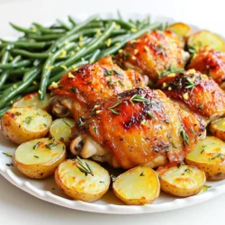 When making garlic butter chicken thighs, you need fresh and tasty ingredients. Here’s what you'll need: - 4 chicken thighs, skin-on and bone-in - 6 cloves garlic, minced - 1 tablespoon fresh rosemary, chopped - 1 tablespoon fresh thyme, chopped - 1 teaspoon paprika - Salt and pepper to taste - 4 tablespoons unsalted butter, melted - 1 pound baby potatoes, halved - 1 pound green beans, trimmed - Zest of 1 lemon - 2 tablespoons fresh lemon juice Each ingredient plays a key role in flavor. The chicken thighs give you juicy meat. Garlic adds a strong, rich taste. Fresh herbs like rosemary and thyme bring in earthy notes. The baby potatoes add heartiness, while green beans give a nice crunch. Butter and lemon juice tie everything together with a creamy and zesty finish. As you gather these ingredients, think about quality. Fresh herbs and good chicken make a big difference. This dish is all about balance and flavor. Enjoy the process of picking each item! First, preheat your oven to 400°F (200°C). This step is key to getting crispy chicken. Next, mix the melted butter with minced garlic, chopped rosemary, thyme, paprika, and fresh lemon juice in a small bowl. This garlic butter will add loads of flavor. Now, take a large sheet pan and place the chicken thighs in the center, skin side up. Drizzle half of the garlic butter mixture over the chicken. Make sure each piece is well-coated. In another bowl, toss the halved baby potatoes in the remaining garlic butter, salt, and pepper. Arrange these potatoes around the chicken on the pan. Lastly, add the trimmed green beans to the pan and drizzle them with a bit of olive oil, salt, and pepper. Bake everything in the oven for 35 to 40 minutes. Check that the chicken reaches an internal temperature of 165°F (75°C) and that the potatoes are tender. Once done, take the pan out of the oven and let it rest for about 5 minutes. This makes the chicken juicier. Before serving, sprinkle lemon zest on top for that fresh kick. Enjoy your delightful meal! Using fresh ingredients is key for great taste. Fresh garlic makes the dish pop. Choose good quality chicken thighs for the best flavor. Fresh herbs like rosemary and thyme add depth. You can also adjust the seasonings. Taste as you go to find your perfect mix. If you like it spicy, add more paprika. For a bright zing, a bit more lemon juice works wonders. Arrange the food well on the sheet pan. Place chicken thighs in the center. Keep space between the pieces for air to flow. Place potatoes around the chicken, then add green beans. This helps everything cook evenly. Use a large sheet pan for best results. A good quality pan helps with even heat. If you have one, a digital meat thermometer is great. It ensures the chicken reaches 165°F (75°C). {{image_2}} You can switch the chicken thighs for boneless cuts. Boneless chicken cooks quicker and is easier to slice. You can also use turkey thighs for a leaner option. If you want more variety, try pork chops or even fish fillets. Just adjust the cooking time based on the protein you choose. Feel free to swap the green beans and potatoes with seasonal veggies. Zucchini and bell peppers work great in this dish. You can also use asparagus in spring or root vegetables in fall. Just cut them to similar sizes, so they cook evenly. This keeps the meal fresh and exciting. Spice it up by adding different herbs or spices. Try smoked paprika for a deeper taste. You can also add a pinch of crushed red pepper for some heat. Fresh basil or parsley can add a nice touch, too. Experiment with flavors to find what you enjoy most. After you enjoy your garlic butter chicken thighs, store any leftovers right away. Place the chicken and veggies in an airtight container. This helps keep them fresh. Store them in the refrigerator for up to three days. If you want to save them longer, freeze the chicken and veggies. They can last in the freezer for up to three months. Just remember to separate the chicken from the veggies before freezing. This way, they keep their best taste and texture. To reheat your garlic butter chicken thighs, use the oven for the best results. Preheat your oven to 350°F (175°C). Place the chicken and veggies in a baking dish. Cover them with foil to keep the moisture in. Heat for about 20-25 minutes until warm. If you're in a hurry, you can use the microwave. Just place your chicken and veggies in a microwave-safe dish. Heat them for 1-2 minutes on high, stirring halfway through. Be careful not to overheat, as this can dry them out. Enjoy your meal just as delicious as before! Bake garlic butter chicken thighs for 35 to 40 minutes at 400°F (200°C). Check that the chicken reaches an internal temperature of 165°F (75°C) for safe eating. This ensures the meat stays juicy while the skin crisps up nicely. Yes, you can marinate chicken thighs in garlic butter. For best results, let them marinate for at least an hour or up to overnight in the fridge. This helps the flavors seep deep into the meat. Just mix the melted butter with garlic, herbs, and lemon juice, then pour it over the chicken. Make sure to cover it well! Great sides for garlic butter chicken thighs include: - Baby potatoes: Their creamy texture balances the garlic butter. - Green beans: They add a nice crunch and color to the plate. - Steamed broccoli: This brings a healthy green touch. - Rice or quinoa: A fluffy base to soak up the delicious juices. Try serving with a fresh salad for extra crunch and flavor! This recipe for garlic butter chicken thighs is easy and full of flavor. You learned how to prepare the chicken, veggies, and the garlic butter mix. I shared tips for even cooking and how to store leftovers properly. Experimenting with different proteins and veggies can keep your meals fresh. In the end, enjoy this simple dish with your favorite sides for a tasty family meal. Cooking should be fun, so get creative and enjoy every bite!