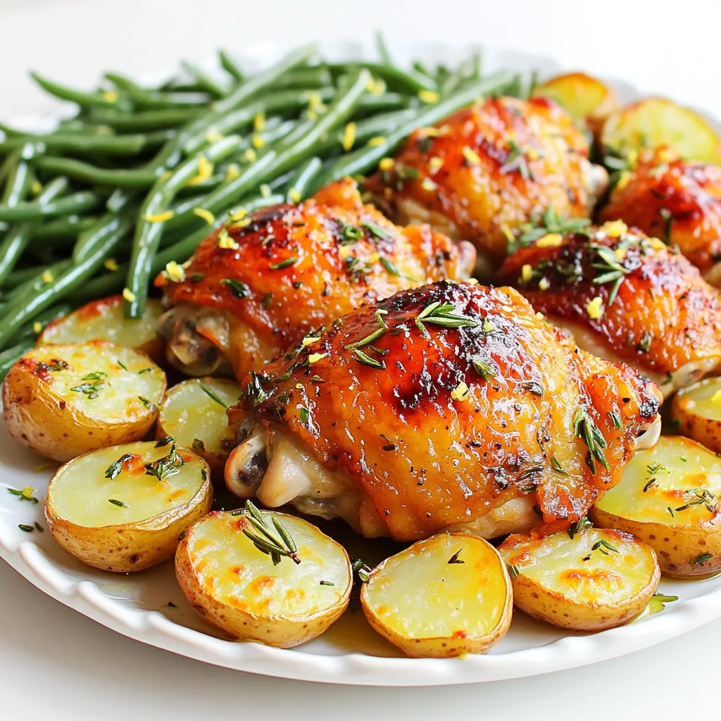 When making garlic butter chicken thighs, you need fresh and tasty ingredients. Here’s what you'll need: - 4 chicken thighs, skin-on and bone-in - 6 cloves garlic, minced - 1 tablespoon fresh rosemary, chopped - 1 tablespoon fresh thyme, chopped - 1 teaspoon paprika - Salt and pepper to taste - 4 tablespoons unsalted butter, melted - 1 pound baby potatoes, halved - 1 pound green beans, trimmed - Zest of 1 lemon - 2 tablespoons fresh lemon juice Each ingredient plays a key role in flavor. The chicken thighs give you juicy meat. Garlic adds a strong, rich taste. Fresh herbs like rosemary and thyme bring in earthy notes. The baby potatoes add heartiness, while green beans give a nice crunch. Butter and lemon juice tie everything together with a creamy and zesty finish. As you gather these ingredients, think about quality. Fresh herbs and good chicken make a big difference. This dish is all about balance and flavor. Enjoy the process of picking each item! First, preheat your oven to 400°F (200°C). This step is key to getting crispy chicken. Next, mix the melted butter with minced garlic, chopped rosemary, thyme, paprika, and fresh lemon juice in a small bowl. This garlic butter will add loads of flavor. Now, take a large sheet pan and place the chicken thighs in the center, skin side up. Drizzle half of the garlic butter mixture over the chicken. Make sure each piece is well-coated. In another bowl, toss the halved baby potatoes in the remaining garlic butter, salt, and pepper. Arrange these potatoes around the chicken on the pan. Lastly, add the trimmed green beans to the pan and drizzle them with a bit of olive oil, salt, and pepper. Bake everything in the oven for 35 to 40 minutes. Check that the chicken reaches an internal temperature of 165°F (75°C) and that the potatoes are tender. Once done, take the pan out of the oven and let it rest for about 5 minutes. This makes the chicken juicier. Before serving, sprinkle lemon zest on top for that fresh kick. Enjoy your delightful meal! Using fresh ingredients is key for great taste. Fresh garlic makes the dish pop. Choose good quality chicken thighs for the best flavor. Fresh herbs like rosemary and thyme add depth. You can also adjust the seasonings. Taste as you go to find your perfect mix. If you like it spicy, add more paprika. For a bright zing, a bit more lemon juice works wonders. Arrange the food well on the sheet pan. Place chicken thighs in the center. Keep space between the pieces for air to flow. Place potatoes around the chicken, then add green beans. This helps everything cook evenly. Use a large sheet pan for best results. A good quality pan helps with even heat. If you have one, a digital meat thermometer is great. It ensures the chicken reaches 165°F (75°C). {{image_2}} You can switch the chicken thighs for boneless cuts. Boneless chicken cooks quicker and is easier to slice. You can also use turkey thighs for a leaner option. If you want more variety, try pork chops or even fish fillets. Just adjust the cooking time based on the protein you choose. Feel free to swap the green beans and potatoes with seasonal veggies. Zucchini and bell peppers work great in this dish. You can also use asparagus in spring or root vegetables in fall. Just cut them to similar sizes, so they cook evenly. This keeps the meal fresh and exciting. Spice it up by adding different herbs or spices. Try smoked paprika for a deeper taste. You can also add a pinch of crushed red pepper for some heat. Fresh basil or parsley can add a nice touch, too. Experiment with flavors to find what you enjoy most. After you enjoy your garlic butter chicken thighs, store any leftovers right away. Place the chicken and veggies in an airtight container. This helps keep them fresh. Store them in the refrigerator for up to three days. If you want to save them longer, freeze the chicken and veggies. They can last in the freezer for up to three months. Just remember to separate the chicken from the veggies before freezing. This way, they keep their best taste and texture. To reheat your garlic butter chicken thighs, use the oven for the best results. Preheat your oven to 350°F (175°C). Place the chicken and veggies in a baking dish. Cover them with foil to keep the moisture in. Heat for about 20-25 minutes until warm. If you're in a hurry, you can use the microwave. Just place your chicken and veggies in a microwave-safe dish. Heat them for 1-2 minutes on high, stirring halfway through. Be careful not to overheat, as this can dry them out. Enjoy your meal just as delicious as before! Bake garlic butter chicken thighs for 35 to 40 minutes at 400°F (200°C). Check that the chicken reaches an internal temperature of 165°F (75°C) for safe eating. This ensures the meat stays juicy while the skin crisps up nicely. Yes, you can marinate chicken thighs in garlic butter. For best results, let them marinate for at least an hour or up to overnight in the fridge. This helps the flavors seep deep into the meat. Just mix the melted butter with garlic, herbs, and lemon juice, then pour it over the chicken. Make sure to cover it well! Great sides for garlic butter chicken thighs include: - Baby potatoes: Their creamy texture balances the garlic butter. - Green beans: They add a nice crunch and color to the plate. - Steamed broccoli: This brings a healthy green touch. - Rice or quinoa: A fluffy base to soak up the delicious juices. Try serving with a fresh salad for extra crunch and flavor! This recipe for garlic butter chicken thighs is easy and full of flavor. You learned how to prepare the chicken, veggies, and the garlic butter mix. I shared tips for even cooking and how to store leftovers properly. Experimenting with different proteins and veggies can keep your meals fresh. In the end, enjoy this simple dish with your favorite sides for a tasty family meal. Cooking should be fun, so get creative and enjoy every bite!