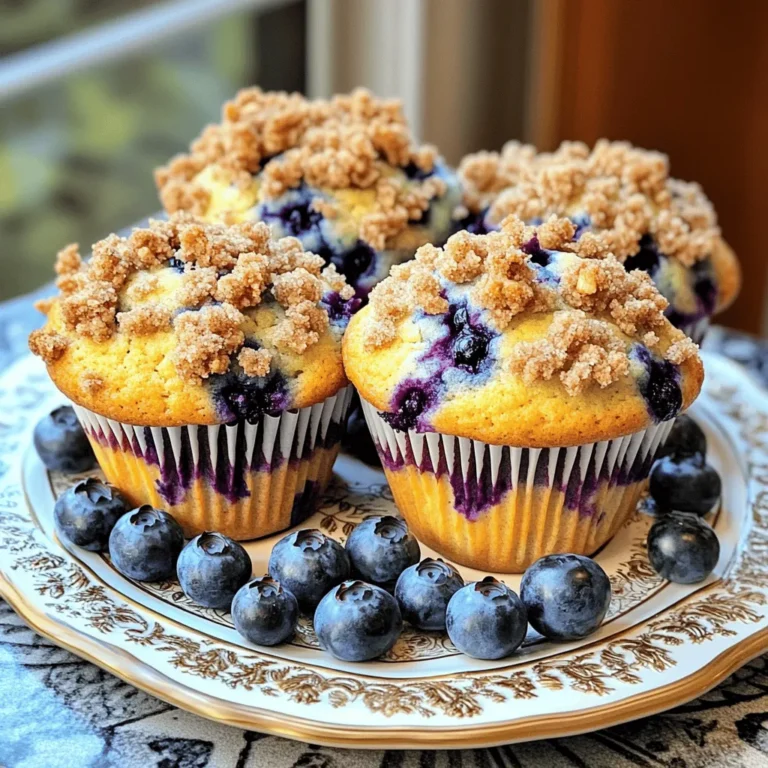 To make delicious blueberry streusel muffins, you need the following main ingredients: - 2 cups all-purpose flour - 1 cup granulated sugar - 1 tablespoon baking powder - ½ teaspoon baking soda - ½ teaspoon salt - ¾ cup unsalted butter, melted - 2 large eggs - 1 teaspoon vanilla extract - 1 cup buttermilk (or milk with 1 tablespoon vinegar) - 2 cups fresh blueberries (or frozen, thawed and drained) These ingredients create a moist muffin with a sweet blueberry burst. The buttermilk adds a nice tang, while the eggs assist in binding. You can make your muffins from scratch or buy them from a store. Homemade muffins taste fresh and allow you to control the ingredients. Store-bought options are convenient but may lack flavor. If you choose store-bought, look for brands that use real blueberries. You can customize your muffins with optional ingredients: - ½ cup brown sugar, packed (for the topping) - ¼ cup rolled oats (for texture) - ¼ cup cold unsalted butter, cubed (for the topping) - 1 teaspoon cinnamon (for spice) Feel free to add nuts, chocolate chips, or different fruits. Experimenting with flavors makes baking fun. 1. Preheat the Oven: Start by setting your oven to 375°F (190°C). This step ensures even baking. Prepare a muffin tin by lining it with paper liners or greasing it lightly. 2. Mix Dry Ingredients: In a large bowl, whisk together 2 cups of all-purpose flour, 1 cup of sugar, 1 tablespoon of baking powder, ½ teaspoon of baking soda, and ½ teaspoon of salt. These are the base flavors of your muffins. 3. Combine Wet Ingredients: In another bowl, mix ¾ cup of melted unsalted butter, 2 large eggs, 1 teaspoon of vanilla extract, and 1 cup of buttermilk until smooth. This mixture adds moisture and richness. 4. Combine Mixtures: Pour the wet mixture into the dry ingredients. Stir gently just until mixed. Be careful not to overmix. This helps keep your muffins light. Fold in 2 cups of fresh blueberries, handling them gently to avoid breaking. 5. Prepare the Streusel Topping: In a small bowl, combine ½ cup of flour, ½ cup of brown sugar, ¼ cup of rolled oats, and 1 teaspoon of cinnamon. Add ¼ cup of cubed cold butter. Use your fingers or a pastry cutter to mix until it looks like coarse crumbs. 6. Fill Muffin Tin: Divide the batter among the muffin cups, filling each about two-thirds full. Sprinkle the streusel topping generously over each muffin for a sweet crunch. 7. Bake: Place the muffin tin in the oven and bake for 18-22 minutes. The muffins should be golden brown. Insert a toothpick into the center to check for doneness; it should come out clean. 8. Cool: Once baked, take the muffins out of the oven. Let them cool in the pan for about 5 minutes. Then, transfer them to a wire rack to cool completely before serving. Ensure your oven is fully preheated. This step is key for perfect muffins. While the oven heats, gather all your ingredients. Prepare your muffin tin to avoid last-minute scrambles. This will keep the baking process smooth. Always use fresh blueberries when possible for the best flavor. - Don’t Overmix: Mixing too much can lead to tough muffins. Stir until just combined. - Measure Accurately: Use the spoon and level method for flour to avoid dense muffins. Too much flour can weigh them down. - Cool Before Serving: Let the muffins cool for a better texture. Serving them warm is great, but cooling helps set the crumb. - Check Doneness Early: Ovens vary, so check your muffins a few minutes before the suggested time. This helps prevent overbaking. These steps ensure that your Blueberry Streusel Muffins turn out delicious and perfect every time. Happy baking! To get soft and fluffy muffins, mix your wet and dry ingredients separately. This helps keep the batter light. When you combine them, stir gently. Overmixing can lead to tough muffins. Also, fill your muffin cups about two-thirds full. This gives them room to rise without spilling over. Store your muffins in an airtight container at room temperature. They stay fresh for about three days. If you want them to last longer, freeze them. Wrap each muffin in plastic wrap and place them in a freezer bag. To reheat, take out a muffin and microwave it for about 20 seconds. Want to jazz up your muffins? You can add lemon zest for a bright kick. Chopped nuts, like pecans or walnuts, add a nice crunch. For a sweet twist, try adding chocolate chips. Mix and match these extras to create your favorite flavor. {{image_2}} You can switch out blueberries for other fruits. Strawberries, raspberries, or blackberries work well. Try adding nuts or chocolate chips for extra crunch and flavor. You can also top your muffins with a drizzle of icing or a sprinkle of powdered sugar. For gluten-free muffins, swap all-purpose flour for a gluten-free blend. Check that the blend has xanthan gum for the right texture. To make these muffins vegan, use flax eggs instead of regular eggs and plant-based milk. Replace butter with coconut oil or vegan butter. Embrace the seasons with your muffins. In fall, add pumpkin spice or chopped apples. In winter, try cranberries and orange zest. For spring, consider fresh lemon zest and poppy seeds. Summer brings a chance to use peaches or cherries, making your muffins bright and fresh. To keep your blueberry streusel muffins fresh, store them in an airtight container. This will prevent them from becoming dry. Place parchment paper between layers if stacking. This helps avoid sticking. Store at room temperature for up to two days. If you want them to last longer, consider freezing them. Freezing muffins is easy and smart. First, cool them completely. Wrap each muffin in plastic wrap. Then, place them in a freezer-safe bag. Remove as much air as possible before sealing. Label the bag with the date. You can freeze them for up to three months. When ready to eat, thaw them in the fridge overnight or warm them in the microwave. Homemade muffins taste best fresh, but they can last. If kept at room temperature, they stay good for about two days. After that, their taste may decline. In the fridge, they last about a week. Always check for signs of mold or spoilage before eating. For ideal flavor and texture, enjoy them warm after reheating. To stop muffins from sinking, do not overmix the batter. Overmixing can make the muffins tough. Also, use fresh baking powder. Check the date on the package. Make sure your oven is preheated, and bake them right away. This keeps the air bubbles intact, giving your muffins lift. Yes, you can use frozen blueberries. Just thaw and drain them first. Frozen berries may release more juice, so reduce the mixing time. This helps keep the muffins from turning blue. The taste will still be great! To make muffins fluffy, use room temperature ingredients. Mix melted butter with eggs and buttermilk well. This adds air to the batter. Also, avoid overmixing. Fold in the blueberries gently. This keeps the batter light. You can add nutmeg or ginger for extra flavor. A pinch of cardamom also works well. These spices add warmth and depth to the streusel. Just remember to keep the balance right so the blueberry flavor shines. Yes, you can substitute buttermilk. Use regular milk and add 1 tablespoon of vinegar. Let it sit for a few minutes. This makes a quick buttermilk. It gives the muffins the same tangy taste. Muffins are done when they are golden brown on top. Insert a toothpick in the center. If it comes out clean, they are ready. The tops should spring back when gently pressed. This means they are perfectly baked. You learned how to make blueberry streusel muffins from scratch. We covered baking steps, tips, and storage. You can customize your muffins with various flavors and ingredients. Remember, the best muffins come from fresh ingredients. Avoid common mistakes to get that perfect texture. Enjoy your baking and share your tasty treats with others!